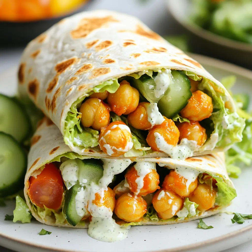 To make these wraps, you need some key items. Here’s what you’ll need: - 1 can (15 oz) chickpeas, drained and rinsed - 1 tablespoon olive oil - 1/4 cup buffalo sauce (store-bought or homemade) - 1/2 teaspoon garlic powder - 1/2 teaspoon onion powder - Salt and pepper to taste - 4 large whole wheat tortillas or wraps - 1 cup shredded lettuce - 1/2 cup diced tomatoes - 1/4 cup diced cucumber - 1/4 cup vegan ranch dressing (store-bought or homemade) These ingredients work together to create a tasty blend of flavors. You can add some fun touches to your wraps. Here are some great options: - Chopped green onions - Avocado slices - Fresh cilantro - Extra buffalo sauce for drizzling These garnishes can give your wraps a fresh look and extra taste. While the vegan ranch dressing adds flavor, you can mix it up with other sauces. Here are some I recommend: - Hummus for a creamy texture - Sriracha for extra heat - Tahini for a nutty flavor Using different sauces can really change the vibe of your wraps. Feel free to experiment and find what you like best! {{ingredient_image_1}} Start by preheating your oven to 400°F (200°C). This step ensures your chickpeas get crispy. While the oven warms, drain and rinse one can of chickpeas. Put them in a mixing bowl. Add one tablespoon of olive oil. Pour in 1/4 cup of buffalo sauce. Next, sprinkle in 1/2 teaspoon of garlic powder and 1/2 teaspoon of onion powder. Season with salt and pepper. Toss everything until the chickpeas are well coated. It should look vibrant and full of flavor. Now, lay out four large whole wheat tortillas on a clean surface. Evenly spread 1 cup of shredded lettuce on each tortilla. Add 1/2 cup of diced tomatoes and 1/4 cup of diced cucumber. These fresh veggies give crunch and color. Once the chickpeas are ready, take them out of the oven and let them cool a bit. Place the crispy chickpeas on top of the veggies in each wrap. Drizzle 1/4 cup of vegan ranch dressing over the top. This dressing adds creaminess and balances the spice. Spread the chickpea mixture on a lined baking sheet. Bake for 20 to 25 minutes. Shake the pan halfway to cook evenly. You want them crispy, not burnt. Once they are done, remove them from the oven and let them cool slightly. The wraps should be rolled tightly. Tuck in the sides as you go to keep everything inside. Finally, cut the wraps in half diagonally. They are ready to serve! If you like, garnish with chopped green onions for extra flavor. To make the chickpeas crispy, start by drying them well. Rinse the chickpeas and drain them. Then, pat them dry with a towel. This step helps remove moisture. Next, toss the chickpeas with olive oil and seasonings. Spread them on a baking sheet in a single layer. Bake them at 400°F for 20-25 minutes. Shake the pan halfway through to cook evenly. You want them golden and crunchy. Whole wheat tortillas work great for these wraps. They add fiber and flavor. You can also use corn tortillas for a gluten-free option. Make sure to choose large tortillas. This size holds more filling. If you want a softer wrap, heat the tortillas briefly in a dry pan. This trick makes them easy to roll. To boost flavor, consider adding spices. A pinch of smoked paprika adds depth. You can also sprinkle some cayenne for extra heat. Fresh herbs like cilantro or parsley brighten the dish. You can mix in diced avocado for creaminess. Lastly, try different sauces. A drizzle of sriracha or a tangy vinaigrette can elevate your wrap. These small tweaks can make a big difference in taste. Pro Tips Use Fresh Ingredients: Fresh vegetables not only enhance the flavor of your wraps but also add essential nutrients. Opt for organic produce when possible for the best taste. Customize the Heat: Adjust the amount of buffalo sauce to your heat preference. Start with a smaller amount and gradually increase it to find your perfect spice level. Make Ahead: Prepare the chickpeas and chop the vegetables in advance for a quick assembly. Store them separately in airtight containers in the fridge to keep them fresh. Experiment with Wraps: Try different types of wraps, such as spinach, tomato, or gluten-free options, to mix up the flavors and colors of your meal. {{image_2}} You can change the veggies in your wraps. Try adding bell peppers for sweetness. Spinach adds a nice green touch. Shredded carrots give a crunchy bite. Use what you love or have at home. Just remember to keep the flavors balanced. Buffalo sauce is great, but you can mix it up! Try BBQ sauce for a smoky twist. A spicy sriracha sauce can add heat and flavor. You could even use tahini for a creamy taste. Each sauce gives a new flavor to your wraps. Want a gluten-free choice? Use corn tortillas instead of wheat ones. They taste great with the chickpeas. Check the sauce labels to ensure they are gluten-free, too. This way, everyone can enjoy these tasty wraps! Store any leftover wraps in an airtight container. Keep them in the fridge for up to three days. The wraps may get soggy, so it's best to eat them fresh. If you want to keep them longer, consider freezing them. To reheat the wraps, unwrap them first. Place them on a baking sheet. Heat in an oven at 350°F (175°C) for about 10-15 minutes. This keeps the wraps crispy. You can also microwave them for about one minute, but they may not be as crispy. You can freeze the chickpea mixture for later use. Let it cool completely after baking. Transfer the chickpeas into a freezer-safe container. They will last up to three months in the freezer. When ready to use, thaw them overnight in the fridge. Reheat them in the oven for the best texture. Yes, you can make these wraps ahead of time. Prepare the chickpea filling and store it in an airtight container. You can keep it in the fridge for up to three days. When you're ready to eat, just warm the chickpeas and assemble the wraps. This saves time and makes meal prep easier. I love serving these wraps with a fresh side salad. You can use mixed greens, carrots, and bell peppers. Another great side is sweet potato fries. They pair well with the spicy chickpeas. You could also serve some crunchy veggie sticks with extra ranch dressing for dipping. To tone down the heat, use less buffalo sauce. You can start with two tablespoons and taste it. If you want even less heat, add more olive oil to balance it out. You might also try a milder sauce. Look for a sweet or mild BBQ sauce as an alternative. Each wrap has about 250 calories. They contain 8 grams of protein, 10 grams of fat, and 30 grams of carbs. These wraps are rich in fiber and packed with nutrients from the veggies. They are a healthy choice for lunch or dinner. In this post, we explored how to make vegan buffalo chickpea wraps. We covered key ingredients, from chickpeas to sauces that enhance flavor. You learned step-by-step how to prepare and assemble the wraps. We also shared tips for crispy chickpeas and storage options. Remember, you can customize these wraps with different veggies and sauces. Making them is fun and rewarding. Enjoy your wraps, and don't be afraid to experiment!