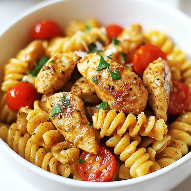 - 8 oz rotini pasta - 2 boneless, skinless chicken breasts, cut into bite-sized pieces - 2 tablespoons Cajun seasoning - 4 cloves garlic, minced - 1 medium onion, diced - 1 red bell pepper, sliced - 1 cup cherry tomatoes, halved - 1 cup heavy cream - 1 cup chicken broth - 2 tablespoons olive oil - 1/2 cup grated Parmesan cheese - Fresh parsley, chopped (for garnish) - Salt and pepper to taste To make Cajun Garlic Chicken Rotini, you need simple yet flavorful ingredients. First, the rotini pasta makes a great base. Its twists hold onto the creamy sauce well. You’ll need 8 ounces. Next, the chicken adds protein. Use two boneless, skinless chicken breasts. Cut them into bite-sized pieces for quick cooking. Cajun seasoning brings the heat. Use 2 tablespoons to add bold flavor. Garlic is key. Four cloves, minced, will give a lovely aroma. Onions and red bell peppers add sweetness and color. Dice one onion and slice one bell pepper. Cherry tomatoes add freshness. Halve a cup for a burst of flavor. For creaminess, you’ll need 1 cup of heavy cream. Chicken broth adds depth. Use 1 cup as well. Olive oil helps sauté the chicken and veggies. You’ll need 2 tablespoons total. Finally, finish with 1/2 cup of grated Parmesan cheese. It adds richness. Don’t forget salt and pepper to taste. Fresh parsley is great for garnish. With these ingredients, you create a delightful dish full of flavor. {{ingredient_image_1}} - Boiling Instructions: Fill a large pot with water and add salt. Bring the water to a rolling boil. Add 8 oz of rotini pasta. Cook it until tender, about 8-10 minutes. You want it al dente, so check the package for exact times. - Setting Aside: Once cooked, drain the pasta in a colander. Rinse it briefly under cold water to stop the cooking. Set it aside for later. - Seasoning Tips: Take 2 boneless, skinless chicken breasts and cut them into bite-sized pieces. Place them in a bowl. Sprinkle 2 tablespoons of Cajun seasoning over the chicken. Mix well to coat all the pieces evenly. - Cooking Method: Heat 1 tablespoon of olive oil in a large skillet over medium-high heat. Add the seasoned chicken pieces. Cook for about 5-7 minutes until they turn golden brown and are no longer pink. Once done, remove the chicken from the skillet and set aside. - Recommended Cook Time: In the same skillet, add another tablespoon of olive oil. Toss in the diced onion and sliced red bell pepper. Cook these for about 3-4 minutes. The onions should become translucent. - Tips for Flavor: Add 4 cloves of minced garlic during the last minute of cooking. This step creates a strong aroma and adds depth to the dish. - Mixing with Cream: Stir in 1 cup of halved cherry tomatoes and cook for another 2 minutes. Reduce the heat to medium-low. Then, pour in 1 cup of heavy cream and 1 cup of chicken broth. Stir until everything is mixed well. - Tossing in Pasta: Return the cooked chicken to the skillet. Add the drained rotini pasta. Toss everything gently, ensuring the pasta is well coated with the creamy sauce. - Adding Cheese and Seasoning: Remove the skillet from the heat. Stir in 1/2 cup of grated Parmesan cheese. Taste and season with salt and pepper if needed. - Presentation Ideas: Serve the dish hot. Garnish with fresh chopped parsley for a pop of color. This adds both flavor and a nice touch to your plate. You can change the spice in this dish. If you like it mild, use less Cajun seasoning. For more heat, add a bit more. Taste as you cook. That way, you can find the right balance for you. To make your dish extra creamy, use more heavy cream. You can also stir in some cream cheese. This adds richness and a smooth texture. Always mix well to coat the pasta evenly. A large, non-stick skillet works best. It helps to cook the chicken evenly. The non-stick surface makes cleanup easy too. If you prefer, a cast-iron skillet adds great flavor. Just remember to keep it seasoned. Choose a big pot for boiling rotini. A pot with a wide base helps cook the pasta evenly. Make sure it has a lid to speed up boiling. A colander is also helpful for draining the pasta. Cajun Garlic Chicken Rotini goes well with a fresh salad. A light Caesar salad adds crunch. You could also serve it with garlic bread. The bread will soak up the tasty sauce. Try pairing with steamed green beans or roasted asparagus. Both add color and nutrients. For a heartier side, consider mashed potatoes. They complement the creamy sauce nicely. Pro Tips Perfect Pasta: Always cook your pasta al dente for the best texture; it will continue to cook slightly when mixed with the sauce. Seasoning Balance: Taste your dish as you go and adjust the seasoning. The Cajun seasoning can vary in spice, so add salt and pepper gradually. Creamy Consistency: If the sauce is too thick, add a splash more chicken broth or cream to reach your desired consistency. Fresh Herbs: Garnish with fresh parsley just before serving for a burst of color and flavor that brightens the dish. {{image_2}} You can switch the chicken for shrimp in this dish. Shrimp cooks fast and brings a nice flavor. Just sauté it until it turns pink, then add it to the sauce. Another great option is sausage. Use andouille sausage for a true Cajun flair. Slice it and cook it in the skillet until it gets a nice color. This adds depth and a spicy kick. For a meatless version, try using plant-based chicken. These substitutes work well in the sauce. Just cook them as you would regular chicken. You can also add more vegetables. Spinach, zucchini, or mushrooms can boost the dish's flavor and nutrition. Toss them in with the onions for extra taste. If you need a gluten-free option, swap the rotini for gluten-free pasta. Many brands offer great flavors and textures. Just follow the package instructions for cooking. For a low-calorie version, use less cream or a lighter alternative. You can try half-and-half or even Greek yogurt for creaminess. This keeps the dish tasty but lighter. - Storing Leftovers: Once your Cajun Garlic Chicken Rotini cools, put it in an airtight container. This keeps it fresh and tasty. - Shelf Life: Properly stored, the dish lasts up to three days in the fridge. Always check for any signs of spoilage before eating. - How to Properly Freeze: To freeze, let the dish cool completely. Then, place it in a freezer-safe container. You can also use freezer bags, removing as much air as you can. Label the bags with the date. - Reheating Guidelines: When you’re ready to eat, thaw it in the fridge overnight. Reheat in a skillet over low heat, adding a splash of chicken broth or cream to keep it creamy. You can also use a microwave, heating in short bursts and stirring in between. You can swap heavy cream for several options. Here are a few alternatives: - Alternative Creamy Options - Half-and-half: It gives a nice creamy texture. - Greek yogurt: This adds creaminess and a tangy taste. - Sour cream: It offers a thick texture and rich flavor. - Vegan Alternatives - Coconut cream: This adds a sweet flavor and creamy texture. - Cashew cream: Blend soaked cashews with water for a smooth mix. - Almond milk with cornstarch: Mix almond milk with a bit of cornstarch to thicken. Yes, you can make it ahead. Here are some prep tips: - Prep Ahead Tips - Cook the rotini and chicken a day before. - Chop the vegetables and store them in the fridge. - Storage Recommendations - Place leftovers in an airtight container. - Store in the fridge for up to three days. You can easily add more heat to your dish. Here are some options: - Adding Heat Options - Cajun seasoning: Add more to the chicken for extra spice. - Red pepper flakes: Sprinkle these in the sauce for a kick. - Ideal Spice Combinations - Paprika: It adds warmth and a slight smokiness. - Black pepper: Freshly ground will enhance the heat. This dish is simple to make and full of flavor. We explored the key ingredients, step-by-step instructions, and helpful tips. You can adjust spice levels and use different proteins. Remember, leftovers can go in the fridge or freezer. Whether you serve it with friends or enjoy it solo, Cajun Garlic Chicken Rotini will always shine. Get started, and enjoy your creation!