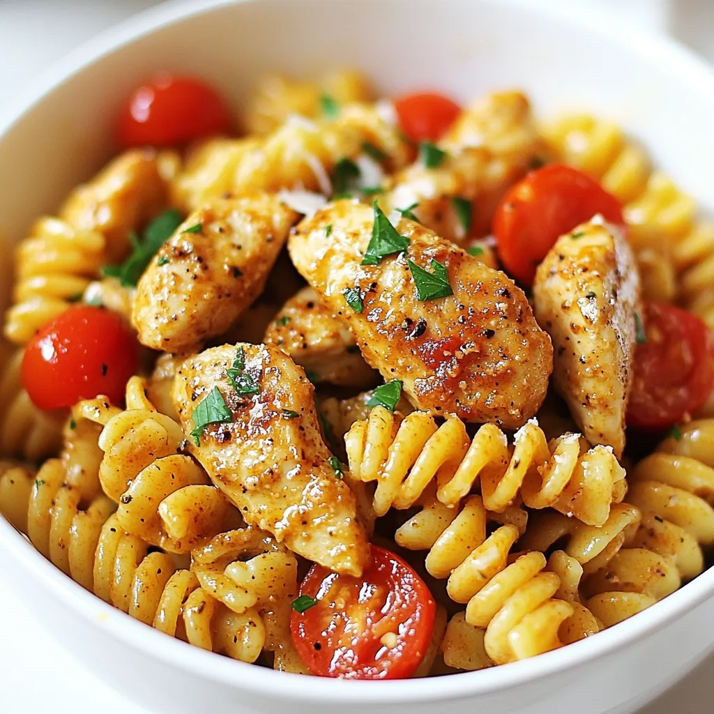 - 8 oz rotini pasta - 2 boneless, skinless chicken breasts, cut into bite-sized pieces - 2 tablespoons Cajun seasoning - 4 cloves garlic, minced - 1 medium onion, diced - 1 red bell pepper, sliced - 1 cup cherry tomatoes, halved - 1 cup heavy cream - 1 cup chicken broth - 2 tablespoons olive oil - 1/2 cup grated Parmesan cheese - Fresh parsley, chopped (for garnish) - Salt and pepper to taste To make Cajun Garlic Chicken Rotini, you need simple yet flavorful ingredients. First, the rotini pasta makes a great base. Its twists hold onto the creamy sauce well. You’ll need 8 ounces. Next, the chicken adds protein. Use two boneless, skinless chicken breasts. Cut them into bite-sized pieces for quick cooking. Cajun seasoning brings the heat. Use 2 tablespoons to add bold flavor. Garlic is key. Four cloves, minced, will give a lovely aroma. Onions and red bell peppers add sweetness and color. Dice one onion and slice one bell pepper. Cherry tomatoes add freshness. Halve a cup for a burst of flavor. For creaminess, you’ll need 1 cup of heavy cream. Chicken broth adds depth. Use 1 cup as well. Olive oil helps sauté the chicken and veggies. You’ll need 2 tablespoons total. Finally, finish with 1/2 cup of grated Parmesan cheese. It adds richness. Don’t forget salt and pepper to taste. Fresh parsley is great for garnish. With these ingredients, you create a delightful dish full of flavor. {{ingredient_image_1}} - Boiling Instructions: Fill a large pot with water and add salt. Bring the water to a rolling boil. Add 8 oz of rotini pasta. Cook it until tender, about 8-10 minutes. You want it al dente, so check the package for exact times. - Setting Aside: Once cooked, drain the pasta in a colander. Rinse it briefly under cold water to stop the cooking. Set it aside for later. - Seasoning Tips: Take 2 boneless, skinless chicken breasts and cut them into bite-sized pieces. Place them in a bowl. Sprinkle 2 tablespoons of Cajun seasoning over the chicken. Mix well to coat all the pieces evenly. - Cooking Method: Heat 1 tablespoon of olive oil in a large skillet over medium-high heat. Add the seasoned chicken pieces. Cook for about 5-7 minutes until they turn golden brown and are no longer pink. Once done, remove the chicken from the skillet and set aside. - Recommended Cook Time: In the same skillet, add another tablespoon of olive oil. Toss in the diced onion and sliced red bell pepper. Cook these for about 3-4 minutes. The onions should become translucent. - Tips for Flavor: Add 4 cloves of minced garlic during the last minute of cooking. This step creates a strong aroma and adds depth to the dish. - Mixing with Cream: Stir in 1 cup of halved cherry tomatoes and cook for another 2 minutes. Reduce the heat to medium-low. Then, pour in 1 cup of heavy cream and 1 cup of chicken broth. Stir until everything is mixed well. - Tossing in Pasta: Return the cooked chicken to the skillet. Add the drained rotini pasta. Toss everything gently, ensuring the pasta is well coated with the creamy sauce. - Adding Cheese and Seasoning: Remove the skillet from the heat. Stir in 1/2 cup of grated Parmesan cheese. Taste and season with salt and pepper if needed. - Presentation Ideas: Serve the dish hot. Garnish with fresh chopped parsley for a pop of color. This adds both flavor and a nice touch to your plate. You can change the spice in this dish. If you like it mild, use less Cajun seasoning. For more heat, add a bit more. Taste as you cook. That way, you can find the right balance for you. To make your dish extra creamy, use more heavy cream. You can also stir in some cream cheese. This adds richness and a smooth texture. Always mix well to coat the pasta evenly. A large, non-stick skillet works best. It helps to cook the chicken evenly. The non-stick surface makes cleanup easy too. If you prefer, a cast-iron skillet adds great flavor. Just remember to keep it seasoned. Choose a big pot for boiling rotini. A pot with a wide base helps cook the pasta evenly. Make sure it has a lid to speed up boiling. A colander is also helpful for draining the pasta. Cajun Garlic Chicken Rotini goes well with a fresh salad. A light Caesar salad adds crunch. You could also serve it with garlic bread. The bread will soak up the tasty sauce. Try pairing with steamed green beans or roasted asparagus. Both add color and nutrients. For a heartier side, consider mashed potatoes. They complement the creamy sauce nicely. Pro Tips Perfect Pasta: Always cook your pasta al dente for the best texture; it will continue to cook slightly when mixed with the sauce. Seasoning Balance: Taste your dish as you go and adjust the seasoning. The Cajun seasoning can vary in spice, so add salt and pepper gradually. Creamy Consistency: If the sauce is too thick, add a splash more chicken broth or cream to reach your desired consistency. Fresh Herbs: Garnish with fresh parsley just before serving for a burst of color and flavor that brightens the dish. {{image_2}} You can switch the chicken for shrimp in this dish. Shrimp cooks fast and brings a nice flavor. Just sauté it until it turns pink, then add it to the sauce. Another great option is sausage. Use andouille sausage for a true Cajun flair. Slice it and cook it in the skillet until it gets a nice color. This adds depth and a spicy kick. For a meatless version, try using plant-based chicken. These substitutes work well in the sauce. Just cook them as you would regular chicken. You can also add more vegetables. Spinach, zucchini, or mushrooms can boost the dish's flavor and nutrition. Toss them in with the onions for extra taste. If you need a gluten-free option, swap the rotini for gluten-free pasta. Many brands offer great flavors and textures. Just follow the package instructions for cooking. For a low-calorie version, use less cream or a lighter alternative. You can try half-and-half or even Greek yogurt for creaminess. This keeps the dish tasty but lighter. - Storing Leftovers: Once your Cajun Garlic Chicken Rotini cools, put it in an airtight container. This keeps it fresh and tasty. - Shelf Life: Properly stored, the dish lasts up to three days in the fridge. Always check for any signs of spoilage before eating. - How to Properly Freeze: To freeze, let the dish cool completely. Then, place it in a freezer-safe container. You can also use freezer bags, removing as much air as you can. Label the bags with the date. - Reheating Guidelines: When you’re ready to eat, thaw it in the fridge overnight. Reheat in a skillet over low heat, adding a splash of chicken broth or cream to keep it creamy. You can also use a microwave, heating in short bursts and stirring in between. You can swap heavy cream for several options. Here are a few alternatives: - Alternative Creamy Options - Half-and-half: It gives a nice creamy texture. - Greek yogurt: This adds creaminess and a tangy taste. - Sour cream: It offers a thick texture and rich flavor. - Vegan Alternatives - Coconut cream: This adds a sweet flavor and creamy texture. - Cashew cream: Blend soaked cashews with water for a smooth mix. - Almond milk with cornstarch: Mix almond milk with a bit of cornstarch to thicken. Yes, you can make it ahead. Here are some prep tips: - Prep Ahead Tips - Cook the rotini and chicken a day before. - Chop the vegetables and store them in the fridge. - Storage Recommendations - Place leftovers in an airtight container. - Store in the fridge for up to three days. You can easily add more heat to your dish. Here are some options: - Adding Heat Options - Cajun seasoning: Add more to the chicken for extra spice. - Red pepper flakes: Sprinkle these in the sauce for a kick. - Ideal Spice Combinations - Paprika: It adds warmth and a slight smokiness. - Black pepper: Freshly ground will enhance the heat. This dish is simple to make and full of flavor. We explored the key ingredients, step-by-step instructions, and helpful tips. You can adjust spice levels and use different proteins. Remember, leftovers can go in the fridge or freezer. Whether you serve it with friends or enjoy it solo, Cajun Garlic Chicken Rotini will always shine. Get started, and enjoy your creation!