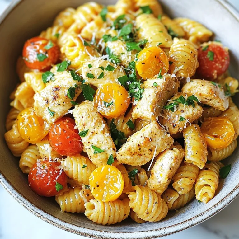 To make Cowboy Butter Chicken Pasta, you will need simple but fresh ingredients. Here’s what you’ll gather for this tasty dish: - 2 chicken breasts, diced - 8 oz (about 225g) pasta of your choice (e.g., fettuccine) - 1/2 cup unsalted butter - 4 cloves garlic, minced - 1 tbsp fresh rosemary, chopped - 1 tbsp fresh thyme, chopped - 1 tbsp lemon juice - 1 tsp paprika - 1/2 tsp cayenne pepper (adjust to taste) - Salt and pepper to taste - 1/2 cup cherry tomatoes, halved - 1/4 cup chopped fresh parsley for garnish - Grated Parmesan cheese for serving (optional) Each ingredient plays a key role in creating the rich flavor of this meal. The chicken adds protein, while the pasta provides a comforting base. Butter and garlic bring warmth and depth to the sauce. Fresh herbs like rosemary and thyme enhance the flavor, making it bright and fragrant. The spices, like paprika and cayenne, give the dish a little kick. Don’t forget the lemon juice—it adds a refreshing touch that balances the richness of the butter. The cherry tomatoes offer a burst of sweetness and color. Finally, fresh parsley and Parmesan cheese elevate the dish, making it look and taste gourmet. Gather these ingredients, and you’ll be ready to create a delicious meal that impresses everyone at your table! {{ingredient_image_1}} Start by boiling water in a large pot. Add salt to the water for flavor. Next, add your pasta of choice. Cook it according to the package instructions until it is al dente. This usually takes about 8 to 10 minutes. Once it’s done, drain the pasta in a colander. Remember to save about one cup of the pasta water. You will need it later. In a large skillet, melt half a cup of unsalted butter over medium heat. When the butter is melted, add four cloves of minced garlic. Sauté the garlic for one to two minutes. Watch it closely so it does not burn. Next, add the diced chicken breasts to the skillet. Season the chicken with salt, pepper, paprika, and cayenne pepper. Cook the chicken for about six to eight minutes until it is browned and cooked through. Once the chicken is ready, add a tablespoon of chopped rosemary and thyme. Squeeze in one tablespoon of lemon juice. Stir everything well to mix the flavors. Now, it is time to fold in the cooked pasta and half a cup of halved cherry tomatoes. Drizzle in some reserved pasta water as you mix. This helps create a creamy sauce. Toss everything to ensure it is well combined and heated through. To keep your chicken juicy, choose the right heat. Cook the chicken on medium heat. This helps it brown nicely without drying out. Use a meat thermometer to check for doneness. The chicken should reach 165°F. For a creamy sauce, add pasta water little by little. This helps create a rich, smooth texture. Stir often to mix the pasta and chicken well. Let the flavors blend for a minute or two. Adjust spice levels to fit your taste. If you like it mild, use less cayenne pepper. For a kick, add more. Taste as you go. This way, you can find the right balance. Garnishes make your dish shine. Fresh parsley adds color and flavor. Grated Parmesan cheese brings richness to every bite. You can mix and match based on your mood! Pro Tips Perfectly Cooked Pasta: Always cook your pasta al dente for the best texture. It should have a slight bite to it, ensuring it holds up well when mixed with the sauce. Butter Temperature: Make sure your butter is melted over medium heat to avoid burning the garlic. If it starts to brown too quickly, lower the heat. Seasoning Balance: Taste your dish as you go! Adjust the seasoning with salt, pepper, and lemon juice to ensure a well-balanced flavor throughout. Fresh Herbs: Use fresh herbs whenever possible for a brighter, more vibrant flavor. If using dried herbs, remember to reduce the quantity as they are more concentrated. {{image_2}} You can easily swap chicken for shrimp or tofu. Shrimp cooks fast and adds a nice flavor. Just sauté it the same way you do the chicken. For tofu, press it first to remove extra water. Cut it into cubes and cook until golden. This gives you more options for taste and texture. If you want gluten-free pasta, use rice or lentil pasta. Whole wheat pasta is another great choice. It adds more fiber and has a nutty taste. Both options work well with the sauce and keep the dish hearty. Feel free to add vegetables like spinach, bell peppers, or zucchini. They bring color and extra nutrients. You can also toss in more herbs, like basil or oregano, for a fresh touch. This makes the dish more vibrant and even tastier. To keep your Cowboy Butter Chicken Pasta fresh, store it in an airtight container. Make sure it cools down to room temperature first. This helps to avoid steam build-up, which can make the pasta soggy. Try to eat the leftovers within three to four days. If you want to keep it longer, consider freezing it. Portion it out in freezer-safe bags. Then, you can enjoy it later! When it's time to reheat, you have a few options. The best way is to use a skillet. Add a splash of water or chicken broth to the pan. Heat over medium-low heat. Stir often to keep it from sticking. This method helps revive the creamy sauce without drying out the chicken. You can also use the microwave. Place the pasta in a microwave-safe bowl. Add a little water and cover it. Heat in short bursts, stirring in between, until warm. This keeps the flavors intact. Enjoy your meal! To make Cowboy Butter Chicken Pasta, you start by cooking your pasta. Use the package instructions to get it just right. While the pasta cooks, melt butter in a skillet over medium heat. Add minced garlic and cook for a minute. Next, add diced chicken, seasoning it with salt, pepper, paprika, and cayenne. Cook until the chicken is browned. Then, mix in chopped rosemary, thyme, and lemon juice. Finally, combine the chicken with the pasta and halved cherry tomatoes, using some reserved pasta water to create a creamy sauce. Toss everything well, and you’re ready to serve! Yes, you can surely use different herbs! If you don’t have rosemary or thyme, try basil or oregano. You can also use dried herbs if you don’t have fresh ones. Just remember, dried herbs are stronger, so use less. Mix and match to find your favorite flavor combo! Fettuccine works great for this recipe, but you can use other types too. Penne or farfalle are good choices as they hold sauce well. If you like a bite, try rotini. The shape of the pasta helps catch all that tasty sauce. Choose what you love! This blog post covered a tasty dish: Cowboy Butter Chicken Pasta. You learned about each ingredient and how to cook them step by step. I shared tips to keep the chicken juicy and tricks for a creamy sauce. I also gave ideas for variations and storage. To sum up, cooking can be fun and simple. You can mix and match flavors to suit your taste. Enjoy making this dish and impress your family and friends. Happy cooking!
