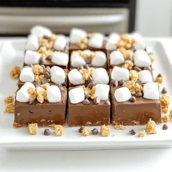 - 1 cup graham cracker crumbs - ½ cup unsweetened cocoa powder - ½ cup granulated sugar - ½ cup unsalted butter, melted - 1 cup mini marshmallows - 1 cup milk chocolate chips - ½ cup crushed graham crackers (for topping) - ¼ cup mini chocolate chips (for garnish) To start, gather all your ingredients. The graham cracker crumbs form the base of the bars. They give that classic graham flavor. Cocoa powder adds a rich, chocolate taste. Sugar sweetens the mix. Melted butter helps bind everything together. You'll need mini marshmallows. They add a soft, gooey texture. Milk chocolate chips bring a creamy sweetness. Crushed graham crackers on top make for a nice crunch. The mini chocolate chips are the finishing touch. They add a bit of flair. This recipe is simple and fun. You can find all these items in your local store. Having everything ready makes the process smooth. Each ingredient plays a key role. Together, they create a treat that tastes just like a campfire s'more. First, let's mix our dry ingredients for the crust. In a big bowl, combine 1 cup of graham cracker crumbs, ½ cup of unsweetened cocoa powder, and ½ cup of granulated sugar. Stir until everything is mixed well. This will give your crust a sweet, chocolatey flavor. Next, we will create the graham cracker crust. Pour in ½ cup of melted unsalted butter. Mix it all together until it looks like wet sand. This step is key for a good crust. Now, press this mixture firmly into the bottom of an 8x8 inch baking dish. Make sure it is even and packed tight. Now, let’s melt the chocolate and assemble our layers. In a microwave-safe bowl, add 1 cup of milk chocolate chips and half of the mini marshmallows. Microwave in 30-second bursts, stirring in between. Keep going until it’s melted and smooth. Once ready, pour this chocolate mixture over your graham cracker crust. Spread it out evenly. Then, sprinkle the rest of the mini marshmallows over the chocolate. Top with ½ cup of crushed graham crackers. This adds a nice crunch. Press everything down gently with a spatula. This helps the layers stick together. Now, it’s time to set the bars. Place the baking dish in the fridge for at least 2 hours. This helps the fudge bars firm up. Once the time is up, take them out and cut into squares. Use a sharp knife for clean cuts. A warm knife can help make this easier. For a great look, garnish your bars. Sprinkle ¼ cup of mini chocolate chips on top. This adds a nice touch. You can also add a few extra mini marshmallows if you like. Arrange them nicely for an appealing display. Enjoy your tasty no-bake s’mores fudge bars! To get the best texture for your No Bake S’mores Fudge Bars, follow a few steps. First, make sure your graham cracker crumbs are finely crushed. This helps form a nice crust. If the butter is too hot, it can make the mixture greasy. Let it cool slightly before mixing. Press the crust firmly into the dish. This ensures it holds together well. If you notice the fudge bars are too soft, they might need more time in the fridge. If they fall apart, check your butter amount. Too little butter can lead to a crumbly texture. These No Bake S’mores Fudge Bars taste great with many sides. Serve them with a scoop of vanilla ice cream for a cool treat. You can also pair them with fresh strawberries for a fruity touch. A drizzle of chocolate sauce adds extra sweetness. For a fun twist, serve alongside a cup of hot cocoa. This makes for a great dessert during chilly nights. {{image_2}} You might want to change some ingredients in No Bake S’mores Fudge Bars. Here are some easy swaps. - Dairy-free alternatives: Use coconut oil instead of butter. You can also choose dairy-free chocolate chips. They melt well and taste great too. - Gluten-free options: Look for gluten-free graham crackers. Many brands offer them. This way, you can enjoy the bars without gluten. Feel free to get creative with flavors. Adding different items makes these bars special. - Adding nuts: Chopped almonds or walnuts can add a nice crunch. Mix them into the chocolate layer or sprinkle on top for extra texture. - Different chocolates: Try using dark chocolate chips or white chocolate chips. Each type gives a new taste. You can mix them or use just one kind for a unique twist. Experimenting with these variations can make your No Bake S’mores Fudge Bars even more fun and tasty! To keep your No Bake S’mores Fudge Bars fresh, store them in the fridge. Use an airtight container to prevent them from drying out. You can also cover the dish with plastic wrap. This helps keep the bars moist and tasty. They stay good in the fridge for up to one week. Just remember to cut them into squares before storing. This makes it easy to grab a piece when you want a treat. If you want to save some for later, freezing works well. Cut the bars into squares and place them on a baking sheet. Freeze them for about an hour until they are firm. After that, wrap each square in plastic wrap. Place the wrapped bars in a freezer-safe bag to avoid freezer burn. They can last up to three months in the freezer. When you’re ready to enjoy them, take them out and let them thaw in the fridge for a few hours. This keeps the texture nice and smooth. Yes, you can use dark chocolate or white chocolate instead of milk chocolate. Each type adds a unique taste. Dark chocolate will give a richer flavor, while white chocolate adds sweetness. Experiment and find your favorite mix! These bars stay fresh for about a week in the fridge. Keep them covered to avoid drying out. If you want longer storage, you can freeze them for up to three months. Just wrap them well before freezing. You can serve these bars with ice cream or whipped cream. A scoop of vanilla ice cream pairs well. For a fun twist, try pairing with a fruit salad. They also go great with hot cocoa or coffee for a warm treat! You learned how to make delicious No-Bake S’mores Fudge Bars. We discussed key ingredients, simple steps, and tips for perfect results. Remember, you can adjust the flavors and substitute ingredients as needed. Storing these treats properly will keep them fresh longer. Enjoy experimenting and sharing these bars with friends! With a bit of practice, you’ll master this fun no-bake dessert. Happy cooking!