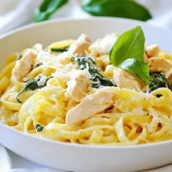 Here’s what you need to make Chicken Spinach Pasta. Gather these items before you start cooking: - 8 oz fettuccine or spaghetti - 1 lb chicken breast, diced - 2 cups fresh spinach, chopped - 3 cloves garlic, minced - 1 cup heavy cream - ½ cup grated Parmesan cheese - ¼ cup chicken broth - 2 tablespoons olive oil - Salt and pepper to taste - ½ teaspoon red pepper flakes (optional) - Fresh basil leaves for garnish These ingredients combine to create a dish that is creamy, tasty, and full of flavor. The chicken provides protein, while the spinach adds a fresh touch. The heavy cream and Parmesan cheese make the sauce rich and smooth. Before you cook, make sure you have everything ready to go. This will help you move quickly through the steps. Enjoy the process of making this delicious meal! {{ingredient_image_1}} - Bring salted water to a boil. - Cook pasta until al dente. - Drain and reserve pasta water. Start by boiling a large pot of salted water. Add your fettuccine or spaghetti and cook it according to the package instructions. Aim for that perfect al dente texture, which means the pasta should be firm when bitten. Once it’s done, drain the pasta, but don’t forget to save about half a cup of that starchy pasta water. This will help adjust your sauce later. - Heat olive oil in skillet. - Season and cook diced chicken. - Transfer cooked chicken to a plate. Next, grab a large skillet and heat two tablespoons of olive oil over medium heat. Add in your diced chicken breast. Season it with salt, pepper, and a pinch of red pepper flakes if you like some heat. Cook the chicken for about 5 to 7 minutes until it turns golden brown and is fully cooked. Once done, transfer the chicken to a plate and set it aside. - Add minced garlic and sauté. - Incorporate chopped spinach until wilted. In the same skillet, add the minced garlic. Sauté it for around 30 seconds until it smells amazing. Then, toss in the chopped spinach. Cook the spinach until it wilts, which should take about 2 to 3 minutes. This adds a fresh, vibrant flavor to your dish. - Reduce heat and add chicken broth and heavy cream. - Gradually mix in grated Parmesan cheese. Now, it’s time to make the creamy sauce! Lower the heat and pour in a quarter cup of chicken broth and one cup of heavy cream. Stir well to mix everything together. Gradually add the grated Parmesan cheese, stirring until it melts into a smooth, creamy sauce. - Toss cooked chicken in sauce. - Add cooked pasta and mix well. Return the cooked chicken to the skillet, tossing it in the creamy sauce to coat it well. If the sauce seems too thick, you can add a bit of that reserved pasta water to reach your desired consistency. Finally, add the cooked pasta and mix everything together until it’s well combined. - Adjust seasoning with salt and pepper. - Garnish and serve hot. Give your dish a taste and adjust the seasoning with more salt and pepper if needed. For a lovely finish, garnish your Chicken Spinach Pasta with fresh basil leaves and an extra sprinkle of Parmesan cheese. Serve it hot and enjoy this tasty and creamy delight! - Cook your pasta until al dente. This gives you a firm bite. - Save some pasta water. It helps make your sauce creamy and smooth. - Use salt and pepper to boost the taste of your dish. - Add garlic powder or Italian herbs for extra flavor. Fresh basil also works great. - If your sauce is too thin, cook it a bit longer. This helps it thicken. - For a thick sauce, add more cream or cheese slowly. Mix well to keep it creamy. Pro Tips Choose the Right Pasta: Use fettuccine or spaghetti for a perfect balance with the creamy sauce, but feel free to experiment with your favorite pasta shape! Season Your Chicken: Don't skimp on seasoning the chicken; it enhances the overall flavor of the dish. Use a blend of herbs for extra depth! Fresh Spinach Matters: Fresh spinach wilts beautifully and adds a vibrant color. Avoid frozen spinach as it can make the sauce watery. Perfect Cream Sauce: Gradually add the Parmesan cheese to avoid clumping and achieve a silky-smooth sauce. Adjust the thickness with reserved pasta water as needed. {{image_2}} If you want to switch up the protein, consider these options: - Tofu: Use firm tofu for a great vegetarian choice. - Shrimp: Cook shrimp for a seafood twist. - Turkey: Ground turkey works well too. For vegetarian options, you can use mushrooms or chickpeas. They add great flavor and texture. Adjust the seasonings to match your chosen protein for the best taste. You can add fun flavors to your sauce. Here are some tasty ideas: - Pesto: Stir in pesto for a fresh taste. - Sun-dried tomatoes: These add a sweet and tangy kick. - Nut milk: Replace cream with almond or coconut milk for a lighter sauce. Adjust the creaminess by using less or more dairy. You can also mix in some Greek yogurt for added richness. Not all pasta is the same. Try different types to suit your needs: - Whole wheat: This adds fiber and a nutty flavor. - Gluten-free: Options like rice or chickpea pasta work well. - Vegetable-based: Zucchini noodles are a fun, low-carb choice. Using whole grain pasta gives you more nutrients. Vegetable pasta adds color and extra flavor to your dish. To keep your Chicken Spinach Pasta fresh, follow these steps: - Allow the pasta to cool down to room temperature. - Place it in airtight containers. - Store in the fridge for up to three days. Glass or plastic containers work well for storage. To reheat without drying out, use these methods: - Place the pasta in a skillet over low heat. - Add a splash of chicken broth or cream. - Stir often until warmed through. This helps keep the dish creamy and tasty. If you want to freeze Chicken Spinach Pasta, do this: - Pack it in airtight containers or freezer bags. - Remove as much air as possible. - It can stay good in the freezer for up to three months. To thaw, place it in the fridge overnight. Reheat using the skillet method mentioned above. You can prepare Chicken Spinach Pasta ahead of time. Cook the pasta and chicken, then store them separately in the fridge. Make the sauce and add it just before serving. This keeps the pasta from getting soggy. Yes, you can use frozen spinach. Thaw it and drain excess water before adding it to the dish. Frozen spinach saves time and is just as nutritious as fresh. You can serve this dish with a side salad or garlic bread. A light white wine pairs well too. You might also enjoy some roasted vegetables for added flavor. To make it dairy-free, use coconut cream or almond milk instead of heavy cream. Nutritional yeast can replace Parmesan cheese for a cheesy flavor without dairy. Homemade Chicken Spinach Pasta lasts about three days in the fridge. Store it in an airtight container for the best freshness. Always check for any signs of spoilage before eating. In this blog post, we explored how to make Chicken Spinach Pasta. We covered the key ingredients you need and provided simple, step-by-step instructions. You learned tips for perfecting the pasta and enhancing the flavor. We also discussed variations and how to store leftovers. With these insights, you can confidently create this meal. Enjoy making it your own, and don't hesitate to experiment for a personal twist. Happy cooking!