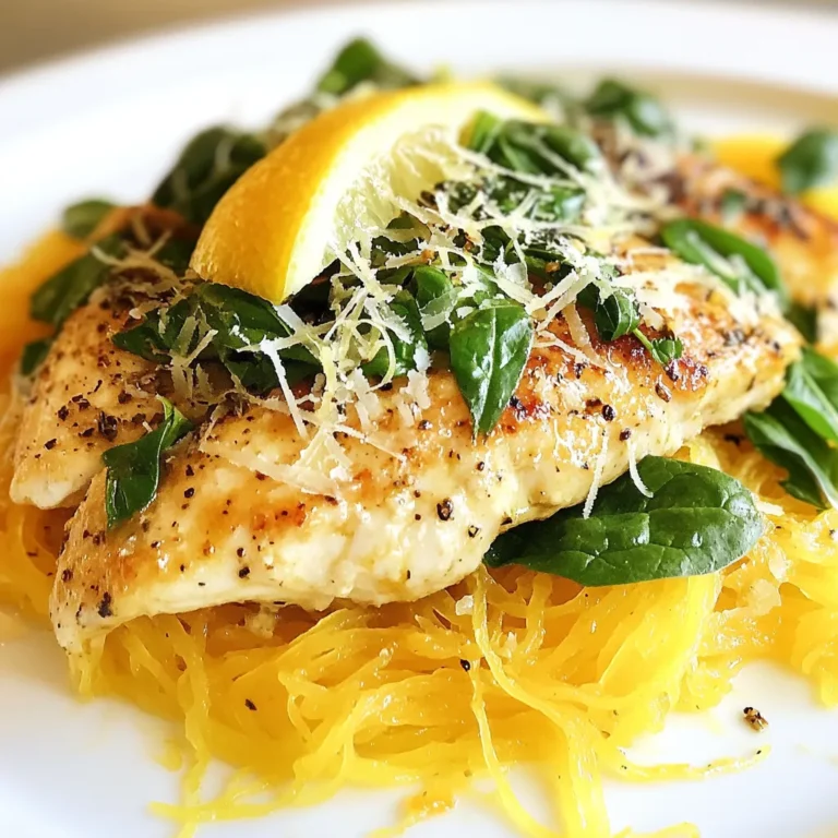 - 2 boneless, skinless chicken breasts - 1 medium spaghetti squash - 2 tablespoons olive oil - 3 cloves garlic, minced - Zest and juice of 1 large lemon - 1 teaspoon dried oregano - Salt and pepper to taste - 2 cups fresh spinach - 1/4 cup grated Parmesan cheese (optional) For my Lemon Chicken with Spaghetti Squash, I keep things simple yet flavorful. The chicken provides protein, while the spaghetti squash adds a fun twist to pasta. I love using olive oil for cooking, as it gives a nice rich taste. Fresh garlic and lemon bring brightness to the dish, making it vibrant and fresh. Dried oregano adds herbal notes that pair well with the chicken. - Baking sheet - Skillet - Fork - Knife You need basic kitchen tools for this recipe. A baking sheet lets you roast the squash evenly. A skillet is great for cooking the chicken and mixing in flavors. A fork helps shred the squash into strands. Finally, a knife is essential for cutting and prepping ingredients. - Calories per serving: Approximately 400 - Macronutrients breakdown: - Protein: 35g - Carbohydrates: 20g - Fat: 20g This dish is not only tasty but also healthy. Each serving packs a good amount of protein. The spaghetti squash keeps it low in carbs while still feeling filling. With a balance of healthy fats from olive oil, it makes a great meal for any day. {{ingredient_image_1}} - First, cut the spaghetti squash in half lengthwise. - Use a spoon to scoop out the seeds. - Drizzle one tablespoon of olive oil on the cut sides. - Sprinkle salt and pepper to taste. - Place the squash cut side down on a baking sheet. - Roast at 400°F (200°C) for 30 to 35 minutes. - You'll know it's done when it's tender and easily pierced. - While the squash roasts, season the chicken breasts. - Use salt, pepper, and dried oregano for flavor. - Heat one tablespoon of olive oil in a skillet over medium heat. - Add the chicken breasts to the hot skillet. - Cook for 5 to 7 minutes on each side. - The chicken should be golden and cooked through. - When the chicken is ready, add minced garlic to the pan. - Next, add lemon zest and lemon juice. - Cook for 2 to 3 minutes until the garlic smells great. - Once the spaghetti squash is done, scrape the flesh into strands. - Transfer the strands to the skillet with the chicken. - Add fresh spinach and stir to combine. - Allow the spinach to wilt slightly before serving. To cook chicken right, aim for an internal temperature of 165°F. This ensures your chicken is safe to eat. Use a meat thermometer for the best results. For marinating, try lemon juice, garlic, and olive oil. Letting the chicken sit in this mix for at least 30 minutes adds flavor. Spice things up with different seasonings! You can add paprika for a smoky touch or chili powder for heat. Fresh herbs like basil or thyme work well, too. They give a fresh taste and bright aroma to your dish. Meal prepping can save time. Cook extra chicken and squash for later. Let the chicken cool before storing. Put it in airtight containers. It will last up to four days in the fridge. When ready to eat, simply reheat in the microwave or oven. Pro Tips Choose the Right Squash: When selecting spaghetti squash, look for ones that are firm and free from blemishes. A good squash will feel heavy for its size, indicating plenty of flesh inside. Perfectly Cooked Chicken: To ensure your chicken breasts are juicy and tender, use a meat thermometer. Cook to an internal temperature of 165°F (75°C) for the best results. Add More Flavor: For a flavor boost, marinate the chicken in lemon juice, garlic, and oregano for at least 30 minutes before cooking. This enhances the taste and keeps the chicken moist. Spinach Substitutes: If you don’t have fresh spinach on hand, feel free to substitute with other leafy greens like kale or Swiss chard. Just be sure to adjust cooking times as needed. {{image_2}} For those with dietary needs, you can make this dish fit your lifestyle. Here are some ideas: - Gluten-free options: This recipe is naturally gluten-free. Just ensure any added sauces or spices are also gluten-free. - Low-carb modifications: If you want to cut carbs, focus only on the chicken and squash. Avoid any pasta or bread on the side. You can change up the protein in this dish to suit your taste. - Suggestions for alternative proteins: Use turkey or tofu instead of chicken. Both will absorb the lemon flavor well. - Vegetarian options: For a vegetarian twist, swap chicken for chickpeas or lentils. They add protein and fiber. If you want to try cooking this dish in a different way, here are some methods: - Slow cooker: You can place the chicken and lemon juice in a slow cooker. Cook on low for 6-8 hours. Add spinach and cooked squash in the last 30 minutes. - Instant pot options: Use an Instant Pot for quick cooking. Add chicken, lemon juice, and seasonings. Cook on high pressure for about 10 minutes. Then, add the squash and spinach after cooking. These variations can help you enjoy Lemon Chicken with Spaghetti Squash in new ways! To keep your Lemon Chicken with Spaghetti Squash fresh, store it in the fridge. Place the leftovers in an airtight container. This helps to keep moisture in and air out. It is best to eat leftovers within three days. If you want to store it longer, freezing is a great option. Use freezer-safe bags or containers. Make sure to remove excess air before sealing. This way, your meal stays fresh for up to three months. When it's time to enjoy your leftovers, you have two main options: the oven or the microwave. The oven is best for keeping the chicken and squash crispy. Preheat it to 350°F (175°C) and heat for about 15 minutes. The microwave is quicker but may make the food a bit soggy. If you use the microwave, heat in short bursts of 1-2 minutes. Make sure to stir halfway through. This helps to warm everything evenly. You can store Lemon Chicken with Spaghetti Squash in the fridge for up to three days. If you freeze it, it can last up to three months. Signs of spoilage include a sour smell, discoloration, or a slimy texture. If you notice any of these, it's best to throw it away. Always trust your senses when it comes to food safety. You can tell if spaghetti squash is done by checking for a few signs: - The skin should feel soft when pressed. - A fork should easily pierce the squash. - When you scrape the flesh, it should come away in strands. Roasting usually takes 30-35 minutes at 400°F. Let it cool a bit before handling. Yes, you can use other squash types. Here are some good options: - Butternut squash has a sweet flavor. - Acorn squash is also tasty and tender. - Zucchini works well but will need a shorter cooking time. Each squash has a unique taste, so feel free to experiment! You can pair this dish with several sides: - A fresh green salad adds a nice crunch. - Roasted vegetables complement the meal well. - Garlic bread offers a hearty touch. These sides balance flavors and add nutrition to your meal. Enjoy! This blog post covered how to make a delicious Lemon Chicken with Spaghetti Squash. We explored key ingredients, essential equipment, and step-by-step cooking. I shared tips to perfect your dish and different variations based on dietary needs. You also learned how to store leftovers properly. Enjoying healthy meals can be easy and tasty. With simple swaps and smart prep, you can create different flavors every time. Keep experimenting, and make this dish your own!