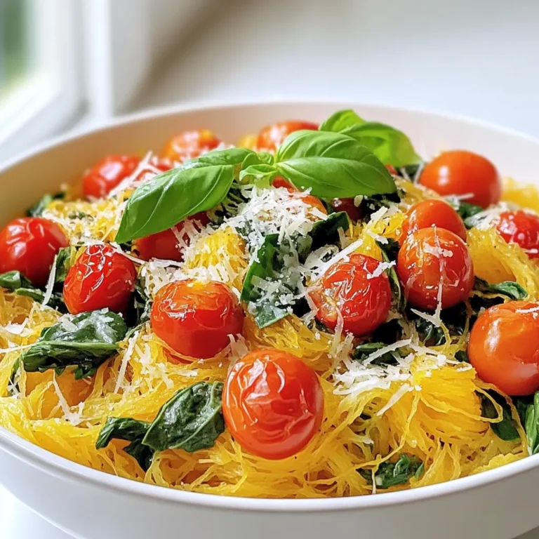 - 1 medium spaghetti squash - 2 tablespoons olive oil - 1 teaspoon garlic powder - 1 teaspoon Italian seasoning - Salt and freshly ground black pepper to taste - 1 cup cherry tomatoes, halved - 1 large handful of fresh spinach - 1/4 cup grated Parmesan cheese (or nutritional yeast for a vegan option) - Fresh basil leaves for garnish If you don’t have spaghetti squash, you can use zucchini. Zucchini can also make a great noodle base. For olive oil, you can use avocado oil. If you need a dairy-free option, use nutritional yeast instead of Parmesan. Fresh spinach can be swapped for kale or Swiss chard. Cherry tomatoes can be replaced with diced bell peppers or sun-dried tomatoes. Each serving has about 150 calories. You get 7 grams of fat and 9 grams of carbs. It also has 5 grams of protein. This dish is a good source of vitamins A and C. It is low in calories and high in nutrients, making it a healthy choice. 1. First, preheat your oven to 400°F (200°C). This ensures even cooking. 2. Take the spaghetti squash and cut it in half lengthwise. Use a spoon to scoop out the seeds. 3. Drizzle 1 tablespoon of olive oil over each half. 4. Sprinkle garlic powder, Italian seasoning, salt, and pepper on the squash. Rub it all over the flesh. 1. Place the squash halves cut side down on a baking sheet lined with parchment paper. 2. Roast in the oven for 35-40 minutes. Check for tenderness. You should easily shred the flesh with a fork. 3. While the squash cooks, heat the remaining olive oil in a skillet over medium heat. 4. Add halved cherry tomatoes and sauté for 5-7 minutes. They should become soft and juicy. 5. Next, add fresh spinach to the skillet. Cook for another 2-3 minutes until it wilts. Season with salt and pepper. 6. Once the squash is done, let it cool a little. Use a fork to scrape the flesh into spaghetti-like strands. 7. In a large bowl, mix the spaghetti strands with the sautéed tomatoes and spinach. 8. Add grated Parmesan cheese (or nutritional yeast) and toss well. Adjust seasoning if needed. - Roast the squash until it is tender. Overcooking makes it mushy. - Shredding with a fork creates the best spaghetti-like strands. - If you want extra crunch, sauté veggies just until soft, not mushy. - For added flavor, try mixing in herbs like parsley or oregano. - Always choose a medium spaghetti squash. A smaller squash may cook faster, while a larger one may take longer. - Cut the squash carefully. Use a sharp knife and a strong cutting board. This helps avoid slips and injuries. - Roast with the cut side down. This keeps the squash moist and helps it cook evenly. - Test for doneness by piercing the skin. If it feels soft, it’s ready to shred. - Add fresh herbs like thyme or rosemary for extra aroma. They pair well with the squash. - Mix in red pepper flakes for a spicy kick. This adds a fun heat and flavor twist. - Consider using lemon zest. It brightens the dish and balances the rich cheese. - Try other vegetables. Bell peppers or zucchini can add color and taste. - Use a large bowl for mixing. This helps keep everything combined and makes serving easy. - Garnish with fresh basil leaves. They add a pop of color and a fresh aroma. - Serve in the squash shells. This gives a rustic and fun look to your meal. - Drizzle a bit of olive oil on top before serving. It makes everything shiny and inviting. {{image_2}} If you want a vegan version, skip the Parmesan cheese. Use nutritional yeast instead. It adds a nice cheesy flavor without any dairy. This dish is already gluten-free since it only uses spaghetti squash and fresh veggies. You can enjoy a healthy meal that fits many diets. Feel free to get creative! You can add cooked chickpeas for extra protein. Sun-dried tomatoes also work great if you want a richer taste. For some spice, toss in red pepper flakes. You might also try adding olives or artichokes for a Mediterranean twist. These additions make the dish even more fun and tasty. You can cook spaghetti squash in different ways. If you have an Instant Pot, it cooks faster. Cut the squash in half and scoop out the seeds. Place it on the trivet with a cup of water. Cook on high pressure for about 7 minutes. The squash will be soft and easy to shred. An air fryer is another option. Cut the squash like before, and season it. Cook at 375°F for about 25 minutes. You’ll get crispy edges and tender insides. Both methods give you great results and save time in the kitchen. After you enjoy your viral spaghetti squash, store leftovers in an airtight container. Keep it in the fridge for up to four days. Make sure to let it cool down a bit before sealing it up. This helps keep the texture nice and prevents moisture build-up. When you're ready to eat again, reheating is easy. You can use the microwave or stovetop. For the microwave, place the spaghetti squash in a bowl and cover it with a damp paper towel. Heat for about one to two minutes. Stir halfway through to warm evenly. If you choose the stovetop, heat a pan over medium heat. Add a splash of olive oil to the pan, then add the squash. Stir until it's heated through, usually about five minutes. If you want to save some for later, freezing is an option! First, let the squash cool completely. Then, use a fork to scrape the strands into a freezer-safe bag. Remove as much air as possible before sealing. You can freeze it for up to three months. When you're ready to eat, thaw it overnight in the fridge and reheat as mentioned above. Spaghetti squash is a unique vegetable. When cooked, its flesh pulls apart into strands, resembling spaghetti. To cook it, first, preheat your oven to 400°F (200°C). Then, cut the squash in half and remove the seeds. Drizzle olive oil on the inside, and season it with garlic powder, Italian seasoning, salt, and pepper. Place the halves cut side down on a baking sheet. Roast for 35-40 minutes until tender. After that, use a fork to scrape the insides into spaghetti-like strands. You can eat spaghetti squash raw, but it is tough and crunchy. Raw squash lacks the soft texture that cooking provides. If you want to try it raw, slice it thinly or spiralize it. You can add it to salads for a crunchy texture. However, most people prefer it cooked for its softer, more pleasant bite. Spaghetti squash is low in calories, making it a healthy choice. One cup of cooked spaghetti squash has about 42 calories. This makes it a great option if you want to enjoy a filling dish without many calories. Plus, it is high in vitamins and nutrients, which is a bonus! Spaghetti squash is a healthy, tasty veggie option. We covered its ingredients, cooking steps, storage, and creative variations. You can experiment with substitutes and flavor tips to suit your taste. Remember, cooking methods like the Instant Pot add fun. Store leftovers wisely for later meals. With these insights, you can master spaghetti squash and impress with your dishes. Keep exploring flavors, and enjoy the process!