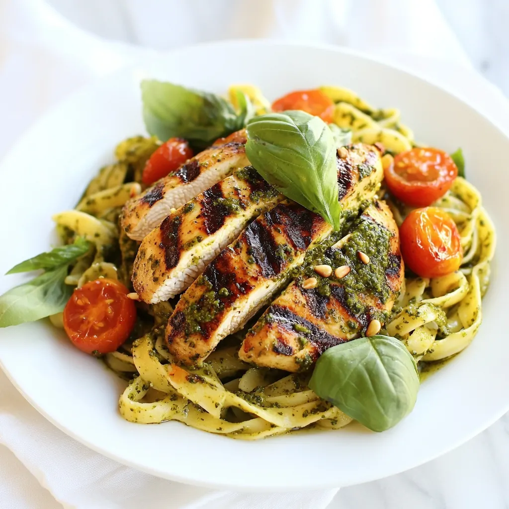 - 2 chicken breasts - 2 tablespoons olive oil - 1 tablespoon lemon juice - 1 teaspoon dried oregano - 1 teaspoon dried basil - 1 teaspoon garlic powder - Salt and pepper to taste - 200g pasta of choice (penne or fusilli work well) - 1 cup fresh basil leaves - 1/4 cup pine nuts (toasted) - 1/4 cup grated Parmesan cheese - 1/2 cup extra-virgin olive oil - 2 cloves garlic, minced - Cherry tomatoes, halved (for garnish) You can adjust the olive oil or lemon juice to your taste. If you prefer fresh herbs, use two tablespoons of fresh oregano and basil. For a nut-free option, swap pine nuts with sunflower seeds or omit them. Use any pasta shape you like, such as spaghetti or farfalle. You can also use nutritional yeast instead of Parmesan for a dairy-free option. This dish serves two people. Each serving has about: - Calories: 580 - Protein: 40g - Carbohydrates: 50g - Fat: 30g - Fiber: 3g This meal offers a balance of protein and carbs. The healthy fats from olive oil and nuts boost flavor and nutrition. {{ingredient_image_1}} Start by mixing olive oil, lemon juice, oregano, basil, garlic powder, salt, and pepper in a bowl. This blend will give your chicken great flavor. Next, add the chicken breasts and coat them well. Make sure every part is covered. Let the chicken marinate for at least 30 minutes in the refrigerator. This step is key to juicy chicken. Grab your food processor. Add fresh basil, toasted pine nuts, Parmesan cheese, minced garlic, and extra-virgin olive oil. Blend until it becomes smooth and creamy. You can taste it and adjust the salt and pepper if needed. This pesto adds a fresh taste to your dish. Set it aside for later. In a large pot, fill it with salted water and bring it to a boil. Once boiling, add your pasta. Cook it according to the package instructions until it's al dente. Remember to reserve 1/2 cup of the pasta water before draining it. This water helps when mixing in the pesto later. Preheat your grill or grill pan over medium-high heat. Place the marinated chicken on the grill. Cook for about 6-7 minutes on each side. Use a meat thermometer to check if it’s done; it should reach 165°F (75°C). Once cooked, remove the chicken from the grill. Let it rest for a few minutes, then slice it. In a large mixing bowl, add your drained pasta. Pour the pesto sauce over the pasta and mix well. If the mixture is thick, slowly add the reserved pasta water. This will help achieve a creamy texture. Make sure all the pasta is coated nicely. Slice the grilled chicken and place it over the pesto pasta. For a nice touch, garnish with halved cherry tomatoes. These add color and a burst of flavor. Enjoy your delicious herb grilled chicken with pesto pasta! To get great grilled chicken, start with good marination. I use olive oil, lemon juice, and herbs to add flavor. Marinate the chicken for at least 30 minutes. The longer it sits, the better it tastes. Preheat your grill to medium-high heat. This helps to get nice grill marks. Make sure the grill is hot before adding the chicken. It cooks evenly and seals in juices. Always check the internal temperature. It should reach 165°F (75°C) for safety. Making pesto is simple and fun. Start with fresh basil leaves for the best flavor. I use a food processor to blend the basil, toasted pine nuts, garlic, and Parmesan. Pour in extra-virgin olive oil slowly while blending. This creates a smooth texture. Taste and adjust with salt and pepper as needed. If it's too thick, add a bit more oil or pasta water. A great pesto should be vibrant and creamy. You can change the taste of your dish easily. For a zestier bite, add more lemon juice or garlic. If you like spice, try adding red pepper flakes. For a nuttier flavor, increase the amount of pine nuts in the pesto. Always taste as you go. This way, you can find what you love best. Don't be afraid to experiment. Cooking is all about finding your unique flavor! Pro Tips Marinate for Maximum Flavor: Allow the chicken to marinate for at least 1 hour if possible. This enhances the flavors and ensures a juicy texture. Use Fresh Ingredients: Fresh basil and garlic in the pesto will elevate the dish significantly compared to dried alternatives. Check the Chicken Temperature: Use a meat thermometer to ensure the chicken reaches an internal temperature of 165°F (75°C) for safe consumption. Reserve Pasta Water: Always save some pasta water before draining; it can help adjust the consistency of the pesto and make it cling better to the pasta. {{image_2}} If you want to switch up the protein, consider using turkey or pork. Both cook well on the grill and soak up flavors like chicken. For turkey, use turkey cutlets. They cook quickly and keep the dish light. If you choose pork, pork tenderloin is a great option. Just remember to adjust cooking times to ensure they are fully cooked. To make this dish vegan, swap chicken for firm tofu or tempeh. Marinate the tofu or tempeh in the same mix as the chicken. This adds great flavor. For the pesto, use nutritional yeast instead of Parmesan cheese. It gives a cheesy flavor without dairy. You can also add more nuts or seeds for that creamy texture. You can use any pasta you like! Penne and fusilli are great, but spaghetti or farfalle work too. If you want a gluten-free option, try chickpea pasta or zucchini noodles. These options add unique textures and flavors. Just ensure you cook them according to the package instructions for the best results. To keep your herb grilled chicken and pesto pasta fresh, store leftovers in an airtight container. Place the chicken and pasta in the same container or separately, based on your preference. Make sure to cool them to room temperature first. This method helps to maintain flavor and texture. You can store the leftovers in the fridge for about three days. When you’re ready to enjoy your leftovers, reheat them gently. You can use a microwave or a stovetop. If using the microwave, heat in short bursts. Stir in between to ensure even heating. For the stovetop, add a splash of water or olive oil in a pan over low heat. This helps to keep the pasta moist. Heat until warmed through, about 5-7 minutes. You can freeze the herb grilled chicken and pesto pasta, too. Place them in freezer-safe containers or bags. Squeeze out excess air to prevent freezer burn. They can last up to three months in the freezer. When you're ready to eat, thaw overnight in the fridge before reheating. The texture may change slightly, but the flavors will still be delicious! Yes, you can use dried herbs. They are great when fresh herbs are not available. Use about one-third of the amount of dried herbs. For this recipe, 1 teaspoon of dried oregano and basil works well. Dried herbs have a stronger flavor, so be careful not to add too much. If you don't have pine nuts, you can use walnuts, almonds, or sunflower seeds. These options give a nice crunch and flavor. Toast them before adding to the pesto for an extra depth of taste. Just keep in mind that each nut gives a different flavor. To check if your chicken is done, use a meat thermometer. The chicken should reach an internal temperature of 165°F (75°C). If you don’t have a thermometer, cut into the thickest part of the chicken. The meat should be white and juices should run clear. Absolutely! You can make the pesto a day ahead. Store it in an airtight container in the fridge. To prevent browning, drizzle a thin layer of olive oil on top. When you’re ready to use it, just give it a stir. This blog post covers how to make a tasty chicken pesto pasta. We looked at the key ingredients, detailed steps for marinating and grilling the chicken, and tips for perfecting your dish. You can even explore variations, like using different proteins or making it vegan. Remember, storing leftovers properly can keep your meal fresh. Enjoy trying new flavors and make this dish your own! Cooking should be fun and delicious. Happy cooking!