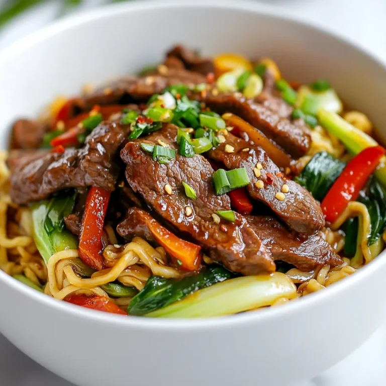 - 8 oz egg noodles - 1 lb flank steak, thinly sliced against the grain - 3 tablespoons soy sauce - 2 tablespoons oyster sauce - 1 tablespoon hoisin sauce - 1 tablespoon sesame oil - 2 tablespoons vegetable oil - 3 cloves garlic, minced - 1-inch piece ginger, grated - 1 red bell pepper, julienned - 1 cup bok choy, chopped - 2 scallions, chopped - 1 tablespoon brown sugar - Salt and black pepper to taste - Crushed red pepper flakes for garnish - Calories per serving: Approximately 450 - Protein: 25g - Fats: 15g - Carbs: 50g When I make Mongolian beef noodles, I love the mix of flavors. The egg noodles are soft and soak up the sauce well. Flank steak is my choice for protein because it’s tender and flavorful. I use soy sauce, oyster sauce, and hoisin sauce to give depth. Sesame oil adds a nutty note. For extra crunch and color, I add red bell pepper and bok choy. Garlic and ginger bring warmth. Scallions finish the dish with fresh flavor. Remember, the balance of these ingredients is key to a tasty meal. Each serving packs a punch with about 450 calories, plus 25 grams of protein. This dish is not only satisfying but also nutritious. I recommend serving it hot, with a sprinkle of scallions and red pepper flakes for that extra kick. {{ingredient_image_1}} 1. Boil 8 oz of egg noodles in a large pot. Follow the package instructions for timing. 2. Once cooked, drain the noodles in a colander. Set them aside for later. 1. In a mixing bowl, combine 1 lb of thinly sliced flank steak with: - 3 tablespoons soy sauce - 2 tablespoons oyster sauce - 1 tablespoon hoisin sauce - 1 tablespoon sesame oil - 1 tablespoon brown sugar 2. Mix well. Let the beef marinate for about 15 minutes. This helps to enhance the flavor. 1. Heat 2 tablespoons of vegetable oil in a large skillet or wok over medium-high heat. 2. Add the marinated beef in a single layer. Sear it for about 2-3 minutes on each side until it turns brown. Remove the beef and set it aside. 3. In the same skillet, add 3 minced garlic cloves and 1-inch grated ginger. Sauté for about 30 seconds until it smells good. 4. Next, add: - 1 red bell pepper, julienned - 1 cup bok choy, chopped 5. Stir-fry these veggies for 3-4 minutes. They should be tender but still crisp. 6. Return the cooked beef to the skillet. Add the cooked egg noodles. Toss everything together and cook for another 2-3 minutes. 7. Season with salt, black pepper, and a pinch of crushed red pepper flakes to taste. 8. Remove from heat. Sprinkle with chopped scallions before serving. With these steps, you create a tasty and colorful dish that is sure to impress! To get the best flavor in Mongolian Beef Noodles, marinate the flank steak. The mix of soy sauce, oyster sauce, hoisin sauce, and sesame oil adds depth. Let the beef soak for at least 15 minutes. This step makes a big difference! When cooking, use medium-high heat. This keeps the beef juicy and tender. Avoid overcrowding the pan; cook in batches if needed. This way, you get a nice sear. For a great look, serve in deep bowls. Garnish with scallions and crushed red pepper flakes. This adds color and a touch of spice. Pair the dish with steamed rice or a light salad. A fresh cucumber salad works well to balance the flavors. If you can't find flank steak, use sirloin or ribeye. Both have great flavor and tenderness. For a gluten-free option, swap egg noodles for rice noodles or zucchini noodles. These work well and keep the dish light. You can also use gluten-free soy sauce for the marinade. This way, everyone can enjoy the meal! Pro Tips Marinating Time: Allow the flank steak to marinate for at least 15 minutes to enhance the flavor. For even better results, marinate for a few hours or overnight in the refrigerator. Vegetable Crunch: To maintain the crispiness of the vegetables, stir-fry them just until tender yet still vibrant in color. Avoid overcooking to preserve their texture. Spice Level: Adjust the amount of crushed red pepper flakes according to your spice tolerance. For a milder dish, start with a small pinch and gradually add more. Serving Suggestions: Serve the dish immediately after cooking for the best taste and texture. Consider pairing it with a light cucumber salad to balance the spice. {{image_2}} You can use different meats to make Mongolian Beef Noodles. Chicken and tofu are great choices. - Chicken: Use thinly sliced chicken breast or thighs. Cook them for about 4-5 minutes until fully cooked. - Tofu: Use firm or extra-firm tofu. Press and slice it. Cook it for about 3-4 minutes on each side until golden. Each protein brings its own flavor and texture. Chicken is lighter, while tofu adds a nice chew. You can easily spice up your Mongolian Beef Noodles. Adjust the heat level to your liking. - Crushed Red Pepper Flakes: Start with a pinch. You can add more for extra heat. - Chili Sauce: Drizzle chili sauce into the dish. Sriracha or sambal oelek work well. Just remember to taste as you go. You want the heat to enhance the flavors, not overwhelm them. Making a vegetarian version is simple and delicious. Focus on using fresh vegetables and plant-based proteins. - Vegetables: Use bell peppers, bok choy, carrots, and snow peas for crunch. - Sauces: Substitute the meat with soy or teriyaki sauce for flavor. Tofu can still be a great option here. It soaks up sauces and adds protein. You’ll enjoy a colorful and healthy dish! To keep your Mongolian Beef Noodles fresh, follow these best practices: - Cool the dish to room temperature before storing. - Use airtight containers to prevent moisture loss. - Store in the fridge for up to three days. For containers, I recommend glass or BPA-free plastic. They keep food fresh and are easy to clean. When you're ready to enjoy leftovers, here are the best methods to reheat: - Use a microwave for quick reheating. Heat in 30-second intervals, stirring in between. - For a stovetop method, warm in a skillet over low heat. Add a splash of water or broth to keep it moist. To maintain texture, avoid high heat. You want the noodles to be soft, not mushy. Freezing your Mongolian Beef Noodles is easy. Follow these steps for effective freezing: - Portion the noodles into freezer-safe bags or containers. - Remove as much air as possible to prevent freezer burn. To thaw, place the container in the fridge overnight. For reheating, use the same methods mentioned above. Enjoy your meal! You can pair Mongolian Beef Noodles with many tasty side dishes. Some great options are: - Steamed dumplings - Fried rice - A fresh cucumber salad - Crispy spring rolls For a drink, a light white wine, like Sauvignon Blanc, works well. You can also enjoy a cold ginger ale or iced tea. To make this dish gluten-free, swap regular soy sauce for gluten-free soy sauce. You can also use tamari, which is a great gluten-free option. For the noodles, choose rice noodles or gluten-free egg noodles. These swaps keep the dish tasty without the gluten. Yes, you can prepare parts of this dish ahead. Cook the noodles and store them in the fridge. Marinate the beef a few hours before cooking. You can chop the veggies in advance too. When you are ready, cook the beef and stir-fry the veggies. Then mix it all together for a quick meal. In this article, we explored how to make Mongolian Beef Noodles, covering ingredients, cooking steps, and storage options. You learned about key ingredients like flank steak, egg noodles, and various sauces. I shared tips for cooking, serving, and adjusting flavors to your liking. Remember, whether you go spicy or vegetarian, the choice is yours. This dish is versatile and fun to create. Try making it your way for a meal that excites your taste buds. Enjoy your cooking journey!