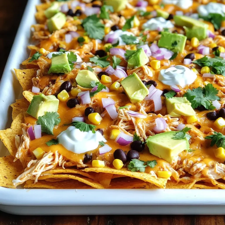 - 1 lb boneless, skinless chicken breasts - 2 cups tortilla chips - 1 can black beans - 1 cup corn kernels - 1 cup shredded cheddar cheese - 1 cup shredded Monterey Jack cheese - 1/2 cup Greek yogurt or sour cream - 2 ripe avocados - 2 tablespoons chipotle sauce - 1 tablespoon olive oil - Salt and pepper to taste - Juice of 1 lime Creating these nachos starts with choosing fresh, quality ingredients. The chicken gives a solid base. You want to use boneless, skinless chicken breasts for easy shredding. Cook them well, and they soak up all the flavors. Tortilla chips are key. They hold up under all the toppings. I recommend a sturdy brand for the best crunch. Black beans add creaminess and protein. Rinsing them is important to remove extra sodium. Corn kernels add a sweet bite. You can use fresh or frozen. I usually go for frozen for ease. For toppings, the cheese is crucial. Cheddar gives a sharp taste, while Monterey Jack melts beautifully, creating that gooey texture we love. Don't forget the creamy elements. Greek yogurt or sour cream adds richness and balance. Avocados bring freshness and a nice green color to the dish. Seasonings enhance everything. Chipotle sauce adds heat and smokiness. A little olive oil helps blend the flavors. Salt and pepper round it all out. Finally, a splash of lime juice brightens the dish. Remember, the right mix of ingredients makes these nachos a feast. Each bite should be packed with flavor and texture. - Preheat the oven to 400°F. - In a large bowl, mix the shredded chicken with chipotle sauce, olive oil, lime juice, salt, and pepper. Stir until the chicken gets coated well. - Spread out the tortilla chips evenly on a large sheet pan. - Scatter the rinsed black beans and corn over the chips. - Add the chipotle chicken mixture evenly on top of the chips, beans, and corn. - Sprinkle the shredded cheddar and Monterey Jack cheese generously over everything. - Top with diced red onion for a fresh crunch. - Place the sheet pan in the preheated oven. Bake for 10-15 minutes. The cheese should melt and bubble. - Remove the nachos from the oven and let them cool for a couple of minutes. - Finally, garnish with diced avocados, Greek yogurt or sour cream, and fresh cilantro. To achieve the perfect cheese melt, use a mix of cheeses. Cheddar gives flavor, while Monterey Jack melts smoothly. Layer the cheese on top and bake until bubbly. This takes about 10-15 minutes at 400°F. For a coalition of flavors, add fresh toppings. Diced avocados bring creaminess. Greek yogurt or sour cream adds tang. Fresh cilantro gives a bright finish. These toppings make your nachos more colorful and tasty. Adjust the chipotle sauce to your taste. If you like it spicy, add more. For milder nachos, use less. Always taste the mixture before spreading it on the chips. Evenly layer your ingredients. Start with chips, then beans and corn. Spread the chicken mix next, followed by cheese. This helps every bite have the same great taste. Get creative with serving ideas. Serve the nachos straight from the sheet pan for a fun look. Or, transfer them to a large platter for a more polished vibe. Pair your nachos with drinks. Cold beer works well, or try a fruity soda. For sides, fresh salsa or guacamole adds extra flavor and fun. {{image_2}} You can switch up proteins in this recipe. Ground beef or turkey works well. For a lighter option, use shredded rotisserie chicken. If you want a plant-based meal, try jackfruit or tempeh. These choices keep the dish tasty. For the cheese, you can use vegan cheese. Brands like Daiya or Violife melt nicely. You can also top with cashew cream instead of Greek yogurt. This makes it dairy-free while still rich in flavor. Want to spice things up? Add sliced jalapeños for heat. They pack a punch and add crunch. You can also try different spices. A sprinkle of smoked paprika or cumin can enhance the flavors. Beans are another fun twist. Swap black beans for pinto or white beans. Chickpeas can add a unique texture and taste. Mix and match to find your favorite combo. You can turn nachos into a salad. Start with a bed of greens and layer on the toppings. This gives you a fresh take while keeping the flavors you love. For serving, keep it casual. Serve straight from the sheet pan. You can also use a large platter for a fun presentation. Garnish with lime wedges for a burst of freshness. After enjoying your nachos, store any leftovers in an airtight container. Make sure to place the nachos in the fridge within two hours. This keeps them fresh and safe to eat. For best results, store the chicken, beans, and toppings separately. This prevents sogginess and keeps flavors fresh. Avocados and yogurt do not store well, so add them fresh when serving. To reheat nachos, the oven is your best bet. Preheat your oven to 350°F (175°C). Place the nachos on a baking sheet and heat for about 10 minutes. This method helps maintain a crunchy texture. If you use a microwave, heat in short bursts of 30 seconds. This may not keep them crispy, but it's quick. You can freeze leftovers, but it's not ideal for nachos. The chips can become soggy when thawed. If you choose to freeze, separate the ingredients. Wrap the chicken and beans in plastic wrap and store them in a freezer bag. When ready to eat, thaw overnight in the fridge. Reheat as mentioned above for the best taste. How to make sheet pan nachos crispy? To keep your nachos crispy, use fresh tortilla chips. Spread them out in a single layer. Avoid adding too many toppings. If you do, bake them just long enough to melt the cheese. Can I make this recipe ahead of time? You can prepare the chicken and toppings ahead of time. Store them separately in the fridge. When you are ready to eat, assemble and bake for fresh, hot nachos. What kind of chicken is best for nachos? Boneless, skinless chicken breasts work best. They shred easily and soak up flavors well. You can also use rotisserie chicken for a quick option. Can I use tortilla strips instead of chips? Yes, tortilla strips can work in place of chips. They can add a nice crunch. Just be careful not to overload them with toppings. What's the ideal cooking time for nachos? Bake your nachos at 400°F for about 10-15 minutes. Watch for the cheese to melt and bubble. Keep an eye on them to prevent burning. How do I prevent soggy nachos? To avoid soggy nachos, layer your chips and toppings carefully. Use less wet ingredients. Bake them until the cheese is melted but not overdone. To sum it up, we covered how to make delicious nachos. We explored essential ingredients like chicken, beans, and cheeses. The baking process and tips ensure great taste and texture. You can also try fun twists or make different variations. In the end, nachos can be a tasty, customizable dish. Enjoy experimenting with flavors to suit your taste!