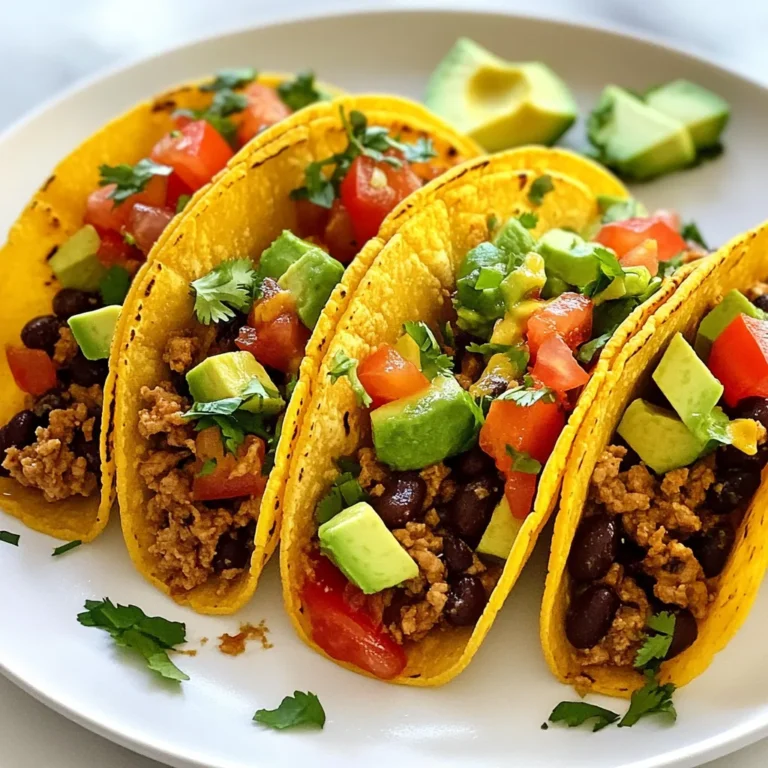 - 1 pound ground turkey - 1 can (15 oz) black beans, rinsed and drained - 1 small onion, finely chopped - 2 cloves garlic, minced - 1 tablespoon chili powder - 1 teaspoon cumin - 1 teaspoon smoked paprika - ½ teaspoon salt - ½ teaspoon black pepper - 12 small corn tortillas - 1 cup shredded cheese (cheddar or a blend) - 1 cup diced tomatoes - 1 avocado, diced - Fresh cilantro, for garnish - Sour cream or Greek yogurt, for serving When you shop for ingredients, look for bright colors and firm textures. For tomatoes, choose ones that feel heavy for their size. Avoid any with soft spots or wrinkles. Fresh onions should be dry, firm, and have no sprouting. Select avocados that give slightly when pressed, but are not mushy. For the best ground turkey, check the color; it should be pink, not gray. Lastly, always rinse canned black beans under cold water to remove excess sodium and improve taste. - Ground turkey is a lean protein that helps build muscle. - Black beans are full of fiber, aiding digestion and providing energy. - Onions have antioxidants that support heart health. - Garlic can boost your immune system and has anti-inflammatory properties. - Tomatoes are rich in vitamins C and K, which help skin health. - Avocados are high in healthy fats, which are good for your heart. - Cheese adds calcium for strong bones but should be used in moderation. - Corn tortillas are gluten-free and provide complex carbs for energy. These ingredients not only taste great together but also offer a range of health benefits. Enjoying these tacos means you’re eating well while savoring rich flavors! {{ingredient_image_1}} Start by gathering all your ingredients. You will need: - 1 pound ground turkey - 1 can (15 oz) black beans, rinsed and drained - 1 small onion, finely chopped - 2 cloves garlic, minced - 1 tablespoon chili powder - 1 teaspoon cumin - 1 teaspoon smoked paprika - ½ teaspoon salt - ½ teaspoon black pepper - 12 small corn tortillas - 1 cup shredded cheese (cheddar or a blend) - 1 cup diced tomatoes - 1 avocado, diced - Fresh cilantro, for garnish - Sour cream or Greek yogurt, for serving Chop the onion and mince the garlic. This step adds flavor. Rinse and drain the black beans. This helps remove excess sodium. Heat a large skillet over medium heat. Add the chopped onion. Sauté it until it becomes soft, about 3-4 minutes. Then, add the minced garlic and cook for one more minute. Next, add the ground turkey to the skillet. Use a spatula to break it apart. Cook until it is browned, which takes about 7-10 minutes. After that, mix in the black beans along with chili powder, cumin, smoked paprika, salt, and black pepper. Stir everything well. Cook for another 2-3 minutes. This allows the flavors to blend perfectly. Preheat your oven to 350°F (175°C). Lightly grease a baking dish. Lay the corn tortillas flat inside the dish. Spoon the turkey and black bean mixture into each tortilla. Top each filled tortilla with shredded cheese. Cover the dish with aluminum foil. Bake in the oven for 20 minutes. After that, remove the foil. Bake for an additional 5 minutes, or until the cheese is bubbling and slightly golden. Finally, let the tacos cool for a couple of minutes. Serve them topped with diced tomatoes, avocado, fresh cilantro, and a dollop of sour cream or Greek yogurt. Enjoy your delicious creation! To prevent tortillas from sticking, warm them first. Heat a skillet on low and add a tortilla for about 30 seconds. This softens it and makes it easier to handle. You can also use a little oil or cooking spray on the pan. This adds flavor and keeps them from sticking. Keep the tortillas warm by wrapping them in a clean towel. This way, they stay soft and easy to fill. Cheese adds great taste to tacos. I recommend using cheddar cheese or a blend of cheeses. Cheddar melts well and has a sharp flavor. A Mexican cheese blend gives a nice mix of flavors. If you want something different, try pepper jack for a spicy kick. Always shred the cheese yourself for the best melt. To make these tacos kid-friendly, let kids help with the assembly. They can fill their tortillas with the turkey and beans. Offer toppings like cheese, avocado, and tomatoes for them to choose from. You can also make a mild version of the filling. This way, even picky eaters will enjoy it. Consider using smaller tortillas for smaller hands. This makes eating tacos fun and easy for kids. Pro Tips Use Fresh Ingredients: Always opt for fresh vegetables and herbs to enhance the flavor of your tacos. Freshness can make a significant difference in taste! Customize Your Spice Level: Adjust the amount of chili powder or add fresh jalapeños for a spicier kick. Tailoring the heat level to your preference can make your meal more enjoyable. Make Ahead: Prepare the turkey and black bean mixture ahead of time and store it in the fridge. This will save you time on busy nights and make for a quick assembly when you’re ready to bake. Experiment with Toppings: Get creative with toppings like pickled red onions, sliced radishes, or a squeeze of lime juice to add extra flavor and texture to your tacos. {{image_2}} You can easily make these tacos vegetarian. Swap the ground turkey for firm tofu. Start by pressing the tofu to remove excess water. Crumble it into small pieces. Sauté the crumbled tofu just like you would the turkey. Use the same spices for flavor. This option is healthy and tasty. You still get great protein from the black beans, too! If you enjoy heat, add jalapeños for a spicy kick. Chop fresh jalapeños and mix them into the meat filling. You can also add some sliced jalapeños on top before baking. This adds flavor and heat. Adjust the amount based on your spice level. Your tacos will have an exciting twist with this variation! For those avoiding gluten, choose corn tortillas. They are naturally gluten-free and perfect for these tacos. Check the label to ensure they are certified gluten-free. All other ingredients, like beans and spices, are also gluten-free. Enjoy a delicious meal without worry! To store leftover tacos, first, let them cool. Place them in an airtight container. You can keep them in the fridge for up to three days. If you have extra filling, store it separately. This keeps the tortillas from getting soggy. To reheat, preheat your oven to 350°F (175°C). Place the tacos on a baking sheet. Cover them with foil to keep them from drying out. Heat for about 10-15 minutes. This method keeps them crispy and tasty. You can also use a microwave for quicker reheating. If you choose this method, add a bit of water to keep them moist. If you want to freeze your tacos, wrap each one tightly in plastic wrap. Then place them in a freezer-safe bag. They can stay frozen for up to three months. When you're ready to eat them, thaw in the fridge overnight. Then follow the reheating tips for best results. Enjoy your delicious tacos even later! Yes, you can use ground beef. It will change the taste. Ground beef has more fat. This can make the tacos richer. If you choose this option, cook it the same way. Just be sure to drain excess fat for a lighter dish. To make these tacos ahead, cook the filling first. Let it cool, then store it. You can keep it in the fridge for up to three days. When ready to eat, fill the tortillas and bake. This saves time and adds great flavor. Many sides work well with these tacos. Try simple options like: - Mexican rice - Refried beans - Fresh salad - Corn on the cob - Guacamole and chips These sides add texture and flavor, making your meal even better. In this article, we explored the key ingredients, steps, and tips for making delicious tacos. Fresh ingredients boost flavor and nutrition. I shared ways to avoid sticky tortillas and make meals kid-friendly. Variations let you customize for your taste. Proper storage keeps leftovers tasty. Tacos are versatile and fun for any meal. Enjoy creating your own tasty versions and impress your family and friends!