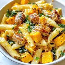 - 12 oz pasta (penne or farfalle recommended) - 1 medium butternut squash, peeled and cubed - 1 pound Italian chicken sausage, casings removed - 2 cups fresh spinach - 3 cloves garlic, minced - 1 medium onion, diced - 1/4 teaspoon red pepper flakes (adjust to taste) - 1 teaspoon dried thyme - 1/4 cup grated Parmesan cheese (plus more for serving) - 2 tablespoons olive oil - 1/2 cup vegetable broth - Salt and black pepper to taste Gather these ingredients before starting. The pasta and sausage bring heartiness, while the squash adds sweetness. Fresh spinach gives a burst of color and nutrition. Keep garlic and onion handy; they boost the flavor. The red pepper flakes add a nice kick. Remember to have Parmesan cheese ready for a rich finish. You'll also need olive oil, broth, salt, and pepper for cooking. {{ingredient_image_1}} First, preheat your oven to 400°F (200°C). This step gets the oven ready for roasting. Next, peel and cube the butternut squash into small pieces. This size helps it cook evenly. Place the cubed butternut squash on a baking sheet. Drizzle with one tablespoon of olive oil. Season with salt and black pepper. Toss the squash to coat it well. Roast in the oven for 20 to 25 minutes. Check it halfway through and mix it. You want the squash to be tender and caramelized. While the squash roasts, fill a large pot with salted water. Bring it to a boil. Add 12 ounces of pasta and cook it until al dente. This means it should still have a slight bite. After cooking, drain the pasta but keep half a cup of water. In a large skillet, heat the remaining tablespoon of olive oil over medium heat. Add the Italian chicken sausage, breaking it up with a spoon. Cook for about 5 to 7 minutes until it is browned and cooked through. Now, stir in the diced onion and minced garlic. Cook for 3 to 4 more minutes until the onion becomes soft. Next, add in the roasted butternut squash and fresh spinach. Sprinkle in the red pepper flakes and dried thyme. Pour in the vegetable broth and mix everything well. Let it cook for 2 to 3 minutes until the spinach wilts. Finally, toss in the cooked pasta. Use some reserved pasta water if it looks dry. Stir in the grated Parmesan cheese until it melts and combines. Season with more salt and black pepper to taste. To get the best roast on your squash, cut it into even cubes. This ensures they cook at the same rate. Toss the cubes with olive oil, salt, and pepper. Roast them at 400°F (200°C) for 20-25 minutes. Halfway through, stir them to brown all sides. For extra flavor, try adding a pinch of cinnamon or nutmeg. These spices enhance the natural sweetness of the squash. A drizzle of maple syrup before roasting can also add a nice touch! To avoid mushy pasta, cook it to al dente. This means it should still have a slight bite. Always check the package for timing. When done, drain it but save some pasta water. This starchy water helps bind the sauce later. Reserving pasta water is key. If your dish seems dry, add a bit of this water when mixing everything together. It will help create a creamy texture without extra fat. For sausage, Italian chicken sausage is great, but you have options. You can use turkey sausage or pork sausage if you prefer. For a vegetarian choice, try plant-based sausage or mushrooms for a hearty feel. If you need to avoid meat completely, switch the sausage for lentils or beans. They add protein and flavor. Always adjust the spices to match your choice. This way, your dish stays tasty and satisfying! Pro Tips Choose the Right Pasta: For this dish, penne or farfalle works best as they hold the sauce well and complement the texture of the butternut squash. Perfectly Roasted Squash: Ensure your butternut squash is evenly cut into cubes for uniform roasting, which helps achieve that delicious caramelization. Adjust Heat Level: If you prefer a milder dish, consider reducing or omitting the red pepper flakes. You can always add them back in at the table if desired. Fresh Ingredients Matter: Using fresh spinach and high-quality Parmesan cheese will elevate the flavors and overall dish, making each bite more enjoyable. {{image_2}} You can add many vegetables to this dish. Consider using zucchini, bell peppers, or kale. These add color, flavor, and nutrition. Seasonal vegetables work well too. In fall, add mushrooms or Brussels sprouts. In spring, try asparagus or peas. Mixing in fresh veggies keeps your dish exciting and healthy. To make this dish gluten-free, swap regular pasta for gluten-free pasta. Many brands offer tasty options that cook well. For vegetarian or vegan versions, use plant-based sausage. You can also skip the sausage entirely and add more veggies for heartiness. Replace Parmesan with a vegan cheese or nutritional yeast for a cheesy flavor without dairy. Herbs and spices can elevate your dish. Fresh basil or rosemary adds a delicious twist. You can also try using smoked paprika for a deeper flavor. Adding cheese variations can enhance taste too. Besides Parmesan, consider goat cheese or feta. Each option brings its unique flavor and creaminess, making your dish even more delightful. To keep your butternut squash sausage pasta fresh, store it in an airtight container. This helps lock in flavor and moisture. You can keep leftovers in the fridge for up to three days. After that, the taste and texture may decline. When reheating pasta, use a skillet over medium heat. Add a splash of water or broth to help revive the dish. Stir gently to warm it evenly. This method keeps the pasta from becoming mushy. If you want to freeze the pasta, let it cool first. Place it in a freezer-safe container or bag. Make sure to remove as much air as possible. You can store it for up to three months. To thaw, move it to the fridge overnight. Reheat in a skillet or microwave, adding a bit of broth to restore moisture. Butternut squash pasta stays good in the fridge for about 3 to 5 days. Make sure to store it in an airtight container. This keeps it fresh and tasty. Before eating, check for any signs of spoilage. If it looks or smells off, it's best to toss it. Yes, you can use frozen butternut squash. It saves prep time. Just thaw it before cooking. You may need to cook it a bit longer since frozen squash holds more water. Drain any excess liquid to avoid a watery dish. You can serve your pasta with a simple side salad. A green salad with a light vinaigrette works well. Garlic bread is also a great choice. It adds texture and complements the flavors of the dish. Absolutely! You can change the pasta type. Try whole wheat or gluten-free options. You can also swap the sausage for turkey or plant-based meats. Adding different vegetables like bell peppers or kale enhances nutrition and flavor. With 1/4 teaspoon of red pepper flakes, the dish has a mild kick. If you like more heat, add more flakes to taste. Start small, then adjust according to your preference. It's easy to make it just right for you! This dish blends pasta, butternut squash, and savory sausage for a delightful meal. You just need a few main ingredients, simple steps, and tasty seasonings. Remember, properly roasting the squash makes all the difference. Feel free to tweak the recipe with your favorite veggies. It stores well and reheats nicely, so enjoy leftovers too. Cooking this dish is rewarding and allows room for creativity. Get ready to delight your taste buds with this hearty pasta!