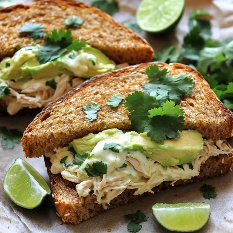 - 2 cups cooked chicken breast, shredded - 1 ripe avocado, mashed - 1/2 cup mozzarella cheese, shredded - 1/4 cup mayonnaise - 2 tablespoons fresh cilantro, chopped - 1 tablespoon lime juice - 1 teaspoon garlic powder - 1/2 teaspoon chili powder - Salt and pepper to taste - 4 slices of whole-grain bread - 1 tablespoon olive oil These main ingredients create a tasty and creamy mix for the Chicken Avocado Melt. The shredded chicken adds protein, while the avocado gives a rich texture and flavor. The cheese melts beautifully, making each bite delightful. - Diced tomatoes - Sliced jalapeños - Cooked bacon bits - Sliced red onion Feel free to mix in these options to add your twist. Diced tomatoes add freshness, and jalapeños bring a kick. Bacon bits add a crunchy, savory taste. Customize as you like! - Large mixing bowl - Skillet or frying pan - Spatula - Knife and cutting board - Measuring cups and spoons These tools help you prepare and cook your Chicken Avocado Melt easily. A skillet is key for achieving that perfect golden crust. A mixing bowl makes it simple to blend all the tasty ingredients together. First, gather your ingredients. You need cooked chicken, avocado, cheese, and spices. In a large bowl, combine 2 cups of shredded chicken, 1 ripe mashed avocado, and 1/2 cup of shredded mozzarella cheese. Add 1/4 cup of mayonnaise for creaminess. Toss in 2 tablespoons of chopped cilantro and 1 tablespoon of lime juice. These give great flavor! Next, add 1 teaspoon of garlic powder and 1/2 teaspoon of chili powder. Mix everything well until creamy. Finally, season with salt and pepper to taste. Adjust the spice for your liking. Now, heat a skillet over medium heat and add 1 tablespoon of olive oil. Take 2 slices of whole-grain bread and lay them in the skillet. Spoon half of your chicken-avocado mixture onto each slice. Top with the other two slices of bread. Press down gently. Cook for about 3 to 4 minutes until golden brown. Flip and cook for another 3 to 4 minutes until the other side is crispy and the cheese melts. Once cooked, remove the melts from the skillet. Let them cool for a minute before slicing them in half. For a nice touch, serve the melts on a wooden board. Cut them diagonally. Garnish with extra cilantro and lime wedges for freshness. Enjoy your tasty Chicken Avocado Melts with a side salad or chips for a complete meal! To get the best Chicken Avocado Melt, focus on heat and timing. Use medium heat for your skillet. It helps the bread toast well without burning. Press down gently on the bread as it cooks. This helps the cheese melt evenly. Keep an eye on the color. You want a nice golden brown. If you like it extra cheesy, add more mozzarella. Just make sure it stays creamy and not too thick. If you have extra chicken-avocado mixture, store it in the fridge. Use an airtight container to keep it fresh. It will last for about three days. When you want to use it again, give it a good stir. You may need to add a bit more lime juice or seasoning to refresh the flavors. This mixture works great as a dip or a topping for salads too. Feel free to play with the spices. If you want more heat, add extra chili powder or some cayenne pepper. For a fresh twist, try adding cumin or paprika. If you prefer a milder taste, skip the chili powder altogether. You can also mix in some diced jalapeños for a kick. Experiment with flavors to find your favorite blend. This recipe is flexible and can fit many tastes. {{image_2}} You can make a tasty vegetarian or vegan version. Instead of chicken, use chickpeas or tofu. Mash them to create a similar texture. Use vegan mayonnaise and a plant-based cheese for the melt. Avocado adds creaminess and flavor. You will still enjoy a satisfying meal without meat. If you need a gluten-free meal, swap the bread for gluten-free bread. Many brands offer great taste and texture. You can also use lettuce wraps. Just scoop the chicken-avocado mix into large lettuce leaves. This keeps your melt fresh and light. Feel free to get creative with extra ingredients! Adding sliced tomatoes brings freshness and moisture. Crispy bacon adds a smoky flavor. You can also try jalapeños for a spicy kick. Mix and match to find what you love most. Each extra ingredient can make your Chicken Avocado Melt even more special. After cooking, let the melts cool down. Place them in an airtight container. Store them in the fridge for up to three days. If you want to keep them longer, freezing is a good option. You can freeze the chicken avocado mixture before cooking. Place it in a freezer-safe bag. Remove as much air as possible to avoid freezer burn. Label the bag with the date. The mixture can last up to three months in the freezer. When ready, thaw it overnight in the fridge before cooking. To reheat, use a skillet over medium heat. Add a little olive oil for crispiness. Heat each side for about three to four minutes. You can also use an oven at 350°F. Bake for about 10-15 minutes until warm. Enjoy your melts fresh and tasty! Yes, you can use many types of cheese. Cheddar, pepper jack, or gouda work well. Each cheese gives a unique flavor. Experiment and find what you like best. To make this dish healthier, use low-fat mayonnaise. You can also add more veggies. Try spinach, tomatoes, or bell peppers for extra nutrients. Whole-grain bread is a great choice for fiber, too. You can serve these melts with a side salad. A fresh green salad adds crunch and color. Sweet potato fries are a tasty option, too. For a light touch, pair with fruit salad. In this post, we explored the tasty Chicken Avocado Melt. First, we looked at essential and optional ingredients to customize your dish. Then, I walked you through easy steps to prepare and cook your melts. I shared tips for perfecting your melt and variations for all diets. Lastly, we covered storage and answered common questions. Remember, you can mix and match these ideas to fit your taste. Enjoy creating your own Chicken Avocado Melt!