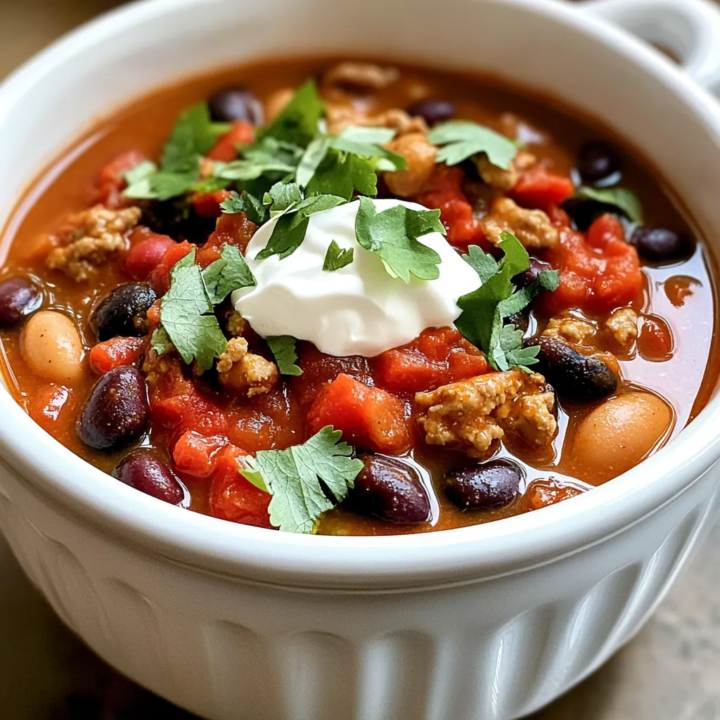 To make Smoky Chipotle Turkey Chili, you need a good mix of ingredients. They work together to create rich flavors and a hearty dish. Here’s a list of what you will need: - 1 pound ground turkey - 1 medium onion, diced - 2 cloves garlic, minced - 1 can (15 oz) black beans, drained and rinsed - 1 can (15 oz) kidney beans, drained and rinsed - 1 can (28 oz) crushed tomatoes - 1 cup chicken broth - 2-3 chipotle peppers in adobo sauce, minced (adjust to taste) - 1 tablespoon adobo sauce (from chipotle can) - 1 tablespoon chili powder - 1 teaspoon smoked paprika - 1 teaspoon cumin - Salt and pepper to taste - 1 tablespoon olive oil - Fresh cilantro, for garnish - Sour cream or Greek yogurt, for serving - Shredded cheese, for serving (optional) Each ingredient plays a role. The ground turkey adds protein and keeps the dish light. The onion and garlic bring sweetness and depth. The beans add fiber and heartiness. Crushed tomatoes create a rich base. Chipotle peppers provide a smoky heat. The spices bring warmth and flavor. For garnishes, fresh cilantro adds brightness. Sour cream or Greek yogurt adds creaminess. Shredded cheese gives extra richness. Enjoy these flavors together for a comforting meal! 1. Start by heating olive oil in a large pot over medium heat. 2. Add the diced onion and sauté it until soft, about five minutes. 3. Next, stir in the minced garlic and cook for one more minute. 4. Now, add the ground turkey to the pot. Break it up with a spatula. 5. Cook the turkey until it turns brown and is fully cooked, roughly seven to ten minutes. 6. Incorporate the minced chipotle peppers, adobo sauce, chili powder, smoked paprika, cumin, salt, and pepper. Mix well to coat the turkey. 1. Mix in the crushed tomatoes and chicken broth. Stir everything together until combined. 2. Add the black beans and kidney beans gently, ensuring they blend in well with the mixture. 1. Bring the chili to a simmer. Reduce the heat to low. 2. Cover the pot and let it simmer for thirty to forty minutes. Stir occasionally to prevent sticking. 3. Taste the chili and adjust seasoning if needed. Add more chipotle or salt to suit your taste. 4. Once ready, remove the pot from heat and let it rest for a few minutes. 5. Serve hot, garnished with fresh cilantro, a dollop of sour cream or Greek yogurt, and shredded cheese if you like. - Alternatives for ground turkey: If you want a different meat, try ground chicken or lean beef. For a lighter option, use shredded rotisserie chicken. You can also use plant-based ground meat for a vegetarian dish. - Using different beans: You can swap black beans and kidney beans with pinto beans or white beans. This change adds different textures and flavors. Also, feel free to mix in chickpeas for a unique twist. - Best practices for sautéing: Always heat the oil in your pot before adding onions. This step helps them cook evenly. Stir the onions often. Wait until they turn soft and clear. This should take about five minutes. - How to adjust spice levels: Start with fewer chipotle peppers if you prefer mild chili. Taste the chili as it simmers. You can always add more heat by mixing in extra peppers or chili powder later. - Best sides to accompany chili: Serve your chili with warm cornbread or tortilla chips. These sides add crunch and flavor. A fresh salad can also balance the meal. - Ideal toppings to enhance flavor: Top your chili with fresh cilantro for a burst of freshness. A dollop of sour cream or Greek yogurt adds creaminess. Shredded cheese melts nicely on top and adds richness. {{image_2}} You can switch the ground turkey for other meats. Chicken works great and keeps it lean. Use ground chicken in the same way as turkey. Beef is another option if you want a richer flavor. It will make the chili heartier. For a vegetarian twist, try lentils. They add protein and texture. Use one cup of cooked lentils instead of meat. This makes a filling, tasty chili for everyone. If you love heat, add more chipotle peppers. Start with an extra pepper and taste as you go. You can also try other spices. A pinch of cayenne pepper or crushed red pepper adds a kick. For a smoky flavor, add more smoked paprika. Mix and match spices to find your perfect heat level. Feel free to add more veggies for extra flavor and nutrition. Bell peppers, corn, or zucchini work well. Chop them up and stir them in with the beans. For a heartier meal, you can add grains or pasta. Quinoa or small pasta shapes like ditalini are great choices. Cook them separately and stir them in before serving. This makes the chili more filling and satisfying. Store leftover chili in the fridge. Use airtight containers for the best results. Make sure to cool the chili first before sealing it up. This prevents moisture build-up and keeps it fresh longer. You can store it for up to five days. Label the container with the date. This way, you’ll know when to use it. To freeze chili, let it cool completely. Use freezer-safe containers or bags. Make sure to leave some space at the top. Chili expands when it freezes. For best taste, eat frozen chili within three months. When ready to eat, thaw it overnight in the fridge. You can also use the microwave for quick thawing. Reheat on the stove until hot, stirring often. In the fridge, chili lasts for about five days. If frozen, it can last for up to three months. Always check for signs that chili has gone bad. Look for off smells, changes in color, or mold. If you see any of these signs, it’s best to throw it away. Trust your senses; they can help keep you safe. What can I substitute for ground turkey? You can use ground chicken or beef. You might also try lentils for a veggie option. Can I make this chili in a slow cooker? Yes, you can! Brown the turkey and onions first, then transfer to the slow cooker. Add all other ingredients and cook on low for 6-8 hours. How long does it take to cook chili in an Instant Pot? Using an Instant Pot, it takes about 20-30 minutes. Just make sure to set it to the bean/chili setting. Are chipotle peppers in adobo spicy? Yes, they are spicy. You can adjust the amount to fit your taste. Start with one and add more if you like heat. Can I use canned beans instead of dried? Absolutely! Canned beans save time and taste great. Just rinse them before adding to your chili. Is this chili keto-friendly? Yes, this chili can fit a keto diet. Use fewer beans or skip them for lower carbs. What are the calorie counts for a serving? Each serving has about 300-400 calories, depending on toppings. Check recipes for exact counts. This blog post covers a delicious smoky chipotle turkey chili recipe. You learned about key ingredients like ground turkey, beans, and spices. I shared step-by-step instructions on preparation, cooking methods, and tips for substitutions and serving. You can easily adjust spice levels and even try different meats or veggies. Whether you want to serve it now or store it for later, this chili is versatile and tasty. Enjoy crafting your own unique version and sharing it with friends or family!