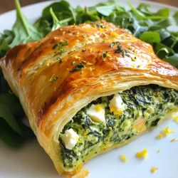 - 1 pound fresh salmon fillet - 1 cup fresh spinach, chopped - 1/2 cup cream cheese, softened - 1/2 cup feta cheese, crumbled - 1 tablespoon olive oil - 1 garlic clove, minced - 1 teaspoon lemon zest - Salt and pepper to taste - 1 package of puff pastry (2 sheets) - 1 egg, beaten (for egg wash) In this recipe, fresh ingredients shine. The salmon fillet offers a rich flavor. It pairs perfectly with the spinach, which adds a touch of earthiness. Cream cheese brings creaminess, while feta adds a salty punch. For pantry staples, olive oil is key for sautéing. Garlic adds depth, and lemon zest brightens the dish. Salt and pepper help balance the flavors perfectly. The puff pastry is the star of the show. It gives the dish a flaky, golden crust. The beaten egg wash adds shine and color. Together, these ingredients create a delightful meal that impresses. {{ingredient_image_1}} - First, heat olive oil in a skillet over medium heat. - Next, add minced garlic and sauté for about 1 minute until fragrant. - Then, add chopped spinach to the skillet. Cook until wilted, about 2-3 minutes. - Season with salt and pepper to taste. Remove from heat and let it cool slightly. - In a mixing bowl, combine the wilted spinach with cream cheese, feta cheese, and lemon zest. - Mix well until all ingredients are fully combined. This filling adds great flavor. - Roll out one sheet of puff pastry on a lightly floured surface. Aim for a large rectangle. - Place the fresh salmon fillet in the center of the pastry. - Spread the cheese and spinach mixture evenly over the top of the salmon. - Fold the sides of the puff pastry over the salmon. Seal the ends tightly to create a parcel. - If needed, use a second sheet of pastry to reinforce the structure. This makes it sturdy. - Place the wrapped salmon onto a baking sheet lined with parchment paper. - Brush the top with the beaten egg for a beautiful, golden finish. - Bake in the preheated oven at 400°F for 25-30 minutes. - Look for the pastry to be puffed and golden brown. - Allow the Wellington to rest for 5 minutes before slicing and serving. This helps the flavors meld nicely. Enjoy this delightful dish that’s sure to impress! - Ensure even thickness: Roll the pastry to about 1/8 inch thick. This helps it bake evenly. - Avoid overfilling: Too much filling can cause the pastry to burst. Keep it balanced for best results. - Oven temperature stability: Preheat your oven to 400°F (200°C). This hot oven creates a nice, crispy layer. - Resting time before slicing: Let the Wellington rest for 5 minutes after baking. This helps the filling set and makes slicing easier. - Recommended side dishes: Pair your Wellington with a simple salad or roasted veggies. They add freshness and balance. - Garnishing ideas: A sprinkle of fresh dill or a drizzle of lemon vinaigrette enhances the dish's look and flavor. Pro Tips Use Fresh Ingredients: Always opt for fresh spinach and salmon to enhance the flavor and texture of your Wellington. Chill the Filling: Allow the spinach and cheese mixture to cool before placing it on the salmon to prevent the puff pastry from becoming soggy. Check for Doneness: Ensure the pastry is golden and crispy; if necessary, bake for an additional 5 minutes, but keep an eye on it to prevent burning. Experiment with Flavors: Feel free to add herbs like dill or parsley to the cheese mixture for an extra layer of flavor. {{image_2}} You can easily swap the feta cheese for goat cheese. Goat cheese adds a tangy flavor that pairs well with salmon. It also creates a creamy texture that enhances the filling. If you want to try something new, consider using cream cheese alternatives. You can use a nut-based cream cheese for a lighter option. This works great for those who want to avoid dairy. It still gives that creamy taste to the dish. Adding spices and herbs can elevate the taste of your Salmon Wellington. Consider fresh dill, thyme, or parsley. These herbs brighten the dish and add depth to the flavor. You can also sprinkle in some red pepper flakes for a bit of heat. Incorporating other veggies can also enhance the filling. Try adding chopped artichokes or sun-dried tomatoes. These add a nice twist and extra layers of flavor. For gluten-free folks, there are great puff pastry options. Many stores sell gluten-free puff pastry made with almond or rice flour. This way, everyone can enjoy this dish. If you want to make it dairy-free, use a vegan cream cheese. This will keep the texture creamy while making the meal accessible for those avoiding dairy. You won’t lose any great taste with these swaps. To store leftovers, let the Salmon Wellington cool completely. Wrap it tightly in plastic wrap or aluminum foil. You can also place it in an airtight container. This will keep it fresh for up to three days in the fridge. For storage containers, use glass or plastic ones with lids. These are great for keeping the flavors intact. Make sure the container is big enough to hold the Wellington without squishing it. The best way to reheat your Salmon Wellington is in the oven. Preheat your oven to 350°F (175°C). Place the Wellington on a baking sheet and cover with foil. Heat it for about 15-20 minutes. This keeps the pastry crispy. To maintain the crispness of the pastry, avoid using the microwave. The microwave makes it soggy. The oven is the best choice for a warm and flaky result. You can freeze the Salmon Wellington before or after baking. If you freeze it before baking, wrap it tightly. This will keep it fresh for up to three months. Just make sure to thaw it in the fridge overnight before baking. If you freeze it after baking, let it cool first. Wrap it well in plastic wrap and then foil. Thaw it in the fridge before reheating in the oven. Thawing instructions are simple. Place the wrapped Wellington in the fridge for several hours or overnight. This helps it thaw evenly and keeps the texture nice. Cooking Salmon Wellington takes about 50 minutes. You spend 20 minutes preparing the dish. Then, it bakes for 25 to 30 minutes. The key is to watch the pastry. It should be golden and puffed. Yes, you can use frozen spinach. However, it changes the texture a bit. Frozen spinach often has more water. Make sure to thaw and squeeze it dry. This helps keep the filling from getting soggy. You can serve it with a fresh salad. A light lemon vinaigrette adds a nice touch. Roasted veggies also pair well. Consider serving it with some rice or quinoa for a complete meal. Salmon Wellington is a tasty dish that combines fresh ingredients and simple steps. You prepare a savory filling with salmon, spinach, cream cheese, and feta. After rolling out puff pastry, you build and bake the dish to golden perfection. Remember to follow tips for the best pastry results and explore variations for your liking. Whether serving it for a special meal or trying something new, this dish impresses. Enjoy the cooking process and the delightful flavors in every bite!