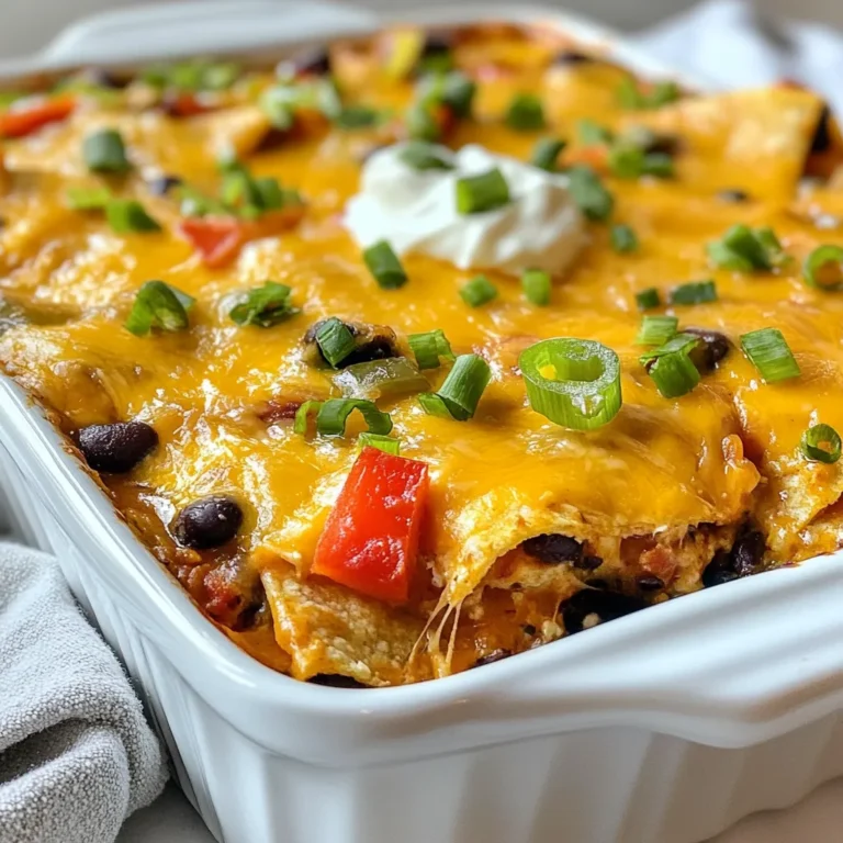 - 1 lb ground turkey or beef - 1 can (15 oz) black beans, drained and rinsed - 1 can (15 oz) diced tomatoes with green chilies - 1 cup corn (frozen or canned) - 1 packet taco seasoning In my creamy burrito casserole, I often use ground turkey or beef. Both options work well and add great flavor. Black beans bring protein and fiber, while diced tomatoes with green chilies add a nice kick. Corn adds sweetness and texture to the dish. Taco seasoning ties it all together, making each bite burst with flavor. - 8 small flour tortillas, cut into strips - 1 cup shredded cheddar cheese - 1 cup sour cream - 1 cup salsa - 1 cup bell peppers, diced (any color) I love using flour tortillas for their soft texture. They soak up the flavors beautifully. Cheddar cheese melts perfectly on top, creating a creamy layer. Sour cream adds richness, while salsa provides freshness. Diced bell peppers add color and crunch to each serving. - Cooking oil for sautéing - Salt and pepper to taste - Optional garnishes A drizzle of cooking oil helps brown the meat well. I always season with salt and pepper to enhance the taste. For garnishes, I suggest sliced green onions. They add a fresh touch and look great on the dish. {{ingredient_image_1}} To start, heat a splash of cooking oil in a large skillet over medium heat. Add 1 pound of ground turkey or beef. Cook the meat until it turns brown. Break it apart with a spatula. Season with salt and pepper to taste. Once the meat is brown, stir in the following ingredients: - 1 can (15 oz) black beans, drained and rinsed - 1 can (15 oz) diced tomatoes with green chilies - 1 cup corn (frozen or canned) - 1 packet taco seasoning - 1 cup bell peppers, diced Let this mixture simmer for about 5 minutes. This helps the flavors blend together nicely. Grab a large mixing bowl and combine 1 cup of sour cream and 1 cup of salsa. Mix well. Now, it’s time to assemble. In a greased baking dish, start with half of the tortilla strips. Lay them at the bottom. Next, add half of the meat mixture. Then, layer half of the sour cream and salsa mix on top. Finally, sprinkle half of the 1 cup of shredded cheddar cheese on this layer. Repeat with the remaining tortilla strips, meat mixture, sour cream mixture, and the rest of the cheese. Cover the baking dish with aluminum foil. Place it in your preheated oven at 350°F (175°C). Bake for 25 minutes. After that, remove the foil. Bake for an additional 15 minutes or until the cheese is bubbly and golden. To check if it’s done, look for the cheese to be melted and slightly browned. Once cooked, take it out of the oven and let it cool for a few minutes. Garnish with sliced green onions before serving. To achieve the perfect layer consistency, I recommend using a gentle hand. Start with half the tortilla strips, then add half the meat mixture. Next, spread half of the sour cream mix and sprinkle half the cheese. Repeat this process. This method ensures every bite is full of flavor and texture. For healthier options, you can swap ground turkey for lean chicken or even a plant-based meat. You can replace sour cream with Greek yogurt for a lighter touch. Try using whole wheat tortillas instead of regular flour ones. These simple swaps can make your dish feel fresher and lighter. The best sides to accompany the casserole include a fresh salad or some guacamole. A zesty corn salad works well too, adding crunch and color. You can also serve tortilla chips on the side for added texture. For garnishing ideas, sprinkle some cilantro or extra green onions on top of the casserole. A dollop of guacamole or a few slices of jalapeño can also add a nice pop of color and flavor. This makes your meal look even more appetizing. For meal prep strategies during busy weekdays, try chopping your vegetables the night before. This way, you can throw everything together quickly. You can also prepare the meat mixture ahead of time and store it in the fridge. Using leftovers effectively is a smart choice. You can repurpose any remaining casserole into lunch the next day. Simply heat it up or turn it into a wrap using fresh tortillas. This way, you avoid food waste and enjoy a tasty meal again. Pro Tips Use Fresh Ingredients: Whenever possible, opt for fresh vegetables and herbs to enhance the flavor of your casserole. Customize Your Spice Level: Adjust the amount of taco seasoning or add jalapeños for extra heat to suit your taste. Let It Rest: Allow the casserole to sit for a few minutes after baking; this helps it set and makes serving easier. Try Different Cheeses: Experiment with different types of cheese, such as pepper jack or Monterey Jack, for a unique flavor twist. {{image_2}} You can switch the ground turkey or beef for chicken or plant-based proteins. Ground chicken works well. For a vegan option, try crumbled tofu or lentils. You can also swap out the black beans for pinto or kidney beans. Feel free to use any vegetables you love. Zucchini, spinach, or mushrooms can add more color and nutrients. If you need gluten-free options, use corn tortillas instead of flour. They still taste great! For a vegan version, replace the sour cream with a plant-based alternative. Nutritional yeast can add a cheesy flavor without dairy. Make sure to check the labels on all your ingredients! Want more flavor? Add extra spices like cumin or paprika. They give a warm, rich taste. You can also kick up the heat with sliced jalapeños or your favorite hot sauce. Mixing in some diced green chiles can add a nice zing! Don't hesitate to get creative with your seasonings to suit your taste. To keep your creamy burrito casserole fresh, follow these steps: - Allow the casserole to cool to room temperature. - Cover it tightly with plastic wrap or aluminum foil. - Store it in the fridge for up to 3 days. If you want to keep it longer, freeze it. - Slice the casserole into portions. - Place each portion in airtight containers. - Label and date each container. - Freeze for up to 3 months. You can reheat the casserole in two ways: oven or microwave. - Oven: Preheat to 350°F (175°C). - Place the casserole in an oven-safe dish. - Cover with foil and bake for about 20 minutes. - Remove the foil and bake for another 10 minutes. This method keeps the texture nice. - Microwave: Place a portion on a microwave-safe plate. - Heat on high for 1-2 minutes. - Stir halfway through for even heating. This method is quicker but may make it softer. In the fridge, the casserole lasts about 3 days. Check for signs it has gone bad: - Unpleasant smell - Mold or discoloration - Unusual texture If you see any of these signs, throw it away. Enjoy your creamy burrito casserole while it’s fresh! Yes, you can make this casserole ahead of time. Pre-assemble your layers in a baking dish. Cover it tightly with foil and store it in the fridge. You can also freeze it for later. Thaw overnight in the fridge before baking. Just adjust the bake time if it's cold from the fridge. This makes dinner easy on busy days! To add heat to your casserole, try these ideas: - Add diced jalapeños to the meat mixture. - Mix in a teaspoon of cayenne pepper or red pepper flakes. - Use spicy salsa instead of mild. - For extra flavor, consider chipotle peppers in adobo sauce. These options will give your dish a nice kick. Yes! Cheese options can change the flavor of your casserole. Here are some ideas: - Monterey Jack adds a creamy texture. - Pepper Jack gives a spicy twist. - For a rich taste, try using a mix of cheeses. You can even sprinkle some queso fresco on top for a fresh touch. This blog post covers the key ingredients, instructions, and tips for making the Creamy Burrito Casserole. You learned about the main components like ground meat, beans, and tortillas, plus helpful cooking and storage tips. Remember, you can easily adapt this dish with different proteins and spices. The casserole is not just tasty but also flexible for your needs. Keep these ideas in mind to create a meal that fits your taste and lifestyle. Enjoy cooking!