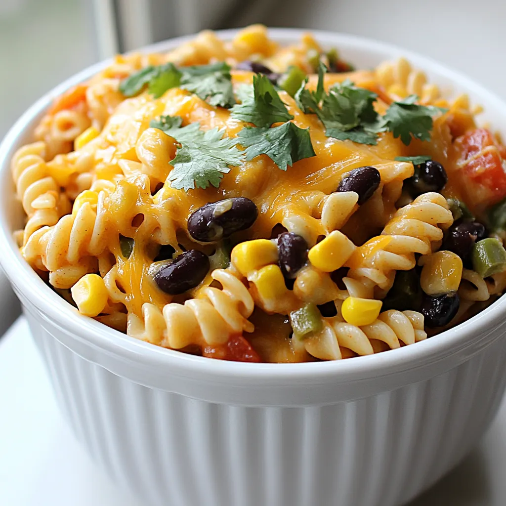 - 1 pound ground beef or turkey - 1 small onion, diced - 2 cloves garlic, minced - 1 can diced tomatoes with green chilies (15 oz) - 1 can black beans, rinsed and drained (15 oz) - 1 cup corn (fresh, frozen, or canned) - 2 cups uncooked pasta (penne or rotini works well) - Fresh cilantro for garnish - Additional toppings like sour cream or extra cheese - 1 packet taco seasoning - 3 cups chicken broth or water - Salt and pepper to taste When making this dish, I find using ground beef gives rich flavor. Turkey works too if you want lighter meat. The diced onion and minced garlic add great depth. The canned tomatoes with chilies bring a nice kick. Black beans and corn add fiber and sweetness. Taco seasoning is key for that classic taste. You can find it in any grocery store. For the liquid, chicken broth makes the dish savory. Water can work too if you’re out. Don’t skip the optional toppings! Fresh cilantro brightens the dish and adds color. You can also add sour cream or extra cheese before serving. It makes every bite creamy and rich. Enjoy the burst of flavors in every spoonful! {{ingredient_image_1}} First, heat a skillet over medium heat. Add 1 pound of ground beef or turkey. Cook it until it turns brown. This step takes about 5 to 7 minutes. After that, drain any fat. Next, add 1 small diced onion and 2 minced garlic cloves. Cook them together for 2 to 3 minutes until the onion looks clear. This mix gives your dish great flavor. Next, transfer the cooked meat mixture into your crockpot. Sprinkle in 1 packet of taco seasoning. Then, add 1 can of diced tomatoes with green chilies, 1 can of black beans (rinsed and drained), and 1 cup of corn. Pour in 3 cups of chicken broth or water. Now, mix everything well with a spoon. Make sure all the ingredients blend nicely. Then, add 2 cups of uncooked pasta to the pot. Ensure the pasta is fully submerged in the liquid. This helps the pasta cook evenly. Taste and add salt and pepper to your liking. Cover your crockpot and set it to cook. If you set it on low, cook for 4 to 5 hours. If you prefer high, it will take about 2 to 3 hours. Check that the pasta is cooked but still firm, or al dente. About 15 minutes before serving, stir in 1 cup of shredded cheddar cheese and 1 cup of sour cream. Mix until the cheese melts into a creamy sauce. Enjoy the warm, flavorful dish! When cooking pasta in a crockpot, timing is key. I suggest cooking on low for 4-5 hours or high for 2-3 hours. This will give the pasta time to absorb all the great flavors. If you want firmer pasta, check it around the 2-hour mark on high or 4 hours on low. To check for doneness, taste a piece of pasta. It should be tender but still have a slight bite. If it’s mushy, it may have cooked too long. To boost the flavor, consider adding extra spices. A pinch of cayenne pepper can add heat. You could also try smoked paprika for a deeper taste. Switching up the beans can also change the dish. Instead of black beans, try pinto or kidney beans for a different texture and flavor. Each variety brings its own unique taste, enhancing the taco vibe. For a beautiful finish, serve the pasta in bowls. Top each serving with extra cheese, a dollop of sour cream, and fresh cilantro. This adds color and makes the dish more appealing. As for side dishes, a simple salad pairs well. You could also serve tortilla chips for a crunchy contrast. These options keep the meal light and fun. Pro Tips Pre-cook the Pasta: For a firmer texture, consider cooking the pasta separately until just al dente before adding it to the crockpot. Customize Your Protein: Feel free to substitute ground beef with ground chicken, turkey, or even tofu for a vegetarian option. Add Extra Veggies: Boost nutrition and flavor by incorporating additional vegetables such as bell peppers, zucchini, or spinach. Make It Spicy: If you like heat, add some diced jalapeños or a few dashes of hot sauce to the mixture for an extra kick. {{image_2}} You can switch the meat in this recipe. Ground turkey offers a lighter taste. For a vegetarian option, use lentils or black beans. Both choices keep the meal hearty and filling. Just make sure to adjust cooking times if you change the meat. If you need gluten-free options, use lentil pasta or chickpea pasta. These options add protein and fiber too. Different pasta shapes can also change the dish. Try shells, fusilli, or even spaghetti for fun twists. Each shape holds sauce differently, adding to the flavor. Adding different vegetables can boost flavor. Bell peppers, zucchini, or spinach work great here. They add color and nutrients. You can also play with spice levels. Add jalapeños for heat or extra taco seasoning for more flavor. Adjust according to your taste to make it your own. After enjoying your Crockpot Taco Pasta, it's smart to store any leftovers. First, let the pasta cool down. This keeps it safe and tasty. Use an airtight container. Store it in the fridge. It will last for about 3 to 4 days. If you want to keep it longer, consider freezing it. When you're ready to eat the leftovers, reheating is easy. The best way is in the microwave. Place the pasta in a bowl and cover it. Heat it for 1-2 minutes, stirring halfway through. You can also reheat on the stove. Just add a splash of broth or water in a pot. Warm it over medium heat until hot. To freeze the Crockpot Taco Pasta, follow these steps. First, let it cool completely. Then, portion it into freezer-safe bags. Remove as much air as possible before sealing. Label the bags with the date. You can freeze it for up to 3 months. When you're ready to eat, thaw it in the fridge overnight. Then, reheat as mentioned above. Yes, you can use whole grain pasta in this recipe. Whole grain pasta has health benefits. It contains more fiber than regular pasta, which helps digestion. It also has more nutrients, like B vitamins and iron. When cooking, whole grain pasta may need a bit more time. Start checking for doneness a few minutes earlier than the package says. This ensures it will be tender, not mushy. If you want a spicier version, try these ideas. Add diced jalapeños or a dash of cayenne pepper to the mix. You can also use a spicy taco seasoning blend. For more heat, consider adding crushed red pepper flakes. Start with a small amount and taste as you go. This way, you can find the perfect heat level for your taste. Crockpot Taco Pasta pairs well with various side dishes. Here are some tasty options: - A fresh green salad with a light vinaigrette - Cornbread for a comforting touch - Tortilla chips with salsa or guacamole - Steamed veggies for a healthy side These sides balance the meal and add extra flavors. Enjoy your Taco Pasta with these delicious accompaniments! This article discussed how to make a delicious Crockpot Taco Pasta. We covered essential ingredients like ground meat, onion, garlic, and taco seasoning. You learned step-by-step instructions for preparing and cooking this dish. I shared tips for cooking, flavor enhancements, and serving suggestions. We explored variations, storage tips, and answered common questions. Now, you can create a fun and tasty family meal with ease. Enjoy experimenting with flavors to make your dish unique!