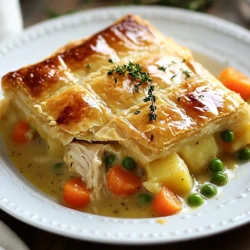- 2 cups cooked chicken, shredded - 1 cup carrots, diced - 1 cup peas (fresh or frozen) - 1 cup potatoes, diced - 1/2 cup celery, diced - 1 small onion, finely chopped - 3 tablespoons butter - 3 tablespoons all-purpose flour - 2 cups chicken broth - 1 cup milk - 1 teaspoon garlic powder - 1 teaspoon dried thyme - Salt and pepper to taste - 1 refrigerated pie crust (store-bought) - Homemade pie crust option - 1 egg (for egg wash) I love using fresh and simple ingredients in my chicken pot pie. The star is the chicken. Shredded chicken gives the pie a tender bite. Carrots add sweetness, while peas bring a pop of color. Diced potatoes make it hearty. Celery and onion add great flavor. For the sauce, I use butter and flour to make a thick base. Chicken broth gives it a nice depth. Milk makes it creamy. I like to add garlic powder and thyme for extra flavor. Don't forget salt and pepper to taste. When it comes to the crust, I often choose a refrigerated pie crust for ease. If you want to make your own, that works too. An egg wash on top gives the crust a nice shine. This mix of ingredients makes a warm, comforting meal that you'll want to share with family and friends. Enjoy your cooking adventure! {{ingredient_image_1}} Set the oven to 425°F (220°C). This is the perfect temperature for golden crusts. Melt 3 tablespoons of butter in a large pot over medium heat. Add the finely chopped onion, diced celery, carrots, and potatoes. Sauté for 5 to 7 minutes until they start to soften. This brings out their natural flavors. Next, stir in 3 tablespoons of flour and cook for 1 minute. This helps thicken the filling. Gradually whisk in 2 cups of chicken broth and 1 cup of milk. Keep stirring until the mixture thickens, which takes about 3 to 5 minutes. Now add 2 cups of shredded chicken, 1 cup of peas, 1 teaspoon of garlic powder, and 1 teaspoon of dried thyme. Season with salt and pepper to taste. Stir well and let the filling simmer for another 5 minutes. This step builds a rich taste. Roll out a refrigerated pie crust into a large pie dish. Pour the chicken filling into the crust, ensuring it is evenly spread. If you prefer, cover it with another pie crust. If using a single crust, fold the edges over the filling. Then, cut slits into the top crust to allow steam to escape. Beat 1 egg and brush it over the crust. This creates a lovely golden-brown finish when baked. Place the pie in the preheated oven and bake for 30 to 35 minutes. Look for a golden-brown crust and bubbling filling as signs of doneness. Let the pot pie cool for a few minutes before slicing. This helps the filling set and makes serving easier. Enjoy your warm, comforting dish! Achieving a flaky crust is key to a great chicken pot pie. Use cold butter and ice water to make your dough. This keeps the fat solid and helps create layers. Roll out your crust gently to avoid tearing. To avoid soggy bottoms, bake the crust briefly before filling. This is called blind baking. It helps set the crust and keeps it crisp. Place parchment paper on the crust and fill it with pie weights or beans. Bake for about 10 minutes at 425°F. Customizing seasonings can make your pot pie unique. Try adding fresh herbs like parsley or rosemary for a fresh taste. You can also mix in spices like paprika or cumin for warmth. Adding extra vegetables boosts flavor and nutrition. Consider mushrooms, corn, or green beans. You can even toss in some spinach for a pop of green. This not only tastes great but adds color too. Pairing sides with chicken pot pie can elevate your meal. A simple green salad with a light vinaigrette works well. It adds freshness and crunch. For presentation, serve slices on warm plates. A sprinkle of fresh herbs, like parsley, adds color. You can also use a dollop of sour cream or a drizzle of gravy for extra flavor. Pro Tips Use Rotisserie Chicken: For a quicker preparation, use store-bought rotisserie chicken; it saves time and adds great flavor. Customize Your Veggies: Feel free to swap in your favorite vegetables like corn or green beans for a personalized touch. Thicken the Filling: If you prefer a thicker filling, increase the amount of flour or let it simmer longer before adding it to the crust. Make-Ahead Option: Prepare the filling and store it in the fridge for up to a day, then assemble and bake when ready to serve. {{image_2}} You can easily change the crust to fit your diet. For a gluten-free crust, use almond flour or a store-bought gluten-free option. These alternatives keep the pie tasty and safe for those with gluten issues. For a dairy-free version, swap milk with almond milk or coconut milk. These options work well without losing flavor. If you want to mix things up, try turkey instead of chicken. This makes a great pot pie after Thanksgiving. You can also use vegetarian options like tofu or chickpeas. They add protein and a nice texture to the dish. Leftover holiday meats can also shine in this recipe. Just shred them and mix them into the filling. Adding new ingredients can give your pot pie an exciting twist. For instance, mushrooms add a rich taste. Corn contributes a sweet crunch that pairs well with the creamy filling. You can also experiment with spices. Try paprika for a smoky flavor or rosemary for a fresh kick. Even small changes can create a new favorite! To store leftover chicken pot pie, let it cool first. Cover the pie with plastic wrap or aluminum foil. You can also use an airtight container. This helps keep the pie fresh. Store it in the fridge for up to three days. Always check for any signs of spoilage before enjoying. Freezing chicken pot pie is easy and great for meals later. First, let the pie cool completely. Wrap it tightly in plastic wrap, then in aluminum foil. This prevents freezer burn. You can also slice the pie and freeze individual pieces. For future meals, label the pie with the date and type. To thaw, place the pie in the fridge overnight. Reheat it in the oven at 350°F (175°C) for about 30-40 minutes. Make sure it's hot all the way through. Chicken pot pie lasts three days in the fridge. If you freeze it, it can last up to three months. After that, the quality may drop. Always check the pie before eating. If it looks or smells off, it's best to toss it. Yes, you can use rotisserie chicken. It saves time and adds great flavor. Using pre-cooked chicken means you skip cooking and shredding. This option makes your chicken pot pie quick and easy! To reheat, use the oven. Preheat it to 350°F (175°C). Place the pie on a baking sheet. Cover it with foil to keep the crust from burning. Heat for about 20-25 minutes. This method keeps the crust crispy and the filling warm. Pair chicken pot pie with simple sides. A fresh salad works well. You can also serve steamed veggies like green beans. A light drink, like iced tea or lemonade, complements this dish nicely. Yes, you can make it ahead. Prepare the filling and store it in the fridge. You can also assemble the pie and freeze it. Just remember to bake it straight from the freezer. It takes about 10-15 more minutes. In this article, we explored the key ingredients and steps to make a delicious chicken pot pie. We discussed how to prepare the filling, choose the right crust, and even add your own twists. Remember, you can adjust flavors or use different proteins as needed. Lastly, proper storage extends the life of your pot pie, ensuring it stays tasty for later. With these tips, you can create a comforting dish perfect for any meal. Enjoy making your chicken pot pie your way!