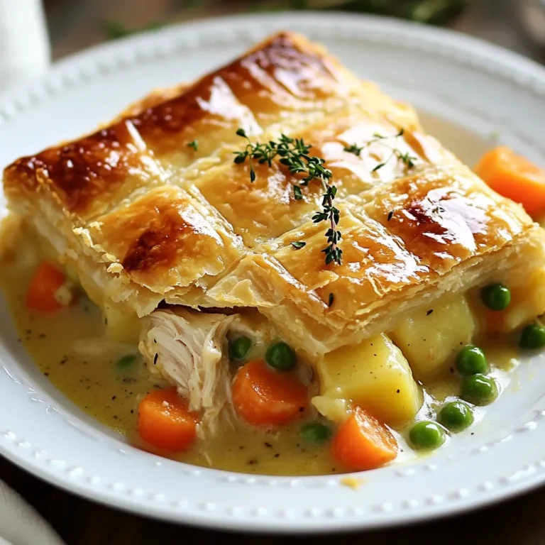 - 2 cups cooked chicken, shredded - 1 cup carrots, diced - 1 cup peas (fresh or frozen) - 1 cup potatoes, diced - 1/2 cup celery, diced - 1 small onion, finely chopped - 3 tablespoons butter - 3 tablespoons all-purpose flour - 2 cups chicken broth - 1 cup milk - 1 teaspoon garlic powder - 1 teaspoon dried thyme - Salt and pepper to taste - 1 refrigerated pie crust (store-bought) - Homemade pie crust option - 1 egg (for egg wash) I love using fresh and simple ingredients in my chicken pot pie. The star is the chicken. Shredded chicken gives the pie a tender bite. Carrots add sweetness, while peas bring a pop of color. Diced potatoes make it hearty. Celery and onion add great flavor. For the sauce, I use butter and flour to make a thick base. Chicken broth gives it a nice depth. Milk makes it creamy. I like to add garlic powder and thyme for extra flavor. Don't forget salt and pepper to taste. When it comes to the crust, I often choose a refrigerated pie crust for ease. If you want to make your own, that works too. An egg wash on top gives the crust a nice shine. This mix of ingredients makes a warm, comforting meal that you'll want to share with family and friends. Enjoy your cooking adventure! {{ingredient_image_1}} Set the oven to 425°F (220°C). This is the perfect temperature for golden crusts. Melt 3 tablespoons of butter in a large pot over medium heat. Add the finely chopped onion, diced celery, carrots, and potatoes. Sauté for 5 to 7 minutes until they start to soften. This brings out their natural flavors. Next, stir in 3 tablespoons of flour and cook for 1 minute. This helps thicken the filling. Gradually whisk in 2 cups of chicken broth and 1 cup of milk. Keep stirring until the mixture thickens, which takes about 3 to 5 minutes. Now add 2 cups of shredded chicken, 1 cup of peas, 1 teaspoon of garlic powder, and 1 teaspoon of dried thyme. Season with salt and pepper to taste. Stir well and let the filling simmer for another 5 minutes. This step builds a rich taste. Roll out a refrigerated pie crust into a large pie dish. Pour the chicken filling into the crust, ensuring it is evenly spread. If you prefer, cover it with another pie crust. If using a single crust, fold the edges over the filling. Then, cut slits into the top crust to allow steam to escape. Beat 1 egg and brush it over the crust. This creates a lovely golden-brown finish when baked. Place the pie in the preheated oven and bake for 30 to 35 minutes. Look for a golden-brown crust and bubbling filling as signs of doneness. Let the pot pie cool for a few minutes before slicing. This helps the filling set and makes serving easier. Enjoy your warm, comforting dish! Achieving a flaky crust is key to a great chicken pot pie. Use cold butter and ice water to make your dough. This keeps the fat solid and helps create layers. Roll out your crust gently to avoid tearing. To avoid soggy bottoms, bake the crust briefly before filling. This is called blind baking. It helps set the crust and keeps it crisp. Place parchment paper on the crust and fill it with pie weights or beans. Bake for about 10 minutes at 425°F. Customizing seasonings can make your pot pie unique. Try adding fresh herbs like parsley or rosemary for a fresh taste. You can also mix in spices like paprika or cumin for warmth. Adding extra vegetables boosts flavor and nutrition. Consider mushrooms, corn, or green beans. You can even toss in some spinach for a pop of green. This not only tastes great but adds color too. Pairing sides with chicken pot pie can elevate your meal. A simple green salad with a light vinaigrette works well. It adds freshness and crunch. For presentation, serve slices on warm plates. A sprinkle of fresh herbs, like parsley, adds color. You can also use a dollop of sour cream or a drizzle of gravy for extra flavor. Pro Tips Use Rotisserie Chicken: For a quicker preparation, use store-bought rotisserie chicken; it saves time and adds great flavor. Customize Your Veggies: Feel free to swap in your favorite vegetables like corn or green beans for a personalized touch. Thicken the Filling: If you prefer a thicker filling, increase the amount of flour or let it simmer longer before adding it to the crust. Make-Ahead Option: Prepare the filling and store it in the fridge for up to a day, then assemble and bake when ready to serve. {{image_2}} You can easily change the crust to fit your diet. For a gluten-free crust, use almond flour or a store-bought gluten-free option. These alternatives keep the pie tasty and safe for those with gluten issues. For a dairy-free version, swap milk with almond milk or coconut milk. These options work well without losing flavor. If you want to mix things up, try turkey instead of chicken. This makes a great pot pie after Thanksgiving. You can also use vegetarian options like tofu or chickpeas. They add protein and a nice texture to the dish. Leftover holiday meats can also shine in this recipe. Just shred them and mix them into the filling. Adding new ingredients can give your pot pie an exciting twist. For instance, mushrooms add a rich taste. Corn contributes a sweet crunch that pairs well with the creamy filling. You can also experiment with spices. Try paprika for a smoky flavor or rosemary for a fresh kick. Even small changes can create a new favorite! To store leftover chicken pot pie, let it cool first. Cover the pie with plastic wrap or aluminum foil. You can also use an airtight container. This helps keep the pie fresh. Store it in the fridge for up to three days. Always check for any signs of spoilage before enjoying. Freezing chicken pot pie is easy and great for meals later. First, let the pie cool completely. Wrap it tightly in plastic wrap, then in aluminum foil. This prevents freezer burn. You can also slice the pie and freeze individual pieces. For future meals, label the pie with the date and type. To thaw, place the pie in the fridge overnight. Reheat it in the oven at 350°F (175°C) for about 30-40 minutes. Make sure it's hot all the way through. Chicken pot pie lasts three days in the fridge. If you freeze it, it can last up to three months. After that, the quality may drop. Always check the pie before eating. If it looks or smells off, it's best to toss it. Yes, you can use rotisserie chicken. It saves time and adds great flavor. Using pre-cooked chicken means you skip cooking and shredding. This option makes your chicken pot pie quick and easy! To reheat, use the oven. Preheat it to 350°F (175°C). Place the pie on a baking sheet. Cover it with foil to keep the crust from burning. Heat for about 20-25 minutes. This method keeps the crust crispy and the filling warm. Pair chicken pot pie with simple sides. A fresh salad works well. You can also serve steamed veggies like green beans. A light drink, like iced tea or lemonade, complements this dish nicely. Yes, you can make it ahead. Prepare the filling and store it in the fridge. You can also assemble the pie and freeze it. Just remember to bake it straight from the freezer. It takes about 10-15 more minutes. In this article, we explored the key ingredients and steps to make a delicious chicken pot pie. We discussed how to prepare the filling, choose the right crust, and even add your own twists. Remember, you can adjust flavors or use different proteins as needed. Lastly, proper storage extends the life of your pot pie, ensuring it stays tasty for later. With these tips, you can create a comforting dish perfect for any meal. Enjoy making your chicken pot pie your way!