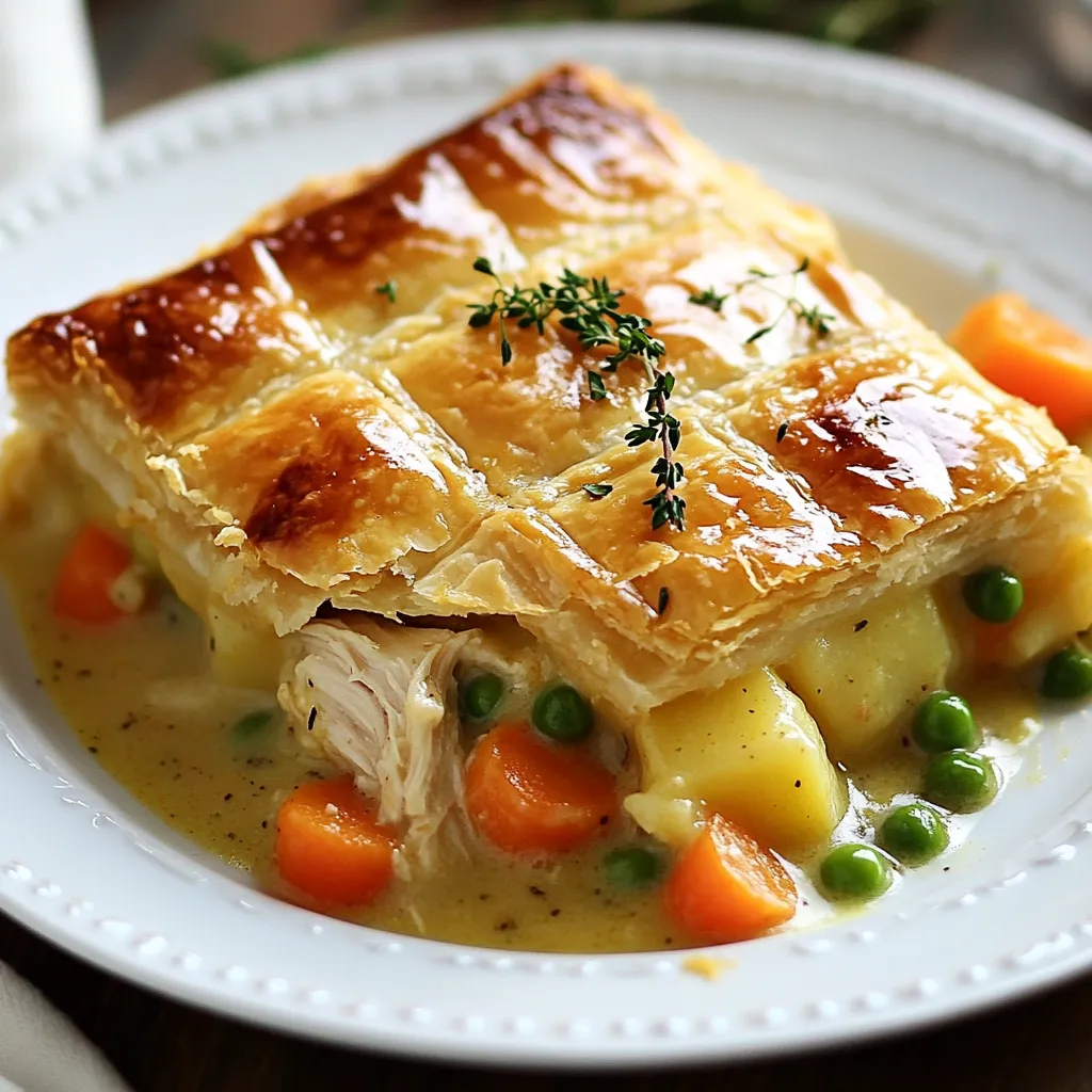 - 2 cups cooked chicken, shredded - 1 cup carrots, diced - 1 cup peas (fresh or frozen) - 1 cup potatoes, diced - 1/2 cup celery, diced - 1 small onion, finely chopped - 3 tablespoons butter - 3 tablespoons all-purpose flour - 2 cups chicken broth - 1 cup milk - 1 teaspoon garlic powder - 1 teaspoon dried thyme - Salt and pepper to taste - 1 refrigerated pie crust (store-bought) - Homemade pie crust option - 1 egg (for egg wash) I love using fresh and simple ingredients in my chicken pot pie. The star is the chicken. Shredded chicken gives the pie a tender bite. Carrots add sweetness, while peas bring a pop of color. Diced potatoes make it hearty. Celery and onion add great flavor. For the sauce, I use butter and flour to make a thick base. Chicken broth gives it a nice depth. Milk makes it creamy. I like to add garlic powder and thyme for extra flavor. Don't forget salt and pepper to taste. When it comes to the crust, I often choose a refrigerated pie crust for ease. If you want to make your own, that works too. An egg wash on top gives the crust a nice shine. This mix of ingredients makes a warm, comforting meal that you'll want to share with family and friends. Enjoy your cooking adventure! {{ingredient_image_1}} Set the oven to 425°F (220°C). This is the perfect temperature for golden crusts. Melt 3 tablespoons of butter in a large pot over medium heat. Add the finely chopped onion, diced celery, carrots, and potatoes. Sauté for 5 to 7 minutes until they start to soften. This brings out their natural flavors. Next, stir in 3 tablespoons of flour and cook for 1 minute. This helps thicken the filling. Gradually whisk in 2 cups of chicken broth and 1 cup of milk. Keep stirring until the mixture thickens, which takes about 3 to 5 minutes. Now add 2 cups of shredded chicken, 1 cup of peas, 1 teaspoon of garlic powder, and 1 teaspoon of dried thyme. Season with salt and pepper to taste. Stir well and let the filling simmer for another 5 minutes. This step builds a rich taste. Roll out a refrigerated pie crust into a large pie dish. Pour the chicken filling into the crust, ensuring it is evenly spread. If you prefer, cover it with another pie crust. If using a single crust, fold the edges over the filling. Then, cut slits into the top crust to allow steam to escape. Beat 1 egg and brush it over the crust. This creates a lovely golden-brown finish when baked. Place the pie in the preheated oven and bake for 30 to 35 minutes. Look for a golden-brown crust and bubbling filling as signs of doneness. Let the pot pie cool for a few minutes before slicing. This helps the filling set and makes serving easier. Enjoy your warm, comforting dish! Achieving a flaky crust is key to a great chicken pot pie. Use cold butter and ice water to make your dough. This keeps the fat solid and helps create layers. Roll out your crust gently to avoid tearing. To avoid soggy bottoms, bake the crust briefly before filling. This is called blind baking. It helps set the crust and keeps it crisp. Place parchment paper on the crust and fill it with pie weights or beans. Bake for about 10 minutes at 425°F. Customizing seasonings can make your pot pie unique. Try adding fresh herbs like parsley or rosemary for a fresh taste. You can also mix in spices like paprika or cumin for warmth. Adding extra vegetables boosts flavor and nutrition. Consider mushrooms, corn, or green beans. You can even toss in some spinach for a pop of green. This not only tastes great but adds color too. Pairing sides with chicken pot pie can elevate your meal. A simple green salad with a light vinaigrette works well. It adds freshness and crunch. For presentation, serve slices on warm plates. A sprinkle of fresh herbs, like parsley, adds color. You can also use a dollop of sour cream or a drizzle of gravy for extra flavor. Pro Tips Use Rotisserie Chicken: For a quicker preparation, use store-bought rotisserie chicken; it saves time and adds great flavor. Customize Your Veggies: Feel free to swap in your favorite vegetables like corn or green beans for a personalized touch. Thicken the Filling: If you prefer a thicker filling, increase the amount of flour or let it simmer longer before adding it to the crust. Make-Ahead Option: Prepare the filling and store it in the fridge for up to a day, then assemble and bake when ready to serve. {{image_2}} You can easily change the crust to fit your diet. For a gluten-free crust, use almond flour or a store-bought gluten-free option. These alternatives keep the pie tasty and safe for those with gluten issues. For a dairy-free version, swap milk with almond milk or coconut milk. These options work well without losing flavor. If you want to mix things up, try turkey instead of chicken. This makes a great pot pie after Thanksgiving. You can also use vegetarian options like tofu or chickpeas. They add protein and a nice texture to the dish. Leftover holiday meats can also shine in this recipe. Just shred them and mix them into the filling. Adding new ingredients can give your pot pie an exciting twist. For instance, mushrooms add a rich taste. Corn contributes a sweet crunch that pairs well with the creamy filling. You can also experiment with spices. Try paprika for a smoky flavor or rosemary for a fresh kick. Even small changes can create a new favorite! To store leftover chicken pot pie, let it cool first. Cover the pie with plastic wrap or aluminum foil. You can also use an airtight container. This helps keep the pie fresh. Store it in the fridge for up to three days. Always check for any signs of spoilage before enjoying. Freezing chicken pot pie is easy and great for meals later. First, let the pie cool completely. Wrap it tightly in plastic wrap, then in aluminum foil. This prevents freezer burn. You can also slice the pie and freeze individual pieces. For future meals, label the pie with the date and type. To thaw, place the pie in the fridge overnight. Reheat it in the oven at 350°F (175°C) for about 30-40 minutes. Make sure it's hot all the way through. Chicken pot pie lasts three days in the fridge. If you freeze it, it can last up to three months. After that, the quality may drop. Always check the pie before eating. If it looks or smells off, it's best to toss it. Yes, you can use rotisserie chicken. It saves time and adds great flavor. Using pre-cooked chicken means you skip cooking and shredding. This option makes your chicken pot pie quick and easy! To reheat, use the oven. Preheat it to 350°F (175°C). Place the pie on a baking sheet. Cover it with foil to keep the crust from burning. Heat for about 20-25 minutes. This method keeps the crust crispy and the filling warm. Pair chicken pot pie with simple sides. A fresh salad works well. You can also serve steamed veggies like green beans. A light drink, like iced tea or lemonade, complements this dish nicely. Yes, you can make it ahead. Prepare the filling and store it in the fridge. You can also assemble the pie and freeze it. Just remember to bake it straight from the freezer. It takes about 10-15 more minutes. In this article, we explored the key ingredients and steps to make a delicious chicken pot pie. We discussed how to prepare the filling, choose the right crust, and even add your own twists. Remember, you can adjust flavors or use different proteins as needed. Lastly, proper storage extends the life of your pot pie, ensuring it stays tasty for later. With these tips, you can create a comforting dish perfect for any meal. Enjoy making your chicken pot pie your way!