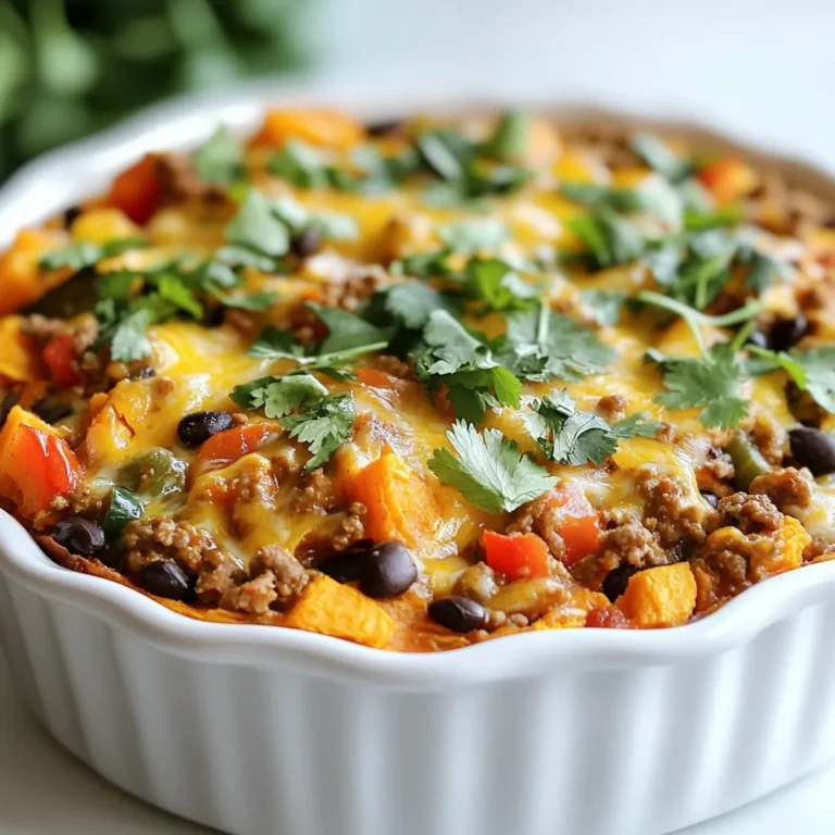 To make a tasty Ground Turkey Sweet Potato Bake, you need: - 1 lb ground turkey - 2 large sweet potatoes, peeled and diced - 1 medium onion, chopped - 2 cloves garlic, minced - 1 red bell pepper, diced - 1 cup black beans, rinsed and drained - 1 teaspoon cumin - 1 teaspoon smoked paprika - ½ teaspoon chili powder - Salt and pepper to taste - Olive oil for sautéing These ingredients blend well to create a hearty meal that warms you up. You can add more flavor to your dish with: - ½ cup shredded cheese (optional) - Fresh cilantro for garnish Cheese adds creaminess and a rich taste, while cilantro provides freshness. This recipe is great for various diets. If you're looking for substitutes: - Use lean ground beef or chicken instead of turkey. - Sweet potatoes can be swapped with regular potatoes or butternut squash. - For a vegan option, replace turkey with lentils or a plant-based meat. Always check food labels for allergens if you have dietary restrictions. {{ingredient_image_1}} Start by gathering all your ingredients. You will need: - 1 lb ground turkey - 2 large sweet potatoes, peeled and diced - 1 medium onion, chopped - 2 cloves garlic, minced - 1 red bell pepper, diced - 1 cup black beans, rinsed and drained - 1 teaspoon cumin - 1 teaspoon smoked paprika - ½ teaspoon chili powder - Salt and pepper to taste - ½ cup shredded cheese (optional) - Olive oil for sautéing - Fresh cilantro for garnish Peel and dice the sweet potatoes. Chop the onion and bell pepper. Mince the garlic. Rinse and drain the black beans. This prep makes cooking easier. Next, heat a drizzle of olive oil in a large skillet over medium heat. Add the chopped onion and garlic. Sauté them until they soften, about 3 minutes. Now, add the diced sweet potatoes to the skillet. Stir well and let them cook for about 5-7 minutes until slightly tender. This step builds great flavor. Push the sweet potato mix to one side of the skillet. Add the ground turkey to the other side. Cook until browned, breaking it apart with a spatula. This should take around 5-7 minutes. Once the turkey is cooked, mix everything together. Add the diced bell pepper, black beans, cumin, smoked paprika, chili powder, salt, and pepper. Cook for an additional 3 minutes until heated through. Now, transfer the mixture to a greased 9x13 inch baking dish. Spread it evenly across the dish. If you want, sprinkle shredded cheese on top for extra flavor. Bake in the preheated oven at 400°F (200°C) for 20-25 minutes. You want the sweet potatoes to be fully cooked and the cheese to be bubbly and golden. After baking, remove the dish from the oven. Let it cool slightly before serving. Garnish with fresh cilantro to add a pop of color and flavor. Enjoy your delicious Ground Turkey Sweet Potato Bake! When cooking ground turkey, keep it lean and moist. Use medium heat to avoid drying it out. I like to break it apart with a spatula as it cooks. This helps it brown evenly. Make sure to season well with salt and spices. This adds flavor and makes the dish pop. For sweet potatoes, cut them into small, even pieces. This ensures they cook at the same rate. I recommend sautéing them first. This softens them and adds a nice flavor. Cook them until just tender before mixing with turkey. Baking them with the turkey helps them finish cooking and soak up all the yummy flavors. Cheese adds a creamy touch to the bake. I suggest using shredded cheddar or Monterey Jack for a great melt. If you want something different, try feta or goat cheese for a tangy twist. You can skip the cheese for a dairy-free option. This dish is still tasty without it, so feel free to mix it up! Pro Tips Choose the Right Sweet Potatoes: Look for firm, smooth-skinned sweet potatoes without any blemishes for the best flavor and texture. Customize the Spice Level: Adjust the amount of chili powder according to your taste. You can also add fresh jalapeños for extra heat. Make it Ahead: This dish can be prepared in advance. Assemble the ingredients and refrigerate before baking for an easy weeknight meal. Experiment with Cheese: Try different types of cheese like feta or pepper jack for a unique twist on flavor. {{image_2}} If you want a vegetarian or vegan version, swap the ground turkey. Use lentils or chickpeas instead. They add protein and fiber. You can also use plant-based ground meat. For a vegan option, skip the cheese or try a vegan cheese. This keeps the dish creamy and tasty without using animal products. To change the spice level, you can add more chili powder. If you love heat, try adding diced jalapeños or cayenne pepper. For milder flavors, reduce or omit the chili powder. Always taste as you go. Adjusting spice can make the dish suit your taste. Feel free to add more veggies to make this dish even better. Zucchini or spinach work great. Chopped carrots or corn can add sweetness and color. You can also mix in mushrooms for a nice texture. Adding vegetables boosts nutrition and makes the meal more filling. To store leftovers, let the dish cool first. Then, place it in an airtight container. Make sure to cover it well to keep it fresh. You can keep it in the fridge for up to 3 days. This meal is great for quick lunches or dinners later in the week. When you're ready to eat the leftovers, preheat your oven to 350°F (175°C). Transfer the dish to an oven-safe pan. Cover it with foil to keep moisture in. Heat for about 15-20 minutes or until it’s warm all the way through. You can also use a microwave. Just heat it for 1-2 minutes, checking to make sure it’s hot. If you want to freeze it, cool the bake completely first. Then, transfer it to a freezer-safe container. Make sure to label it with the date. It can last in the freezer for up to 3 months. When you’re ready to eat, thaw it in the fridge overnight. Then, reheat it as mentioned before. Yes, you can make this recipe ahead of time. Prepare the dish up to the baking step. Then, cover it and store it in the fridge for one or two days. When you are ready, just bake it. This saves time during busy weeknights. It also lets the flavors blend well. You have many options for side dishes. Here are some ideas: - A simple green salad. - Steamed broccoli or green beans. - Quinoa or rice for a filling meal. - Cornbread for a cozy touch. These sides add color and balance to your meal. To make this dish more kid-friendly, consider these tips: - Use less chili powder for a milder taste. - Add more cheese on top for extra flavor. - Mash the sweet potatoes for a creamy texture. - Let kids help with adding toppings or mixing. These small changes can make the dish more appealing for little ones. This blog post covered key points for making a tasty ground turkey and sweet potato bake. You learned about the main and optional ingredients, how to prep and cook them, and tips for the best results. We also explored variations to suit your taste and dietary needs. Finally, I shared tips on storing and reheating leftovers. Each step aims to help you create a meal your whole family will enjoy. Use these insights to make your next dinner fun and delicious!