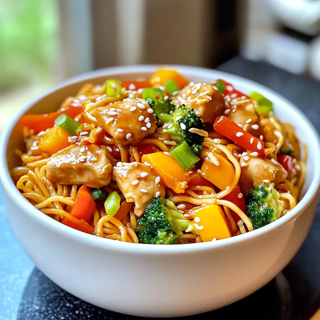 - 8 oz lo mein noodles - 1 lb chicken breast, thinly sliced - 1 cup broccoli florets - 1 cup bell peppers, sliced (mixed colors for vibrancy) - 1 carrot, julienned - 3 green onions, sliced Lo mein noodles are the base of this dish. They have a nice bite and soak up the sauce well. Thinly sliced chicken breast cooks quickly and adds protein. The mix of veggies gives color, crunch, and nutrients. Broccoli, bell peppers, and carrots work well together, but feel free to swap them out for favorites. - 2 tablespoons soy sauce - 1 tablespoon sesame oil - 2 cloves garlic, minced - 1 tablespoon ginger, grated Soy sauce brings umami, while sesame oil adds a nutty flavor. Garlic and ginger give a fresh kick. Together, these ingredients create a flavorful sauce that elevates the dish. You can adjust the amount of soy sauce for saltiness. - 1 tablespoon cornstarch mixed with 2 tablespoons water The cornstarch-water mixture thickens the sauce. It helps coat the chicken and veggies nicely. This step is key for a rich texture. Make sure to stir as you add this mixture for even cooking. {{ingredient_image_1}} Start by boiling a large pot of salted water. Add 8 ounces of lo mein noodles to the pot. Cook them until they are al dente, following the package instructions. Once done, drain and rinse the noodles under cold water. This stops the cooking process and keeps them firm. Set the noodles aside for later use. Next, heat 1 tablespoon of sesame oil in a large pan or wok over medium-high heat. Once hot, add 1 pound of thinly sliced chicken breast. Season the chicken with salt and pepper to taste. Cook the chicken for about 5 to 7 minutes. Stir-fry until the chicken is golden and fully cooked. After that, remove the chicken from the pan and set it aside. In the same pan, add a bit more sesame oil if needed. Next, add 2 cloves of minced garlic, 1 tablespoon of grated ginger, and 1 cup of sliced bell peppers. Stir-fry these for about 2 minutes until they soften. After that, add 1 cup of broccoli florets and 1 julienned carrot. Cook for another 3 minutes until all vegetables are tender-crisp. Return the cooked chicken to the pan with the vegetables. Drizzle 2 tablespoons of soy sauce over the mixture and stir well. Then, add the cooked lo mein noodles. Mix everything together until well combined and heated through. Pour the cornstarch mixture into the pan. This is made by mixing 1 tablespoon of cornstarch with 2 tablespoons of water. Stir constantly until the sauce thickens and coats the chicken and vegetables evenly. This should take about 1 to 2 minutes. Finally, remove the pan from heat and fold in 3 sliced green onions. Taste the dish and adjust seasoning if needed. You can add more soy sauce for extra flavor. Serve your Minute Chicken Lo Mein in bowls and enjoy! - Start by boiling water for your noodles. This saves time later. - Cook the lo mein noodles while you prepare the chicken and veggies. - Keep everything moving. Stir-frying means quick cooking. - Use a large pan to fit all the ingredients at once. This helps with timing. - Add a pinch of red pepper flakes for some heat. - Try a splash of lime juice to brighten the dish. - You can make your own sauce by mixing soy sauce with honey and garlic. - Add chopped peanuts for extra crunch and flavor. - Serve the lo mein in deep bowls. It makes the meal look great. - Top with extra green onions and sesame seeds for color and texture. - Use chopsticks for a fun and authentic experience. - Arrange the dish neatly. A little care goes a long way in making it appealing. Pro Tips Use Fresh Ingredients: Ensure your vegetables are fresh for better flavor and texture in your lo mein. Customize Your Protein: Feel free to substitute chicken with shrimp, beef, or tofu for a different taste experience. Keep It High Heat: Stir-frying at a high temperature helps achieve that perfect sear and enhances the dish's overall flavor. Prep Ahead: Chop vegetables and slice chicken beforehand to make the cooking process even quicker during weeknight meals. {{image_2}} You can switch the chicken for other proteins. Shrimp cooks quickly and adds a nice touch. Tofu is a great choice for a vegetarian option. It absorbs flavors well and works great in stir-fries. Beef also fits nicely if you want a heartier meal. Each protein changes the dish's flavor and texture. Feel free to mix different vegetables for variety. You can use snap peas, mushrooms, or baby corn. Seasonal veggies like asparagus in spring or squash in autumn brighten your dish. This keeps your lo mein fresh and colorful. Always aim for a mix of textures, colors, and flavors. Experimenting with sauces can change your lo mein game. Try adding hoisin sauce for sweetness or chili sauce for heat. You might also want to add nuts or seeds. Toasted sesame seeds or crushed peanuts add a satisfying crunch. Don't hesitate to play around with flavors to make it your own! To store leftovers, place them in an airtight container. Let the lo mein cool to room temperature first. This keeps it fresh longer. Always eat leftovers within three days for best taste. To ensure freshness, store your lo mein in the fridge as soon as possible. Avoid letting it sit out for too long. Keep it in the back of the fridge, where it's coldest. To freeze cooked lo mein, let it cool completely. Then, place it in a freezer-safe bag or container. Squeeze out as much air as you can before sealing. This helps prevent freezer burn. You can freeze it for up to three months. When you're ready to eat, thaw the lo mein in the fridge overnight. For quick thawing, place the bag in cold water for an hour. To reheat without losing texture, use a pan or wok. Heat a small amount of oil over medium heat. Add the lo mein and stir often. This keeps it from sticking and helps it heat evenly. When reheating, check the seasoning. You may need to add a bit more soy sauce or salt. Taste before serving to make sure it’s just right! It takes about 25 minutes to make this dish. You will need 10 minutes for prep and 15 minutes for cooking. This quick time lets you whip up a tasty meal after a long day. Yes, you can use other noodles like spaghetti or rice noodles. Each type gives a different texture. For example, rice noodles are softer, while spaghetti has more bite. Just remember to adjust the cooking time based on the noodle type. Chicken Lo Mein can be healthy, but it depends on your choices. It has lean protein from chicken and fiber from veggies. To make it healthier, use low-sodium soy sauce and add more vegetables. You can also use whole grain noodles for added nutrients. Yes, you can make Chicken Lo Mein ahead of time. Cook it, then cool it quickly before storing. Keep it in the fridge for up to three days. When ready to eat, reheat it in a pan with a splash of water to keep it moist. You can serve Chicken Lo Mein with egg rolls, dumplings, or a fresh salad. These sides add great flavors and textures. You could also pair it with hot and sour soup for a full meal experience. This blog post covered how to make Chicken Lo Mein with ease. We discussed key ingredients like lo mein noodles, chicken, and fresh vegetables. I shared step-by-step instructions for cooking, sautéing, and combining flavors. Tips included timing and presentation ideas to enhance your dish. We also explored variations for proteins and flavors, plus storage information for leftovers. In summary, you can create a delicious meal with simple steps. Enjoy experimenting to make it your own!