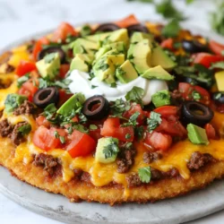 - 1 ½ cups almond flour - 1 cup shredded mozzarella cheese - 2 oz cream cheese, softened - 1 large egg - ½ teaspoon baking powder - 1 teaspoon taco seasoning - 1 cup cooked ground beef (seasoned with taco spices) - ½ cup diced tomatoes - ½ cup sliced black olives - 1 cup shredded cheddar cheese - 1 small avocado, diced - Fresh cilantro, for garnish - Sour cream, for serving (optional) If you seek alternatives for almond flour, use coconut flour. It also works well. For the cheese, swap mozzarella for provolone. It adds a unique taste. You can replace ground beef with shredded chicken for a lighter option. If you want a vegetarian twist, use mushrooms instead of meat. Each slice of Keto Mexican Pizza has about 4 grams of net carbs. It packs around 20 grams of protein. The total calorie count is about 250 per slice. This makes it a filling, low-carb meal. You can enjoy it without guilt! {{ingredient_image_1}} Start by preheating your oven to 400°F (200°C). This step is key for making a crispy crust. While the oven heats, grab a baking sheet. Line it with parchment paper. This keeps the crust from sticking. Plus, it makes cleanup easier. In a mixing bowl, combine these ingredients: - 1 ½ cups almond flour - 1 cup shredded mozzarella cheese - 2 oz cream cheese, softened - 1 large egg - ½ teaspoon baking powder - 1 teaspoon taco seasoning Mix these until you have a dough. It's okay if it feels a bit sticky. Next, transfer the dough to your lined baking sheet. Use your hands or a rolling pin to flatten it. Aim for about ¼ inch thick. This thickness gives the crust a nice bite. Now it’s time to bake! Place the crust in your preheated oven. Bake for 12-15 minutes. You want it to get golden brown. Once it’s ready, take it out and let it cool slightly. This cooling helps it hold up when you add toppings. To make the crust just right, use fresh ingredients. Almond flour gives a nice texture. Mix well until the dough forms. If it feels too sticky, add a little more almond flour. Shape it evenly. A ¼ inch thick crust bakes best. Watch it closely while baking. You want it golden brown. This helps create a strong base for your toppings. Garnishes can make your pizza shine. Diced avocado adds creaminess. Fresh cilantro gives a pop of flavor. You can also use sliced jalapeños for some heat. A sprinkle of lime juice brightens the taste. If you love dairy, add a dollop of sour cream. These simple touches make each bite exciting. Avoiding mistakes helps keep your pizza perfect. First, don’t rush the crust baking. If you take it out too soon, it may be soggy. Second, use enough taco seasoning. This adds great flavor to the ground beef. Lastly, don’t overload on toppings. Too many can make the pizza fall apart. Stick to a good balance for the best result. Pro Tips Use a Food Processor: For a quicker and more uniform dough, consider using a food processor to blend the ingredients for the crust. Customize Your Toppings: Feel free to swap or add toppings based on your preferences—jalapeños, bell peppers, or even different cheeses work great! Let It Cool: Allow the crust to cool slightly after baking before adding toppings to prevent them from sliding off. Make Ahead: You can prepare the crust in advance and store it in the fridge for up to 2 days before adding toppings and baking. {{image_2}} You can make a tasty vegetarian version of this pizza. Start with the same crust. Instead of meat, use a mix of colorful veggies. Bell peppers, onions, and zucchini work well. Add some black beans for protein. Top with your favorite cheese. This pizza is fresh and full of flavor. If you like heat, try spicy chorizo or chicken. Cook the chorizo until it's brown and crispy. For chicken, use seasoned cooked chicken breast. You can also add jalapeños for an extra kick. Both options will give your pizza a bold taste. Cheese adds creaminess and flavor. While I love cheddar and mozzarella, you can mix it up. Try pepper jack for spice or feta for a tangy twist. Cream cheese can also be great. It gives extra richness to every bite. Feel free to experiment and find your favorite cheese blend. To store your leftover Keto Mexican Pizza, let it cool first. Then, wrap each slice in plastic wrap or foil. Place the wrapped slices in an airtight container. Store them in the fridge for up to three days. Make sure to keep them away from strong smells in your fridge. To reheat your pizza, preheat your oven to 350°F (175°C). Place the slices on a baking sheet. Bake for about 10 minutes. This keeps the crust crispy. You can also use a microwave. Heat each slice for about 30 to 45 seconds. The oven method gives better texture. You can freeze Keto Mexican Pizza for later. Wrap each slice tightly in plastic wrap. Then, place the wrapped slices into a freezer bag. Label the bag with the date. Freeze for up to two months. When ready to eat, thaw in the fridge overnight. Reheat as mentioned above for best results. A Keto Mexican Pizza is a low-carb dish that combines pizza and Mexican flavors. It uses almond flour to make a crust. This crust is a great substitute for regular pizza dough. You top it with seasoned beef, cheese, and fresh toppings. It’s tasty and fits perfectly in a keto diet. Yes, you can make this pizza ahead of time. Prepare the crust and toppings, then store them separately. Keep them in the fridge for up to two days. When you are ready to eat, just assemble and bake it. This makes meal prep easy and fun. Each slice of Keto Mexican Pizza has about 5 grams of carbs. This is much lower than regular pizza. It’s a great option if you watch your carb intake. Plus, with all the flavors, you won't miss the extra carbs. No, almond flour is not the only option. You can use coconut flour too. Just remember, coconut flour absorbs more liquid. You might need to adjust the recipe a bit. Other low-carb flours are also available. Experiment with what you like best! This blog post covered the key steps to make a delicious Keto Mexican Pizza. We explored the right ingredients, how to prepare and bake it, plus tips to avoid common mistakes. You learned about tasty variations and how to store leftovers properly. Enjoy this meal guilt-free, knowing it fits with your low-carb goals. Try different toppings and flavors to keep it exciting. With practice, you'll master this dish and impress your friends and family. Happy baking!
