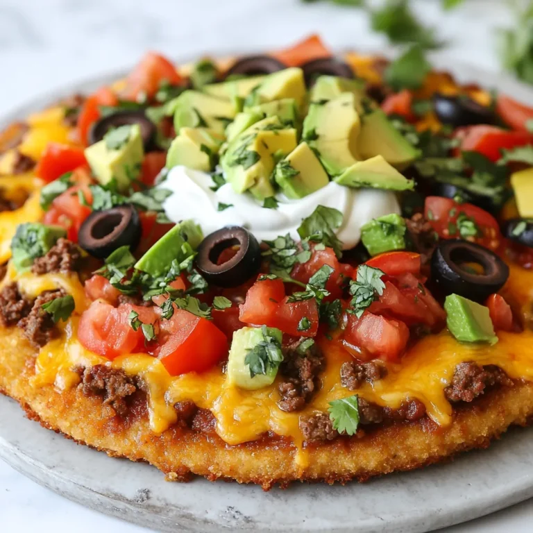 - 1 ½ cups almond flour - 1 cup shredded mozzarella cheese - 2 oz cream cheese, softened - 1 large egg - ½ teaspoon baking powder - 1 teaspoon taco seasoning - 1 cup cooked ground beef (seasoned with taco spices) - ½ cup diced tomatoes - ½ cup sliced black olives - 1 cup shredded cheddar cheese - 1 small avocado, diced - Fresh cilantro, for garnish - Sour cream, for serving (optional) If you seek alternatives for almond flour, use coconut flour. It also works well. For the cheese, swap mozzarella for provolone. It adds a unique taste. You can replace ground beef with shredded chicken for a lighter option. If you want a vegetarian twist, use mushrooms instead of meat. Each slice of Keto Mexican Pizza has about 4 grams of net carbs. It packs around 20 grams of protein. The total calorie count is about 250 per slice. This makes it a filling, low-carb meal. You can enjoy it without guilt! {{ingredient_image_1}} Start by preheating your oven to 400°F (200°C). This step is key for making a crispy crust. While the oven heats, grab a baking sheet. Line it with parchment paper. This keeps the crust from sticking. Plus, it makes cleanup easier. In a mixing bowl, combine these ingredients: - 1 ½ cups almond flour - 1 cup shredded mozzarella cheese - 2 oz cream cheese, softened - 1 large egg - ½ teaspoon baking powder - 1 teaspoon taco seasoning Mix these until you have a dough. It's okay if it feels a bit sticky. Next, transfer the dough to your lined baking sheet. Use your hands or a rolling pin to flatten it. Aim for about ¼ inch thick. This thickness gives the crust a nice bite. Now it’s time to bake! Place the crust in your preheated oven. Bake for 12-15 minutes. You want it to get golden brown. Once it’s ready, take it out and let it cool slightly. This cooling helps it hold up when you add toppings. To make the crust just right, use fresh ingredients. Almond flour gives a nice texture. Mix well until the dough forms. If it feels too sticky, add a little more almond flour. Shape it evenly. A ¼ inch thick crust bakes best. Watch it closely while baking. You want it golden brown. This helps create a strong base for your toppings. Garnishes can make your pizza shine. Diced avocado adds creaminess. Fresh cilantro gives a pop of flavor. You can also use sliced jalapeños for some heat. A sprinkle of lime juice brightens the taste. If you love dairy, add a dollop of sour cream. These simple touches make each bite exciting. Avoiding mistakes helps keep your pizza perfect. First, don’t rush the crust baking. If you take it out too soon, it may be soggy. Second, use enough taco seasoning. This adds great flavor to the ground beef. Lastly, don’t overload on toppings. Too many can make the pizza fall apart. Stick to a good balance for the best result. Pro Tips Use a Food Processor: For a quicker and more uniform dough, consider using a food processor to blend the ingredients for the crust. Customize Your Toppings: Feel free to swap or add toppings based on your preferences—jalapeños, bell peppers, or even different cheeses work great! Let It Cool: Allow the crust to cool slightly after baking before adding toppings to prevent them from sliding off. Make Ahead: You can prepare the crust in advance and store it in the fridge for up to 2 days before adding toppings and baking. {{image_2}} You can make a tasty vegetarian version of this pizza. Start with the same crust. Instead of meat, use a mix of colorful veggies. Bell peppers, onions, and zucchini work well. Add some black beans for protein. Top with your favorite cheese. This pizza is fresh and full of flavor. If you like heat, try spicy chorizo or chicken. Cook the chorizo until it's brown and crispy. For chicken, use seasoned cooked chicken breast. You can also add jalapeños for an extra kick. Both options will give your pizza a bold taste. Cheese adds creaminess and flavor. While I love cheddar and mozzarella, you can mix it up. Try pepper jack for spice or feta for a tangy twist. Cream cheese can also be great. It gives extra richness to every bite. Feel free to experiment and find your favorite cheese blend. To store your leftover Keto Mexican Pizza, let it cool first. Then, wrap each slice in plastic wrap or foil. Place the wrapped slices in an airtight container. Store them in the fridge for up to three days. Make sure to keep them away from strong smells in your fridge. To reheat your pizza, preheat your oven to 350°F (175°C). Place the slices on a baking sheet. Bake for about 10 minutes. This keeps the crust crispy. You can also use a microwave. Heat each slice for about 30 to 45 seconds. The oven method gives better texture. You can freeze Keto Mexican Pizza for later. Wrap each slice tightly in plastic wrap. Then, place the wrapped slices into a freezer bag. Label the bag with the date. Freeze for up to two months. When ready to eat, thaw in the fridge overnight. Reheat as mentioned above for best results. A Keto Mexican Pizza is a low-carb dish that combines pizza and Mexican flavors. It uses almond flour to make a crust. This crust is a great substitute for regular pizza dough. You top it with seasoned beef, cheese, and fresh toppings. It’s tasty and fits perfectly in a keto diet. Yes, you can make this pizza ahead of time. Prepare the crust and toppings, then store them separately. Keep them in the fridge for up to two days. When you are ready to eat, just assemble and bake it. This makes meal prep easy and fun. Each slice of Keto Mexican Pizza has about 5 grams of carbs. This is much lower than regular pizza. It’s a great option if you watch your carb intake. Plus, with all the flavors, you won't miss the extra carbs. No, almond flour is not the only option. You can use coconut flour too. Just remember, coconut flour absorbs more liquid. You might need to adjust the recipe a bit. Other low-carb flours are also available. Experiment with what you like best! This blog post covered the key steps to make a delicious Keto Mexican Pizza. We explored the right ingredients, how to prepare and bake it, plus tips to avoid common mistakes. You learned about tasty variations and how to store leftovers properly. Enjoy this meal guilt-free, knowing it fits with your low-carb goals. Try different toppings and flavors to keep it exciting. With practice, you'll master this dish and impress your friends and family. Happy baking!