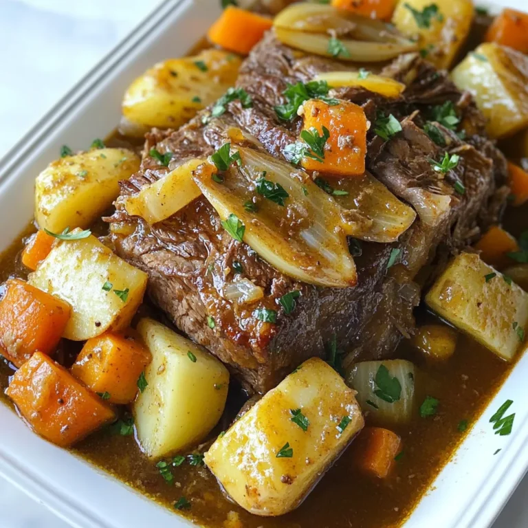 To make a tasty slow cooker pot roast, gather these main ingredients: - 3-4 pounds chuck roast - 4 medium carrots, peeled and cut into chunks - 3 medium potatoes, peeled and quartered - 1 large onion, quartered - 4 cloves garlic, minced - 2 cups beef broth These ingredients form the heart of your dish. The chuck roast provides rich flavor and tenderness. The carrots and potatoes add sweetness and texture. The onion and garlic enhance the taste, making every bite delightful. Seasonings are key to a great pot roast. You will need: - 1 tablespoon Worcestershire sauce - 1 tablespoon dried thyme - 1 tablespoon dried rosemary - Salt and pepper to taste - 2 tablespoons olive oil Worcestershire sauce adds depth. Thyme and rosemary bring a fragrant touch. Salt and pepper balance flavors, while olive oil helps brown the meat. Together, these ingredients create a savory profile that elevates your roast. Want to switch things up? Consider these optional ingredients: - 2 tablespoons cornstarch (for thickening) - Fresh parsley, chopped (for garnish) Cornstarch thickens the gravy if you prefer a creamier sauce. Fresh parsley adds a pop of color and freshness. Feel free to mix in other veggies like celery or mushrooms for extra flavor. {{ingredient_image_1}} To start, sear the roast for the best flavor. First, heat 2 tablespoons of olive oil in a large skillet over medium-high heat. While the oil heats, season the 3-4 pound chuck roast with salt and pepper. This step is key. It locks in flavors and gives a nice crust. When the skillet is hot, add the roast. Sear it for about 3-4 minutes on each side. Look for a rich brown color. This browning adds depth to your dish. Now, let’s build the base of your pot roast. In the slow cooker, place 4 quartered onions, 4 chopped carrots, and 3 quartered potatoes at the bottom. This veggie layer will soak up all the delicious juices. It also keeps the roast from touching the bottom. This way, it cooks evenly. Feel free to adjust the vegetable amounts based on your taste. More veggies mean more flavor! After layering the veggies, add the seared roast on top. Next, mix 2 cups of beef broth, 1 tablespoon of Worcestershire sauce, 4 minced garlic cloves, 1 tablespoon of dried thyme, and 1 tablespoon of dried rosemary in a bowl. Stir well. Pour this mixture over the roast and vegetables in the slow cooker. Cover it and set to low heat. Cook for 8-10 hours. The meat will become tender and easy to shred. This slow cooking method makes the flavors meld perfectly. Enjoy the smell that fills your kitchen! To get the perfect tenderness, cook the roast on low heat. This allows the meat to break down slowly. The best time for cooking is 8 to 10 hours. Make sure the roast has enough liquid, like beef broth. This helps keep it moist. A good rule is to cover the meat with broth by at least one inch. Searing the chuck roast before cooking adds flavor. It creates a nice crust on the meat. This step is not required, but it sure helps. If you skip searing, the roast will still cook well. The inside will be tender, but it may lack some depth of flavor. To make a rich gravy, use the cooking liquid from the pot. After cooking, pour it into a pot. If you want a thicker gravy, mix cornstarch with water. Stir this mix into the liquid and heat until thickened. Adding fresh herbs like parsley at the end boosts flavor too. Pro Tips Rest the Meat: Allowing the roast to rest for about 10-15 minutes after cooking helps the juices redistribute, ensuring a moist and flavorful result. Use Quality Broth: Opt for a high-quality beef broth or homemade stock for a richer flavor that enhances the overall dish. Vegetable Variations: Feel free to add other root vegetables like parsnips or turnips for additional flavor and nutrition. Leftover Magic: Use leftover pot roast in sandwiches, salads, or tacos for quick and delicious meals throughout the week. {{image_2}} You can use different cuts for your pot roast. Chuck roast is popular, but brisket works well too. Round roast is a lean option that stays tasty. Each cut has its own flavor and texture. Choose what you enjoy most. To make a vegetarian pot roast, swap the meat for mushrooms or eggplant. These veggies add a nice texture. Use vegetable broth instead of beef broth. Add more hearty vegetables like zucchini or squash. You can also mix in beans for extra protein. These changes keep the dish hearty and satisfying. Herbs and spices can change your pot roast's flavor. Try adding bay leaves for depth. Fresh herbs like thyme and rosemary give a bright taste. For a spicy kick, add crushed red pepper or smoked paprika. You can also play with garlic and onion to enhance the dish. Mix and match to find your favorite flavor profile. After enjoying your pot roast, it's important to store leftovers safely. First, let the pot roast cool down. This helps keep moisture in the meat. Use an airtight container to hold the meat and veggies. Place them in the fridge within two hours. You can store them for up to three days. When you’re ready to eat those leftovers, reheating is key. You can use a microwave or stovetop. If using a microwave, place the meat on a plate and cover it. Heat it for one minute at a time. Stir in between to avoid hot spots. If using the stovetop, add a splash of broth in a pan. Heat over low heat until warm. This keeps the meat juicy and tender. Freezing is a great way to save pot roast for later. Slice the meat into portions. Place each portion in a freezer bag. Squeeze out as much air as you can. This prevents freezer burn. You can freeze the pot roast for up to three months. When you're ready, thaw it in the fridge overnight. Reheat it as mentioned above for a tasty meal anytime. You should cook a pot roast in a slow cooker for 8 to 10 hours on low heat. This long cooking time makes the meat tender and juicy. If you are short on time, you can cook it on high for about 4 to 5 hours, but low and slow gives the best flavor and texture. I love to serve slow cooker pot roast with simple sides. Here are some tasty options: - Mashed potatoes - Steamed green beans - Creamed corn - Fresh bread or rolls - A green salad These sides pair well with the rich flavors of the pot roast and complete the meal nicely. Yes, you can prepare pot roast in advance. You can sear the meat and chop the veggies the day before. Store them in the fridge until you are ready to cook. Just put everything in the slow cooker in the morning, and you will have a warm meal waiting for you later. This blog post covered how to make a tasty slow cooker pot roast. We discussed key ingredients, cooking steps, and helpful tips to ensure your roast turns out perfect. I shared ways to adapt the recipe for different tastes and needs, plus smart storage tips for leftovers. Now you have all the tools to create a delicious meal. Trust your skills and enjoy the process. Slow cooking brings out rich flavors, making every bite worth it. Happy cooking!