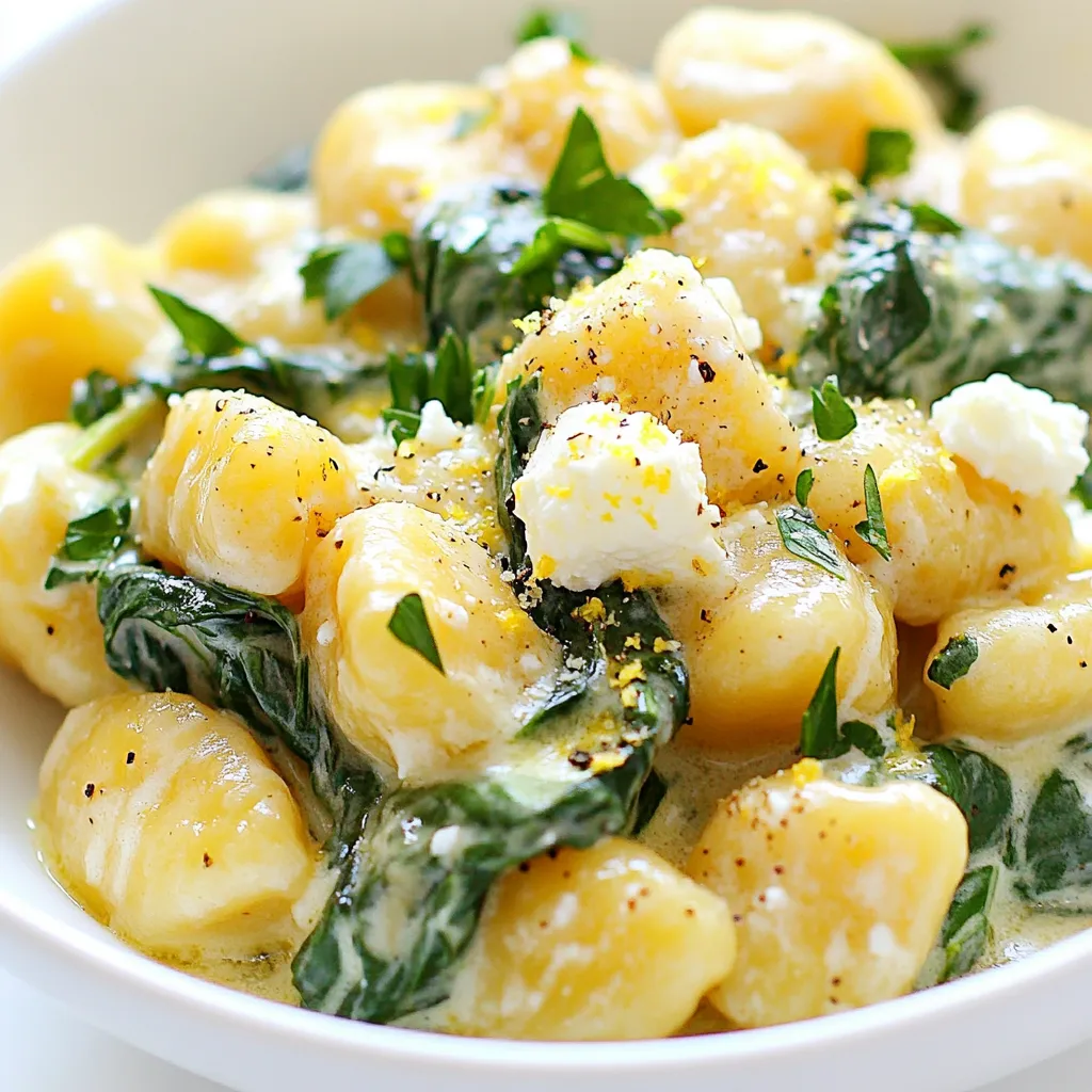 - 1 pound potato gnocchi - 2 tablespoons olive oil - 3 cloves garlic, minced - 5 cups fresh spinach, roughly chopped - Fresh parsley for garnish - 1 cup heavy cream - 1 cup crumbled feta cheese - 1 teaspoon lemon zest - Salt and pepper to taste - 1/2 teaspoon red pepper flakes (optional) To make creamy gnocchi with spinach and feta, you need key ingredients. First, get 1 pound of potato gnocchi. This gives the dish its soft and chewy base. Next, grab 2 tablespoons of olive oil to sauté your garlic. You’ll also need 3 cloves of minced garlic to add a nice flavor. For the greens, use 5 cups of fresh spinach. This adds a pop of color and nutrition. Don't forget fresh parsley for garnish. It makes your dish look pretty and fresh. Now, let’s talk about the creamy sauce. You need 1 cup of heavy cream for that rich texture. Add 1 cup of crumbled feta cheese for a salty zing. A teaspoon of lemon zest will brighten the flavors. Season with salt and pepper to taste. If you like a kick, add 1/2 teaspoon of red pepper flakes. Gather these ingredients, and you're ready to create a delightful meal! {{ingredient_image_1}} To start, bring a large pot of salted water to a boil. The salt adds flavor to the gnocchi. Once the water is boiling, add your 1 pound of potato gnocchi. Cook them according to the package instructions, which is usually 2-3 minutes. You'll know they are done when they float to the top. Drain the gnocchi and set them aside for later. Next, grab a large skillet and heat 2 tablespoons of olive oil over medium heat. Add 3 cloves of minced garlic to the pan. Sauté the garlic for about 1 minute. You want it to smell good but not burn. After that, toss in 5 cups of roughly chopped spinach. Stir it around until it wilts, which should take about 2-3 minutes. Now it’s time to make the creamy sauce. Reduce the heat to low. Pour in 1 cup of heavy cream, stirring to mix it well. Let the cream simmer gently for about 2 minutes. After that, stir in 1 cup of crumbled feta cheese and 1 teaspoon of lemon zest. Mix until the feta starts to melt and the sauce gets creamy. Season with salt, pepper, and red pepper flakes if you like a bit of heat. Finally, add the cooked gnocchi to the skillet. Gently fold them into the creamy mixture. Make sure each gnocchi gets an even coating of the sauce. Heat everything through, and then it’s ready to serve! To achieve a rich and creamy sauce, I recommend using heavy cream. It provides the best texture. You can also try half-and-half for a lighter option. If your sauce is too thin, let it cook a bit longer. If it's too thick, add a splash of pasta water. To boost the flavor, consider adding fresh herbs like basil or thyme. A sprinkle of nutmeg can also add warmth. Always taste your sauce as you go. Adjust the salt and pepper to fit your taste. If you want some heat, add more red pepper flakes. For a beautiful plate, use a shallow bowl. Place the gnocchi in the center and let the sauce flow around. Sprinkle fresh parsley on top for color and freshness. For a gourmet touch, add a few extra crumbles of feta. Pro Tips Use Fresh Spinach: Fresh spinach adds a vibrant flavor and a lovely color to the dish. Avoid using wilted or pre-packaged spinach for the best results. Perfect Gnocchi Cooking: Ensure that your gnocchi is cooked just until it floats to the top of the boiling water. Overcooking can make them mushy. Adjust Creaminess: If you prefer a thicker sauce, let it simmer a bit longer after adding the cream. For a lighter sauce, you can reduce the amount of heavy cream. Garnish for Flavor: Fresh parsley not only adds color but also enhances the flavor profile. Consider adding a squeeze of fresh lemon juice before serving for extra brightness. {{image_2}} If you want to switch up the cheese, consider using ricotta. It adds a soft texture and creamy taste. Sun-dried tomatoes work well too. They bring a sweet and tangy flavor to the dish. You can mix and match to find your favorite combo. To make this dish gluten-free, choose gluten-free gnocchi. Many brands offer tasty options made from rice or corn flour. For a dairy-free version, swap heavy cream with coconut milk. Nutritional yeast can replace feta for a cheesy flavor without dairy. You can add proteins like chicken or shrimp to make it heartier. Cook them first, then mix them into the creamy sauce. If you like spice, try adjusting the heat with different peppers. Jalapeños or serranos can add a nice kick. Enjoy experimenting with these variations! To keep your creamy gnocchi fresh, store it in an airtight container. This prevents moisture loss and keeps flavors intact. Let the dish cool before sealing it to avoid condensation. In the fridge, your gnocchi will last for up to three days. Consume it within this time for the best taste and quality. When you're ready to eat, just reheat gently on the stove or in the microwave. Freezing creamy gnocchi is a great way to save leftovers. Place it in a freezer-safe container or bag. Make sure to remove as much air as possible to avoid freezer burn. It can last for up to two months in the freezer. When you're ready to enjoy it, thaw it overnight in the fridge. For reheating, warm it on low heat in a skillet. Add a splash of cream to keep the sauce creamy. Stir gently to maintain that perfect texture. Yes, you can use frozen gnocchi. Just follow these tips for best results: - Don't thaw: Cook it straight from the freezer. - Boil time: Increase cooking time to about 3-4 minutes. - Check doneness: Gnocchi is done when it floats. Feta adds a unique flavor, but you can skip it. Here are some ideas: - Use ricotta: It offers a creamy texture. - Try goat cheese: It gives a tangy taste. - Skip cheese: Just increase the cream for richness. Pair your creamy gnocchi with these side dishes: - Garlic bread: Perfect for soaking up the sauce. - Simple salad: A fresh green salad balances the meal. - Roasted veggies: Adds color and nutrition to the plate. This blog post outlined how to create a creamy gnocchi dish. You learned about key ingredients like potato gnocchi, heavy cream, and feta cheese. The step-by-step instructions gave clear guidance on cooking and combining flavors. Tips for perfect texture and flavor enhancements were shared. Finally, variations and storage info help you adapt this recipe to your needs. Enjoy making this dish, and don’t be afraid to get creative with your twist!