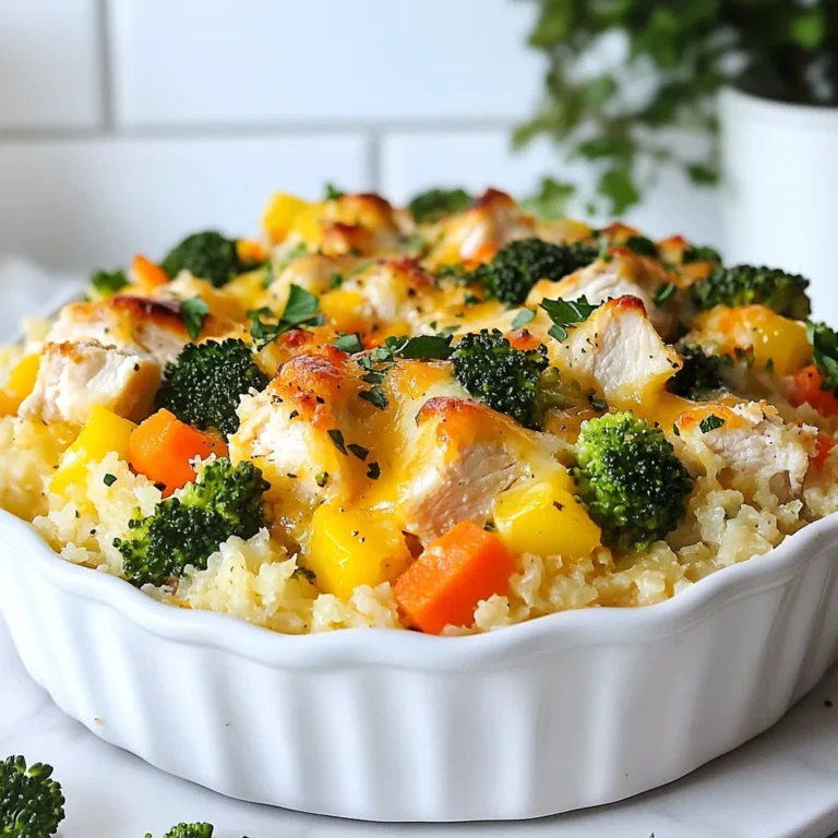 For my Healthy Chicken Cauliflower Rice Casserole, I use: - 2 cups cauliflower rice - 1 lb boneless, skinless chicken breast, cubed - 1 cup broccoli florets - 1 cup carrots, diced - 1 bell pepper, diced (any color) - 1 cup low-sodium chicken broth - 1 teaspoon garlic powder - 1 teaspoon onion powder - 1 teaspoon dried thyme - 1 cup shredded low-fat cheese (mozzarella or cheddar) - 2 tablespoons olive oil - Salt and pepper to taste - Fresh parsley, chopped (for garnish) Each ingredient plays a role in flavor and nutrition. - Cauliflower Rice: Low in carbs and high in fiber. Great for weight loss. - Chicken Breast: Packed with protein. It helps build muscle and keeps you full. - Broccoli: Loaded with vitamins. It supports your immune system and heart health. - Carrots: Rich in beta-carotene. This helps with vision and skin health. - Bell Pepper: High in vitamin C. It boosts your immune system and skin health. - Chicken Broth: Adds flavor while being low in calories. It also keeps the dish moist. - Garlic Powder: Good for heart health. It adds flavor without extra calories. - Onion Powder: Adds a savory taste. It has antioxidants that can improve health. - Dried Thyme: Flavorful herb that aids digestion. It has many health benefits. - Low-Fat Cheese: Provides calcium with less fat. It melts beautifully for that creamy texture. - Olive Oil: Healthy fat that supports heart health. It helps the dish cook evenly. - Salt and Pepper: Essential for seasoning. Use them to enhance all the flavors. - Parsley: Adds color and freshness. It also provides some vitamins. If you have dietary needs, consider these swaps: - Cauliflower Rice: Use broccoli rice for a different taste. - Chicken: Substitute with cooked turkey or tofu for a plant-based option. - Low-Fat Cheese: Use dairy-free cheese for a vegan-friendly dish. - Chicken Broth: Vegetable broth works well for vegans or vegetarians. - Olive Oil: Avocado oil can be used for a different flavor and health benefits. These substitutions still keep the dish tasty and nutritious. {{ingredient_image_1}} 1. Start by preheating your oven to 375°F (190°C). This helps cook the casserole evenly. 2. Get a large skillet. Add 2 tablespoons of olive oil and heat it over medium heat. 3. Cube 1 pound of boneless, skinless chicken breast into small pieces. 4. Season the chicken with 1 teaspoon of garlic powder, 1 teaspoon of onion powder, and 1 teaspoon of dried thyme. Add salt and pepper to taste. 1. Place the seasoned chicken in the skillet. Cook for 5-7 minutes until the chicken is browned and fully cooked. 2. While the chicken cooks, chop your veggies. You need 1 cup of broccoli florets, 1 cup of diced carrots, and 1 diced bell pepper. 3. After the chicken is done, add the cauliflower rice and chopped veggies to the skillet. Stir everything well for 5 minutes until the veggies soften. 4. Pour in 1 cup of low-sodium chicken broth. Mix it all up and let it simmer for another 2-3 minutes. 5. Remove the skillet from heat. Add half of your 1 cup of shredded low-fat cheese. Mix until it's melted. 1. Use a large skillet to avoid crowding the pan. This helps the chicken brown nicely. 2. Stir the mixture often while cooking. This ensures all the veggies cook evenly. 3. When you transfer the mixture to a greased 9x13-inch casserole dish, spread it out evenly. This helps it bake uniformly. 4. Top with the remaining cheese before baking. This will create a golden crust. To bring out the best taste in your casserole, use fresh herbs. Fresh parsley on top adds a pop of color and flavor. You can also mix in fresh garlic for a punch. If you like a kick, add chili flakes. A splash of lemon juice at the end brightens the dish too. Here are some tools that will help you cook this dish perfectly: - Large skillet - 9x13-inch casserole dish - Wooden spoon or spatula - Knife and cutting board - Measuring cups and spoons These tools make cooking easy and fun. They help you mix and serve the casserole with ease. Avoid these mistakes to perfect your casserole: - Don’t skip the browning step. This adds flavor. - Use fresh veggies for the best taste. Frozen can work, but fresh is better. - Don’t overcook the chicken. It should stay juicy. - Make sure to stir well so everything mixes. This helps the flavors spread evenly. By keeping these tips in mind, you’ll create a delicious and healthy chicken cauliflower rice casserole every time. Pro Tips Use Fresh Veggies: Fresh vegetables will enhance the flavor and texture of your casserole. If possible, use seasonal produce for the best taste. Cheese Variations: Experiment with different types of low-fat cheese, such as pepper jack for a spicy kick or gouda for a smoky flavor. Make It Ahead: This casserole can be prepared in advance. Simply assemble it, cover, and refrigerate for up to a day before baking. Leftover Storage: Store leftovers in an airtight container in the fridge for up to 3 days. Reheat in the oven or microwave for a quick meal. {{image_2}} To make this dish even lower in carbs, you can swap out the chicken for turkey. Turkey has fewer carbs and adds a nice flavor. You can also use more cauliflower rice and skip the carrots. This keeps the dish light but tasty. If you want a vegetarian or vegan version, replace chicken with chickpeas or lentils. Both add protein and fiber. Use vegetable broth instead of chicken broth for a rich taste. You can also add more veggies like spinach or zucchini for extra nutrition. Feel free to change the veggies based on what you like or have on hand. Try using asparagus or mushrooms for a different taste. You can also mix in spices like cumin or paprika for more flavor. If you want a creamier texture, use a vegan cheese or cashew cream. This lets you enjoy the dish your way! After you enjoy your Healthy Chicken Cauliflower Rice Casserole, you may have some left. To store leftovers, let the dish cool to room temperature first. Then, place it in an airtight container. Refrigerate the casserole for up to four days. This keeps the flavors fresh and helps the dish taste great later. If you want to save some for later, freezing is a good option. First, let the casserole cool completely. Cut it into portions for easier thawing. Wrap each portion tightly in plastic wrap, then place them in a freezer-safe bag. You can freeze it for up to three months. When ready to eat, just thaw it overnight in the fridge. To reheat your casserole, preheat your oven to 350°F (175°C). Place the casserole in a baking dish and cover it with foil. This keeps it moist as it warms. Heat for about 20-25 minutes or until it's hot all the way through. You can also use a microwave for quick reheating. Just cover the dish and heat it in 1-minute intervals until warm. Enjoy your tasty leftovers! Yes, you can prepare this casserole ahead. Cook it fully, then let it cool. Cover it and store it in the fridge. It will last for up to three days. When you’re ready to eat, just reheat it in the oven. This saves time on busy days. You can serve this casserole with a fresh salad. A side of steamed veggies also works well. If you like, add some whole-grain bread to soak up the flavors. Pair it with a light dressing for extra taste. These sides will make your meal more filling and balanced. To make this casserole dairy-free, skip the cheese. You can use a dairy-free cheese product if you want. Nutritional yeast also adds a cheesy flavor without dairy. For creaminess, try adding some coconut milk or cashew cream. This keeps the dish rich and tasty without dairy. In this blog post, we explored how to create a Healthy Chicken Cauliflower Rice Casserole. We covered the ingredients and their benefits, cooking steps, and tips to enhance flavor. I shared ways to modify the recipe for dietary needs and how to store leftovers properly. Remember, cooking should be fun and flexible. Try new flavors and enjoy the process. Happy cooking!