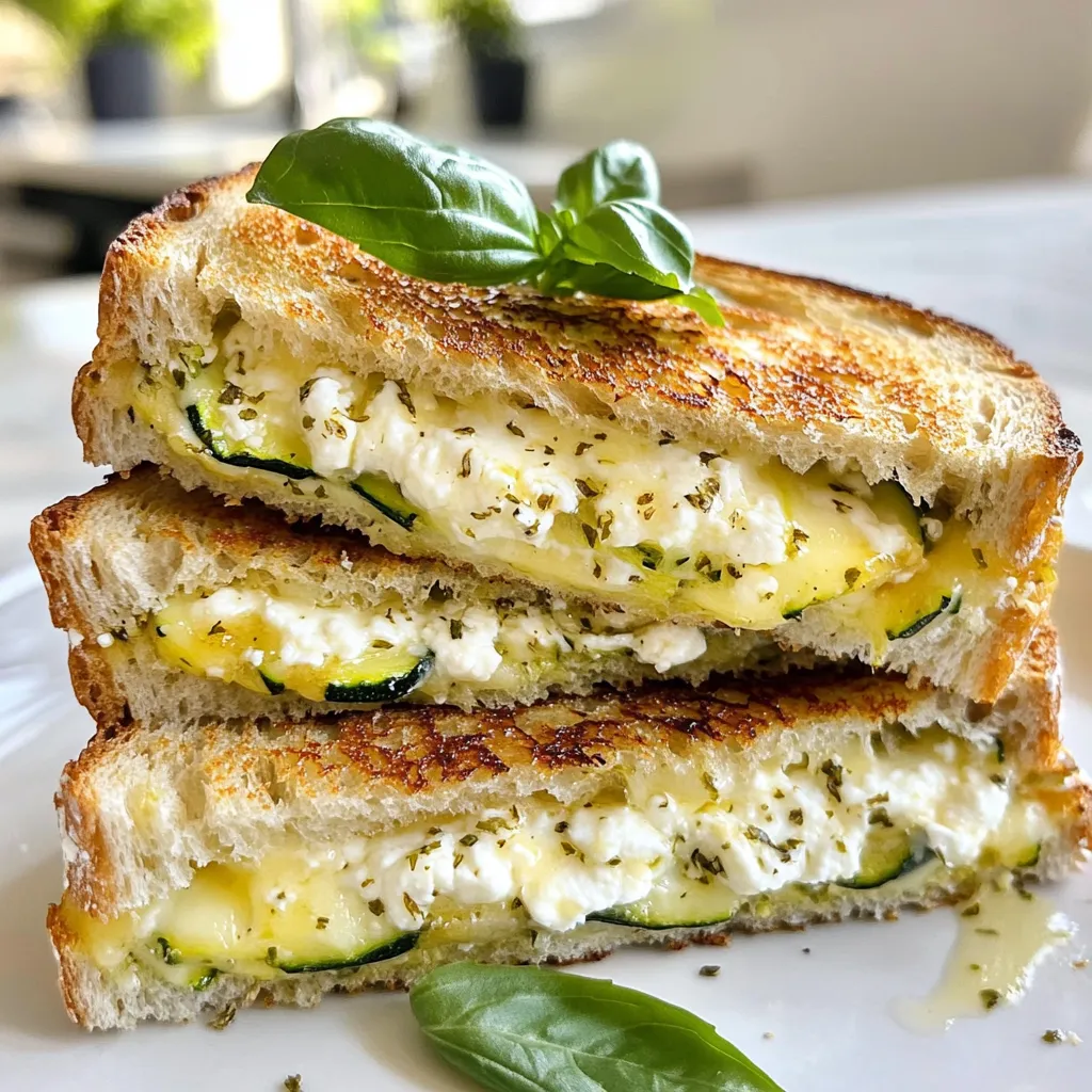 To make the Garlic Butter Zucchini Grilled Cheese, you will need the following: - 4 slices of whole-grain bread - 1 large zucchini, thinly sliced - 4 tablespoons unsalted butter, softened - 2 cloves garlic, minced - 1 cup shredded mozzarella cheese - 1/2 cup crumbled feta cheese - 1 teaspoon dried oregano - Salt and pepper to taste - Fresh basil leaves for garnish Each ingredient plays a key role in this dish. Whole-grain bread gives a hearty base. Zucchini adds a fresh taste and texture. Unsalted butter creates a rich flavor, while garlic elevates the taste. Mozzarella offers a melty, gooey goodness. Feta adds a tangy kick. Dried oregano brings in warmth, while salt and pepper balance the flavors. Fresh basil is a perfect finishing touch. This ingredient blend makes for a delightful, tasty sandwich. You can customize it based on your preferences. Feel free to explore! {{ingredient_image_1}} - Making the garlic butter spread First, take a small bowl. Add the softened butter. Then, mix in minced garlic, dried oregano, and a pinch of salt and pepper. Stir well until everything combines. This mix will give your sandwich a tasty kick. You can adjust the garlic to your liking. - Preparing the zucchini Next, grab your large zucchini. Slice it thinly; aim for about 1/4 inch thick. This size helps the zucchini cook evenly. Set the slices aside on a plate. You will layer them on your sandwich later. - Assembling the sandwich Start with four slices of whole-grain bread. Spread the garlic butter mixture on one side of each slice. Then, take two slices and place them buttered side down. On these, add half of the shredded mozzarella cheese evenly. Layer the zucchini slices on top, then sprinkle the crumbled feta cheese. Finish with the rest of the mozzarella. Top with the other two slices of bread, buttered side out. - Cooking on the grill pan or skillet Heat your grill pan or non-stick skillet over medium heat. Place the assembled sandwiches in the pan. Grill each side for about 3-4 minutes. Press down slightly with a spatula. This helps the cheese melt and the bread to turn golden brown. Keep an eye on them to avoid burning. - Cutting and garnishing the sandwich Once your sandwiches are golden and the cheese is melted, remove them from the heat. Let them cool for a minute. Use a sharp knife to cut each sandwich in half diagonally. For a nice touch, garnish with fresh basil leaves on the side. These add color and flavor. Serve immediately and enjoy your garlic butter zucchini grilled cheese! Choosing the right type of bread I love using whole-grain bread for its nutty taste. It adds depth to the sandwich. You can also try sourdough for a tangy flavor. Just make sure it is sturdy enough to hold the filling. Tips for perfecting the garlic butter For a great garlic butter, mix the butter with minced garlic, oregano, salt, and pepper. Use fresh garlic for a stronger taste. Let the mixture sit for a few minutes for the flavors to blend. This makes a rich spread that packs a punch. Optimal heat settings Set your heat to medium. Too high, and the bread burns before the cheese melts. Too low, and it takes forever. You want a nice, even heat to cook the sandwich perfectly. Achieving the perfect golden brown Grill each sandwich for about 3-4 minutes on each side. Press down gently with a spatula. This helps the bread get that nice golden color. Keep an eye on it to avoid burning. The goal is a crispy crust and melted cheese inside. Pro Tips Choose the Right Bread: Whole-grain bread adds a nutty flavor and texture that complements the cheese and zucchini beautifully. Prep Zucchini Ahead: For even cooking, slice the zucchini thinly and consider salting it lightly to draw out excess moisture before grilling. Experiment with Cheeses: Feel free to mix and match different cheeses like cheddar or gouda for a unique flavor profile. Press for Perfect Grilling: Press down on the sandwich with a spatula while grilling to ensure even melting and a crisp crust. {{image_2}} You can switch up the cheese. Try using cheddar or gouda for a new taste. Both melt well and add great flavor. If you want a creamier option, use brie. For veggies, zucchini is great, but don't stop there. Add sliced mushrooms or spinach for added nutrition. You can even mix in bell peppers for a colorful touch. To make this dish gluten-free, use gluten-free bread. Many brands offer tasty options that work well. Just check the labels to ensure they suit your needs. If you want a vegan version, swap the butter for a plant-based spread. Use vegan cheese to keep the cheesy flavor. Nutritional yeast can add a cheesy taste, too. These swaps keep the meal tasty and friendly for everyone. To store leftover sandwiches, wrap them tightly in plastic wrap or place them in an airtight container. This keeps the sandwiches fresh and prevents them from drying out. Make sure to refrigerate them within two hours of cooking. When you’re ready to eat, reheat the sandwiches in a skillet over medium heat. This method helps keep the bread crispy. You can also use a microwave, but the bread may become soft. Heat for about 30 seconds, then check and heat more if needed. You can freeze both raw and cooked sandwiches. For raw sandwiches, assemble them without grilling. Wrap each sandwich tightly in plastic wrap and then in foil. This prevents freezer burn and keeps them fresh. They can last in the freezer for up to three months. To freeze cooked sandwiches, let them cool completely first. Then wrap them in plastic wrap and foil, just like the raw version. When you’re ready to enjoy, thaw them in the fridge overnight and reheat in a skillet. This helps maintain the flavor and texture. Can I grill these in an oven? Yes, you can grill them in an oven. Preheat your oven to 400°F. Place the sandwiches on a baking tray. Brush each side with garlic butter. Bake for about 10-15 minutes. Flip them halfway through. This method gives a nice, crispy texture. How do I prevent the bread from getting soggy? To keep the bread from getting soggy, use less zucchini. Place the zucchini in a paper towel to absorb extra moisture. Also, use a nice, sturdy bread like whole-grain. Spread the garlic butter well but not too thick. What can I serve with garlic butter zucchini grilled cheese? You can serve this dish with a fresh salad. A simple green salad works well. Tomato soup is a classic side too. You can also add some crispy fries or sweet potato wedges for extra crunch. In this blog post, I shared a simple recipe for garlic butter zucchini grilled cheese. We covered all the ingredients needed and provided step-by-step instructions for making it. I also included tips for flavor and grilling, variations for dietary needs, and storage advice. This dish is easy to make and can fit many tastes. Enjoy creating it and make it your own. Happy cooking!