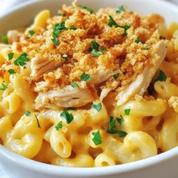 - 8 ounces elbow macaroni - 2 cups cooked chicken, shredded - 1 cup shredded cheddar cheese - 1 cup shredded mozzarella cheese - 1 cup honey BBQ sauce - 1 cup milk - 2 tablespoons butter - 2 tablespoons all-purpose flour - 1 teaspoon garlic powder - 1 teaspoon onion powder - Salt and pepper to taste - ½ cup breadcrumbs - 2 tablespoons chopped fresh parsley (for garnish) Each of these ingredients plays a key role in the dish. The elbow macaroni is our base. It holds the sauce and adds texture. Cooked chicken brings protein and flavor. The cheeses create that creamy, dreamy texture we love. Honey BBQ sauce adds a sweet and tangy kick that makes this dish stand out. The butter and flour come together to make a rich cheese sauce. Garlic and onion powder add depth. Salt and pepper enhance all the flavors. Breadcrumbs give a nice crunch on top, while fresh parsley adds a pop of color and freshness. When you gather these ingredients, you set the stage for a delicious meal that combines comfort and excitement in every bite. {{ingredient_image_1}} Start by boiling water in a large pot. Add salt to the water to enhance flavor. Once the water boils, add 8 ounces of elbow macaroni. Cook based on the package instructions until it's al dente. This usually takes about 7-8 minutes. After it cooks, drain the pasta in a colander and set it aside. In a medium saucepan, melt 2 tablespoons of butter over medium heat. Once the butter is melted, add 2 tablespoons of all-purpose flour, 1 teaspoon of garlic powder, and 1 teaspoon of onion powder. Whisk the mixture for about 2 minutes until it turns smooth and slightly golden. Next, gradually pour in 1 cup of milk. Keep whisking to avoid lumps. Cook the sauce for about 5 minutes until it thickens. It should coat the back of a spoon nicely. Remove the saucepan from heat. Stir in 1 cup each of shredded cheddar cheese and shredded mozzarella cheese. Mix until the cheeses melt and the sauce is smooth. Now, add 1 cup of honey BBQ sauce and stir well to combine. In a large bowl, mix the cooked macaroni, shredded chicken, and the creamy cheese sauce. Use a spatula to coat everything evenly. Season with salt and pepper to taste. Preheat your oven to 350°F (175°C). Transfer the macaroni and cheese mixture into a greased baking dish. For the breadcrumb topping, combine ½ cup of breadcrumbs with a drizzle of olive oil or melted butter in a small bowl. Mix until the breadcrumbs are coated well. Sprinkle the breadcrumb mixture evenly over the mac and cheese. Place your dish in the preheated oven and bake for 20-25 minutes. Look for a golden brown and crispy top. Once done, take it out and let it cool for a few minutes. Enjoy this tasty dish! To make a smooth cheese sauce, start with the right technique. When you melt the butter, add the flour gradually. This creates a roux. Stir it well to avoid lumps. After that, slowly add the milk. Whisk continuously as you pour. This step is key for a creamy sauce. Cook until it thickens but don't rush it. For the chicken, you can use shredded or rotisserie chicken. Shredded chicken cooks fast and mixes well with the sauce. You can also use rotisserie chicken for a quick meal. Just shred it and toss it in. Both options work great and save time. Breadcrumbs add a nice crunch to the dish. You can switch them up for more flavor. Try panko breadcrumbs for extra crispiness. Adding herbs or spices to the breadcrumbs can also boost taste. A sprinkle of parmesan cheese can add depth too. Get creative and find your favorite topping! Pro Tips Cook the Pasta Al Dente: Ensure you cook the macaroni just until al dente for the best texture; it will continue to cook in the oven. Use Rotisserie Chicken: For a quick and flavorful option, use store-bought rotisserie chicken instead of cooking your own. Experiment with Cheese: Feel free to mix different cheeses like pepper jack or gouda for a unique flavor twist. Add Extra Toppings: For added crunch and flavor, consider mixing in crispy bacon bits or sautéed onions into the mac and cheese before baking. {{image_2}} You can boost the flavor and nutrition of your Honey BBQ Chicken Mac and Cheese with fun add-ins. Consider adding: - Broccoli: This adds color and crunch. - Spinach: For a pop of green and extra vitamins. - Bell Peppers: They bring sweetness and a bit of crunch. - Corn: Sweet kernels add a nice texture. You can also spice it up by adding extra seasonings like smoked paprika or cayenne pepper. These will enhance the taste and give your dish more depth. If you need gluten-free or dairy-free options, don't worry! You can make this dish work for your diet. For gluten-free, swap elbow macaroni for a gluten-free pasta. Many brands offer great options. For a dairy-free version, use plant-based milk like almond or oat milk. You can use dairy-free cheese to get that creamy texture. Just make sure to check the labels to ensure there are no hidden dairy ingredients. While cheddar and mozzarella are classic choices, you can explore other cheeses for unique flavors. Try these options: - Gouda: Adds a creamy, smoky flavor. - Pepper Jack: For a spicy kick. - Parmesan: Gives a sharp, nutty flavor. Mixing different cheeses can create a more complex taste. Experiment to find your favorite combination! You can store leftover Honey BBQ Chicken Mac and Cheese in the fridge for up to 3 days. Place it in an airtight container to keep it fresh. Make sure to let it cool before sealing. This prevents condensation and keeps your dish from becoming soggy. To freeze your mac and cheese, first let it cool completely. Then, place it in a freezer-safe container. It’s best to use a container that fits the amount you want to reheat. Label it with the date. You can freeze it for up to 2 months. When ready to eat, just thaw it overnight in the fridge. For the best texture, reheat your Honey BBQ Chicken Mac and Cheese in the oven. Preheat the oven to 350°F (175°C). Place the mac and cheese in a baking dish. Add a splash of milk to keep it creamy. Cover it with foil and bake for about 20 minutes. If you want a crispy top, remove the foil for the last 5 minutes. You can also use the microwave, but it may not keep the same texture. Heat in short bursts, stirring in between. Yes, you can use many pasta shapes! While elbow macaroni is classic, try penne, fusilli, or shells. These shapes hold sauce well and add fun to the dish. Just cook them until al dente, as per package instructions. Keep an eye on the cooking time, as it may vary from elbows. Absolutely! This dish is great for meal prep. You can make it ahead and store it in the fridge. To keep it fresh, use an airtight container. It will last up to three days. Reheat it in the oven or microwave before enjoying. If you plan to freeze, do so before baking. It can last up to three months in the freezer. Just thaw and bake when you're ready. To add heat, consider these tips. First, mix in some diced jalapeños or red pepper flakes. You can also use spicy BBQ sauce instead of honey BBQ. For extra flavor, add hot sauce to the cheese sauce. Adjust the amount to match your heat tolerance. Enjoy the kick! This blog post covered a tasty mac and cheese recipe with chicken and BBQ sauce. We discussed essential ingredients like elbow macaroni, cheeses, and the creamy sauce. You learned step-by-step instructions, tips for perfecting your dish, and even variations to try. In the end, this recipe is flexible and easy to adapt. It’s a great way to enjoy comfort food while also being creative. You can impress family and friends with your cooking skills!