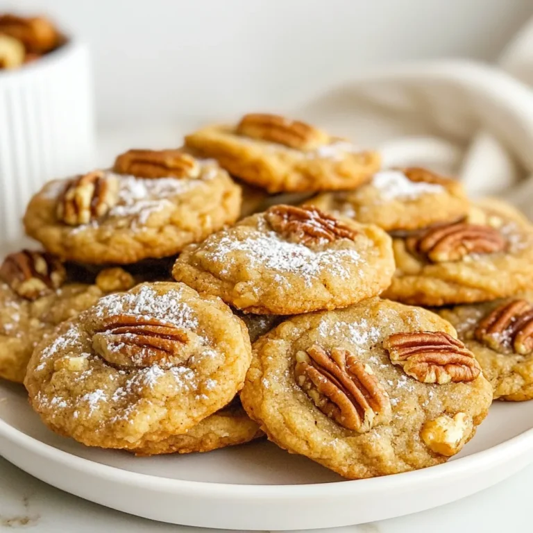 Vegan Pecan Pie Cookies require simple and wholesome ingredients. Here’s what you need: - 1 cup all-purpose flour - 1/2 cup almond flour - 1/2 cup brown sugar - 1/4 cup coconut oil, melted - 1/4 cup maple syrup - 1 teaspoon vanilla extract - 1/2 teaspoon baking soda - 1/4 teaspoon salt - 1 cup pecans, chopped - 1/4 cup dairy-free chocolate chips (optional) These ingredients make a chewy and sweet cookie with a nutty flavor. The mix of all-purpose and almond flour gives a great texture. Coconut oil adds richness and moisture. Maple syrup serves as a natural sweetener, tying all flavors together. Chopped pecans bring that classic pecan pie taste, making each bite delightful. If you like, add dairy-free chocolate chips for a fun twist. This cookie recipe is easy to follow and uses ingredients you can find in most kitchens. Enjoy making these treats as you gather the ingredients! {{ingredient_image_1}} - Preheat oven and prepare baking sheet First, set your oven to 350°F (175°C). Line your baking sheet with parchment paper. This step helps the cookies not stick. - Combine dry ingredients In a large bowl, mix together 1 cup of all-purpose flour, 1/2 cup of almond flour, 1/2 cup of brown sugar, 1/2 teaspoon of baking soda, and 1/4 teaspoon of salt. Stir until everything is well mixed. - Mix wet ingredients In another bowl, whisk together 1/4 cup of melted coconut oil, 1/4 cup of maple syrup, and 1 teaspoon of vanilla extract. Whisk until smooth and blended. - Combine wet and dry mixtures Pour the wet mix into the dry ingredients. Stir gently until the dough comes together. It will be soft and a bit sticky. - Shape the cookies Take tablespoon-sized amounts of the dough and place them on the prepared baking sheet. Leave about 2 inches of space between each cookie. Flatten each one slightly with your fingers. - Bake time and cooling Bake your cookies for 10-12 minutes. They should be golden around the edges and set in the center. After baking, let them cool on the baking sheet for 5 minutes. Then, move them to a wire rack to cool completely. Enjoy making these simple and tasty vegan pecan pie cookies! - Ensuring perfect dough consistency: For the best dough, mix the dry ingredients well. Make sure the coconut oil is melted, but not too hot. This keeps the dough smooth. If the dough feels too sticky, add a bit more almond flour. If it’s too dry, a splash of plant milk helps. - How to store cookie dough for later use: You can chill the dough for up to three days in the fridge. Wrap it tightly in plastic wrap. If you want to keep it longer, freeze it. Just scoop and shape the dough into balls before freezing. This makes it easy to bake fresh cookies anytime. - Cooling tips for the best texture: After baking, let the cookies sit on the sheet for five minutes. This helps them set. Then, move them to a wire rack. Letting them cool fully gives them a nice texture and keeps them from being too soft. - Serving suggestions for decorative appeal: Serve these cookies on a pretty plate. You can dust them lightly with powdered sugar for a sweet touch. Arrange whole pecans on top for a rustic look. - Optional garnishes for visual enhancement: Add some dairy-free chocolate chips on top right after baking. You can also drizzle melted chocolate over the cookies once they cool. This adds flavor and makes them look fancy. Pro Tips Use Fresh Pecans: For the best flavor, use fresh pecans. Toasting them lightly in a pan enhances their nuttiness. Chill the Dough: If the dough is too soft to handle, chill it in the refrigerator for 15-20 minutes before baking. Check for Doneness: Keep an eye on the cookies as they bake. They should be golden around the edges but still soft in the center. Storage Tips: Store the cookies in an airtight container at room temperature for up to a week for the best taste and texture. {{image_2}} To make these cookies gluten-free, you can swap all-purpose flour with a gluten-free blend. Look for a mix that contains ingredients like almond flour or coconut flour. These flours add great taste and texture. You can also use oat flour as a good option. When baking gluten-free, remember these tips: - Use xanthan gum to help bind the dough. - Ensure all your ingredients are certified gluten-free. - Bake at the same temperature and time, but check for doneness a bit earlier. Spice up your cookies by adding a dash of cinnamon or nutmeg. These spices bring warmth and depth. You can also add a pinch of sea salt to enhance the sweetness. Feel free to mix in different nuts or dried fruits, too. Walnuts or pecans work well. Dried cranberries or raisins can add a fun twist and chewiness. Be creative! These small changes make each batch special and unique. To keep your vegan pecan pie cookies fresh, follow these tips. First, let them cool completely. Warm cookies can create moisture, which makes them soggy. Once cool, place the cookies in an airtight container. This keeps them soft and tasty for days. You can use glass jars or plastic containers with tight lids. Store them at room temperature for up to a week. If you want them to last longer, refrigeration is an option, but it may change the texture slightly. Freezing your baked cookies is a great way to enjoy them later. To freeze, first allow the cookies to cool completely. Then, place them in a single layer on a baking sheet. Put the sheet in the freezer for about an hour. This step helps the cookies keep their shape. Once frozen, transfer them to a freezer-safe bag or container. Label the bag with the date for easy tracking. You can store them for up to three months. When you want to enjoy your cookies, simply take them out of the freezer. Allow them to thaw at room temperature for about 30 minutes. For a warm treat, pop them in the microwave for a few seconds. This way, they taste just like fresh-baked cookies! Yes, you can use gluten-free flour. Just ensure it has a good texture. Almond flour works great too. Mixing different flours can add taste and nutrition. To lower the sweetness, cut back on brown sugar. You can also use less maple syrup. Adding a pinch of salt can help balance the flavors and make them taste less sweet. You can use agave syrup or brown rice syrup. Both work well and add a nice flavor. Honey is also an option if you’re not fully vegan. Look for golden edges and firm centers. The cookies will puff slightly but should not be soft in the middle. Set a timer for 10-12 minutes to check. We covered essential ingredients, step-by-step instructions, and helpful tips for baking cookies. You learned how to create delicious treats while exploring variations and storage options. Baking can be simple and fun with the right guidance. Whether you stick to the classic recipe or try new flavors, enjoy every step. Use this knowledge to impress friends and family with your baking skills!