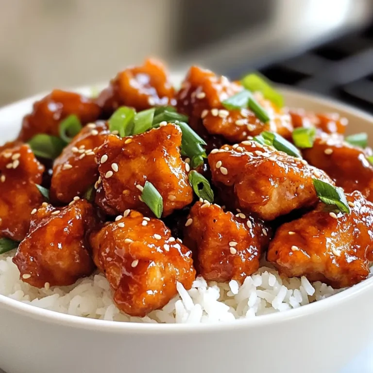 To make Easy General Tso Chicken, gather these key ingredients: - 1 lb boneless, skinless chicken thighs (cut into bite-sized pieces) - 1/2 cup cornstarch - 1/4 cup vegetable oil (for frying) - 2 cloves garlic (minced) - 1 tablespoon fresh ginger (grated) - 3-4 dried red chili peppers (adjust for spice preference) - 1/4 cup soy sauce - 1/4 cup chicken broth - 2 tablespoons rice vinegar - 2 tablespoons honey To make your dish pop, consider adding these garnishes: - 2 green onions (sliced) - Sesame seeds These extras not only add color but also boost flavor. For this recipe, you will need a few essential tools: - Large skillet or wok - Mixing bowl - Measuring cups and spoons - Paper towels for draining These supplies help you cook efficiently and create that perfect crispy chicken. {{ingredient_image_1}} Start by cutting 1 pound of boneless, skinless chicken thighs into bite-sized pieces. Place the chicken in a bowl. Next, add 1/2 cup of cornstarch. Coat the chicken pieces well with the cornstarch. Let the chicken sit for about 10 minutes. This helps the cornstarch stick better. Heat 1/4 cup of vegetable oil in a large skillet or wok over medium-high heat. Wait until the oil is hot. Carefully add the cornstarch-coated chicken pieces to the oil. Fry the chicken for 5 to 7 minutes. You want it to be golden and crispy. If the pan is too full, work in batches. When done, remove the chicken and place it on paper towels to drain. After frying the chicken, there will be some oil left. Remove excess oil, leaving about 1 tablespoon in the skillet. Add 2 cloves of minced garlic, 1 tablespoon of grated ginger, and 3-4 dried red chili peppers to the hot skillet. Sauté these for about 30 seconds until they smell good. In a small bowl, mix 1/4 cup of soy sauce, 1/4 cup of chicken broth, 2 tablespoons of rice vinegar, and 2 tablespoons of honey. Pour this mixture into the skillet with the garlic and ginger. Bring it to a simmer. Now, add the crispy chicken back into the skillet. Toss everything until the chicken is fully coated and heated through. This takes about 2-3 minutes. To get that crispy texture, start by coating the chicken in cornstarch. This helps lock in moisture and adds crunch. Let the coated chicken sit for about 10 minutes. This waiting time lets the cornstarch stick well. When frying, make sure your oil is hot. I suggest heating it over medium-high heat. Fry the chicken in small batches. This keeps the oil temperature steady and ensures each piece cooks evenly. Drain the fried chicken on paper towels to remove excess oil. If you don't have chicken thighs, you can use chicken breast. Just cut it into bite-sized pieces. For a gluten-free option, swap soy sauce for tamari. If you need a vegan dish, replace chicken with tofu. Simply press and cube the tofu, then follow the same cooking steps. You can also replace honey with maple syrup for a vegan sweetener. Get creative and use what you have on hand! Do you like it spicy? Use more dried red chili peppers. For a milder dish, cut back on the peppers. You can also add some sweet bell peppers to balance the heat. If you want, include a splash of chili oil for extra flavor. Taste the sauce before adding the chicken. This way, you can adjust the spice to your liking. Don't forget, you can always add hot sauce later if needed! Pro Tips Perfectly Crispy Chicken: Ensure the oil is hot enough before frying to achieve that golden, crispy exterior. A temperature of around 350°F (175°C) is ideal. Adjusting Spice Level: For a milder flavor, use fewer dried red chili peppers or remove the seeds. Conversely, add more for a spicier kick. Homemade Broth Boost: Using homemade chicken broth can enhance the flavor of your sauce significantly compared to store-bought versions. Garnish for Presentation: Don’t skip the green onions and sesame seeds; they not only add flavor but also provide a beautiful contrast and texture to the dish. {{image_2}} You can easily make a vegetarian version of General Tso. Instead of chicken, use tofu. Here’s how: - Press firm tofu to remove extra water. - Cut it into bite-sized cubes. - Coat the tofu in cornstarch, just like chicken. - Fry until crispy, then toss in the sauce. This gives you the same crispy texture but keeps it plant-based. You can also add vegetables like broccoli or bell peppers for more color and nutrition. If you want to switch proteins, there are great options. You can try: - Shrimp for a seafood twist. - Pork for a richer flavor. - Beef for a heartier meal. Each protein will absorb the sauce well and give you a new taste experience. Just remember to adjust cooking times to ensure everything is cooked properly. General Tso Chicken has many regional styles. You might find: - A sweeter version in some places. - A spicier version in others. In Taiwan, you may see it served with rice and a side of pickled vegetables. In the U.S., it often comes with steamed broccoli. Each region adds its own flair, making this dish versatile and fun to explore. To store your leftover General Tso Chicken, first, let it cool. Once cool, place it in an airtight container. This keeps the chicken fresh. You can store it in the fridge for up to three days. For the best taste, eat it within this time. When you are ready to eat your leftovers, reheat them gently. You can use a microwave or a skillet. If using a microwave, cover the chicken. This helps it heat evenly. Heat for about one to two minutes, until hot. If using a skillet, add a little oil and warm it on medium heat for five minutes. Stir often to keep it from sticking. You can also freeze General Tso Chicken for later. Place cooled chicken in a freezer-safe bag. Squeeze out as much air as possible before sealing. Label the bag with the date. It can stay in the freezer for up to three months. When you are ready to eat, thaw it in the fridge overnight before reheating. This keeps the flavors fresh and tasty. General Tso Chicken is a popular dish in Chinese cuisine. It features crispy chicken pieces tossed in a sweet and spicy sauce. The sauce usually has soy sauce, ginger, and garlic. This dish is named after a Chinese general but has roots in American Chinese food. It often comes with steamed rice or stir-fried veggies. To make General Tso Chicken healthier, you can try these tips: - Use less oil when frying the chicken. - Bake or air-fry the chicken instead of deep-frying. - Substitute honey with a natural sweetener like maple syrup. - Add more vegetables to the dish. Bell peppers and broccoli work well. These changes keep the great flavor while cutting down on calories. Yes, you can use chicken breast instead of thighs. Chicken breast is leaner and has less fat. However, it can be drier than thighs. Make sure not to overcook the breast to keep it juicy. Adjust the cooking time as needed to ensure it cooks through without drying out. In this article, I shared how to make easy General Tso Chicken. We covered the key ingredients and cooking supplies needed. I provided simple steps to prepare crispy chicken and a tasty sauce. You learned tips for perfecting the dish and many delicious variations, like vegetarian options. Finally, I shared storage and reheating tips and answered common questions. Now you can enjoy this classic dish at home. With practice, your General Tso Chicken will impress everyone. Enjoy cooking!