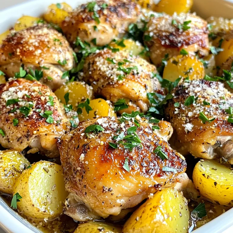 - 4 boneless, skinless chicken thighs - 1 pound baby potatoes, halved - 1 tablespoon olive oil - 4 cloves garlic, minced - 1 teaspoon dried oregano - 1 teaspoon onion powder - 1 teaspoon paprika - ½ teaspoon black pepper - Salt to taste - ½ cup grated Parmesan cheese - ¼ cup fresh parsley, chopped (for garnish) For this recipe, each ingredient plays a key role. You can swap chicken thighs for breasts. They cook faster and can work well. Baby potatoes add a creamy texture, but you can use regular potatoes, too. Just cut them into smaller pieces. Olive oil keeps everything moist, but melted butter adds a rich taste. Garlic is a must, but you could try garlic powder if needed. After baking, sprinkle fresh parsley on top. This adds color and flavor. You could also use basil for a different twist. Further, adding more Parmesan just before serving adds a nice touch. If you like heat, some red pepper flakes can spice things up! {{ingredient_image_1}} First, you need to set the oven to 400°F (200°C). This step is key for even cooking. Preheating helps the chicken cook perfectly and the potatoes get nice and tender. In a large bowl, mix together the olive oil, minced garlic, oregano, onion powder, paprika, black pepper, and salt. This creates a flavorful marinade. Stir until all the ingredients blend well. The aroma will be amazing! Add the chicken thighs to the bowl. Make sure each piece is covered with the marinade. You can use your hands or a spoon for this. Let the chicken sit in the marinade for at least 15 minutes. If you have extra time, letting it marinate for up to an hour will boost the flavor even more. Take a large baking dish or sheet pan. Place the halved baby potatoes in it. Drizzle a bit of olive oil over them and sprinkle with salt and pepper. Toss the potatoes to coat them well. Now, arrange the marinated chicken thighs among the potatoes. It’s important to give them space to cook evenly. Now it’s time to bake! Put the dish in the preheated oven and let it cook for 30 to 35 minutes. Check that the chicken reaches an internal temperature of 165°F (75°C). The potatoes should be soft too. For a crispy finish, switch the oven to broil for the last 3 to 5 minutes. Keep an eye on it to avoid burning. When done, take it out and let it rest for a few minutes before serving. Garnish with chopped parsley for a fresh touch! For best results, let the chicken marinate for at least 15 minutes. If you have time, one hour makes a big difference. The longer marination allows the flavors to sink in well. You can even marinate it overnight in the fridge. Just keep it covered in a bowl or a zip-lock bag. To get that crispy skin, bake the chicken at high heat. Start with 400°F (200°C) and then broil for the last 3-5 minutes. This last step adds a nice crunch. Make sure to watch closely to avoid burning. For extra crispiness, pat the chicken dry before marinating. Serve the chicken and potatoes straight from the pan for a cozy look. You can also plate each piece for a fancier meal. Sprinkle extra Parmesan and parsley on top for color and flavor. Pair it with a fresh salad or steamed veggies for a balanced dish. Enjoy your hearty one-pan meal! Pro Tips Marinate for Flavor: Allow the chicken to marinate for at least 15 minutes, but if you have time, letting it sit for up to an hour will enhance the flavor significantly. Choose the Right Potatoes: Baby potatoes are ideal for this recipe because they cook evenly and offer a creamy texture, but you can also use Yukon Gold or red potatoes if preferred. Check for Doneness: Use a meat thermometer to ensure the chicken reaches an internal temperature of 165°F (75°C) for safe consumption and optimal juiciness. Rest Before Serving: Allow the dish to rest for a few minutes after baking. This helps the juices redistribute, making the chicken more tender and flavorful. {{image_2}} You can add vegetables to this dish for more flavor and color. Try using green beans, carrots, or bell peppers. Just chop them into bite-sized pieces. Toss them in a bit of olive oil and salt. Add the veggies to the pan with the chicken and potatoes. They will roast nicely and soak up the garlic and Parmesan flavors. If you want to switch up the protein, consider using chicken breasts or drumsticks. Both work well in this recipe. You can also try pork chops or even firm tofu for a vegetarian option. Just remember to adjust the cooking time based on the protein you choose. Always check for doneness to keep your meal safe. To amp up the taste, think about adding some spices or herbs. You can sprinkle in some crushed red pepper for heat or add fresh herbs like thyme or rosemary. A splash of lemon juice before serving adds brightness. For a twist, use different cheeses, like feta or mozzarella, instead of Parmesan. Each choice gives a new flavor profile to enjoy. After enjoying your One Pan Garlic Parmesan Chicken and Potatoes, let leftovers cool first. Place them in an airtight container. You can store the leftovers in the fridge for up to three days. Make sure to keep the chicken and potatoes together for best flavor. To reheat, you can use the oven or the microwave. For the oven, set it to 350°F (175°C). Place the chicken and potatoes on a baking sheet. Heat for about 15-20 minutes until warm. If using a microwave, cover the dish and heat in short bursts. Check after each burst to avoid overcooking. You can freeze leftovers for later. Make sure they cool completely, then pack them in a freezer-safe container. This dish can last up to three months in the freezer. When ready to eat, thaw it in the fridge overnight. Reheat as directed above for the best taste. Yes, you can use bone-in chicken. Bone-in chicken adds more flavor. Just adjust the cooking time. It may take longer to cook through. Aim for an internal temperature of 165°F. This dish lasts about 3 to 4 days in the fridge. Store it in an airtight container. Make sure the chicken and potatoes cool down before sealing. You can serve this dish with a fresh salad or steamed veggies. A side of garlic bread works great, too. You might also enjoy it with a light pasta. Yes, you can use other cheeses. Mozzarella or cheddar cheese can add nice flavors. Just remember that this may change the overall taste of the dish. Absolutely! You can make this in a slow cooker. Cook on low for about 6 hours. Ensure the chicken is tender and fully cooked. Add the cheese in the last 30 minutes for a delicious finish. This blog post covered everything you need for One Pan Garlic Parmesan Chicken and Potatoes. We talked about the key ingredients, step-by-step cooking instructions, and helpful tips. You learned about variations and how to store leftovers, too. Now you can make a tasty meal that your family will love. Use these tips for perfect results every time. Enjoy cooking and sharing this recipe with others!