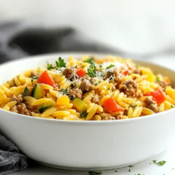 - 1 lb ground turkey - 1 cup orzo pasta - 2 cups chicken broth (low sodium) - 1 medium onion, diced - 2 cloves garlic, minced - 1 red bell pepper, diced - 1 zucchini, chopped - 1 teaspoon Italian seasoning - ½ teaspoon smoked paprika - Salt and pepper to taste - 2 tablespoons olive oil - Fresh parsley, chopped (for garnish) - Grated Parmesan cheese (optional, for serving) Gathering the right ingredients is key for great flavor. Start with ground turkey. It is lean and cooks fast. Next, grab orzo pasta, a fun shape that soaks up the broth well. Low-sodium chicken broth adds depth without too much salt. For tasty veggies, you need onion, garlic, red bell pepper, and zucchini. Each brings its own crunch and flavor. Seasonings make this dish pop. Use Italian seasoning and smoked paprika for warmth. Don’t forget salt and pepper to taste. If you want a nice finish, chop some fresh parsley. Grated Parmesan cheese is a tasty option too! It adds creaminess and a savory touch. Now that you have your ingredients, you are ready to cook! {{ingredient_image_1}} 1. Heating the oil and cooking the onion Start by heating 2 tablespoons of olive oil in a large pot over medium heat. Once the oil is hot, add 1 medium diced onion. Cook it for about 3-4 minutes. You want the onion to turn translucent. 2. Adding garlic and ground turkey Next, stir in 2 minced garlic cloves. Cook this mixture for 1 more minute until it smells great. After that, add in 1 pound of ground turkey. Break it apart with a spoon as it cooks. You’ll want it to brown, which takes about 5-7 minutes. 3. Sautéing vegetables and seasoning Now it’s time to toss in the diced red bell pepper and chopped zucchini. Sauté these veggies for another 3-4 minutes until they soften. Sprinkle in 1 teaspoon of Italian seasoning, ½ teaspoon of smoked paprika, salt, and pepper to taste. Mix everything well. 1. Boiling chicken broth and adding orzo Pour in 2 cups of low-sodium chicken broth. Bring this mixture to a gentle boil. 2. Simmering the mixture for cooking time Once boiling, add 1 cup of orzo pasta. Lower the heat to a simmer and cover the pot. Let it cook for about 10-12 minutes. Stir occasionally. The orzo should be tender and absorb most of the broth. 1. Fluffing and adjusting seasoning After cooking, remove the pot from heat. Let it sit for a couple of minutes to thicken. Use a fork to fluff the orzo and turkey mix. Taste and add more seasoning if needed. 2. Serving suggestions Serve this dish hot. For a nice touch, garnish with fresh chopped parsley. If you like, sprinkle some grated Parmesan cheese on top. Enjoy your hearty meal! - Best practices for browning turkey: To achieve a rich flavor, heat your olive oil before adding the turkey. Use medium heat to avoid burning. Break the turkey into small pieces as it cooks. This creates a nice brown color and enhances the taste. - Ensuring orzo cooks perfectly: Add the orzo to the broth only after it has reached a gentle boil. Stir occasionally to prevent sticking. Keep the pot covered to trap steam, cooking the orzo evenly. It should be tender after about 10-12 minutes. - Alternatives to ground turkey: If you prefer a different protein, use ground chicken or lean beef. For a plant-based option, try lentils or crumbled tofu. Both work well with the flavors in this dish. - Other options for vegetables and seasonings: Feel free to swap in vegetables like spinach, carrots, or mushrooms. For spices, you can use fresh herbs like basil or oregano instead of Italian seasoning. Each change will give a unique twist to your meal. Pro Tips Use Fresh Herbs: Fresh parsley adds a burst of flavor and brightness to your dish. Consider using basil or oregano for an extra layer of taste. Cook the Orzo Al Dente: To prevent mushy pasta, cook the orzo until just al dente, as it will continue to absorb liquid while resting. Customize Your Veggies: Feel free to substitute or add any vegetables you have on hand, such as spinach or carrots, to enhance nutrition and flavor. Make it a Meal Prep: This dish stores well in the fridge for up to 3 days, making it a perfect candidate for meal prepping for the week. {{image_2}} To bring new life to your Ground Turkey Orzo, try adding different herbs and spices. Fresh basil, thyme, or even a pinch of cayenne can elevate the dish. These additions offer bright flavors and make the meal more exciting. You can also play with the balance of seasonings to match your taste. Incorporating additional protein options can also change the dish. You can swap ground turkey for chicken, beef, or even sausage. This swap can add different textures and flavors. If you want a seafood twist, shrimp works well too. Each protein brings its own taste and makes your meal unique. If you are looking to make this dish gluten-free, replace orzo with gluten-free pasta. Many brands offer tasty alternatives made from rice or lentils. Ensure to check the cooking instructions, as they may differ slightly. This way, you can enjoy Ground Turkey Orzo without gluten. For vegetarian or vegan adaptations, substitute the ground turkey with lentils or chickpeas. These options are packed with protein and keep the meal filling. You can also use vegetable broth instead of chicken broth for flavor. Adding more veggies, like spinach or mushrooms, can make the dish even heartier. To store your Ground Turkey Orzo, let it cool first. Use an airtight container for the best results. Place the container in the fridge. This dish stays fresh for up to three days. If you want to keep it longer, freeze it instead. In a freezer-safe container, it can last up to three months. Just make sure you label it with the date! When reheating, avoid the microwave if you can. Instead, use a pot on the stove. Add a splash of broth or water to keep it moist. Heat it over low to medium heat. Stir it often to make sure it warms evenly. For serving after storage, add a bit of fresh parsley on top. A sprinkle of Parmesan cheese also adds a nice touch. This keeps the meal looking and tasting fresh! How long does it take to cook ground turkey? It takes about 5 to 7 minutes to cook ground turkey. You want it to turn brown. Use a spoon to break it up while it cooks. Can I use other types of pasta instead of orzo? Yes, you can use other pasta types. Small pasta like ditalini or macaroni works well. Just adjust the cooking time based on the pasta you choose. What can I serve with Ground Turkey Orzo? Ground Turkey Orzo pairs great with a simple salad. You can also serve it with crusty bread or steamed veggies. For a fun twist, try a side of garlic bread. Is this recipe healthy? Yes, this recipe is healthy. Ground turkey is lean protein. The veggies add fiber and nutrients. You can adjust the salt to keep it low-sodium. Nutritional information breakdown for a serving - Calories: 350 - Protein: 24g - Carbohydrates: 40g - Fat: 10g - Fiber: 3g - Sodium: 200mg (if using low-sodium broth) This meal is balanced and filling. It offers good nutrition without excess calories. This blog post provided a clear guide to making Ground Turkey Orzo. We covered key ingredients, step-by-step preparation, and cooking methods. I shared tips for perfect cooking and ingredient swaps. You can also try variations for different tastes and dietary needs. Lastly, I explained how to store leftovers and reheat them. With these tips, you can create a tasty meal that suits your needs. Enjoy your cooking!