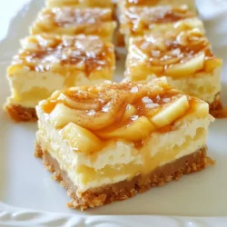 To make caramel apple cheesecake bars, gather these key ingredients: - 1 ¾ cups crushed graham crackers - ½ cup unsalted butter, melted - 2 tablespoons granulated sugar - 1 (8 oz) package cream cheese, softened - 1 cup granulated sugar - 2 large eggs - 1 teaspoon vanilla extract - 2 cups finely chopped apples (such as Granny Smith) - 1 teaspoon cinnamon - 1 cup caramel sauce (store-bought or homemade) - Sea salt for garnish These ingredients create a delicious blend of flavors. The creamy cheesecake pairs well with the tart apples and sweet caramel. You can add some optional ingredients for even more taste: - Chopped nuts, such as pecans or walnuts - A pinch of nutmeg for warmth - A drizzle of chocolate sauce for extra sweetness These additions can elevate your cheesecake bars and make them even more special. If you need to swap out some ingredients, here are a few ideas: - Use graham cracker crumbs or cookie crumbs for the crust. - Substitute coconut oil for butter in the crust for a dairy-free option. - Replace cream cheese with vegan cream cheese if you want a plant-based treat. - Try different apples, like Honeycrisp or Fuji, for varied sweetness. These substitutions keep your recipe flexible and fun! {{ingredient_image_1}} To start, preheat your oven to 350°F (175°C). Grab an 8x8 inch baking dish. Line it with parchment paper. Leave some paper hanging over the edges. This helps you lift the bars out later. In a medium bowl, mix 1 ¾ cups of crushed graham crackers, ½ cup of melted unsalted butter, and 2 tablespoons of sugar. Stir until it all blends well. Next, press this mixture firmly into the bottom of the dish. Make it even and compact. Bake this crust for 8-10 minutes until it turns lightly golden. Once done, take it out and let it cool slightly. Now, we’ll make the cheesecake filling. In a large bowl, beat 1 package of softened cream cheese with 1 cup of sugar. Make sure it’s creamy and smooth. Then, add 2 large eggs, one at a time. Mix well after each egg. Stir in 1 teaspoon of vanilla extract. Scrape the bowl’s sides to get everything mixed. Next, fold in 2 cups of finely chopped apples and 1 teaspoon of cinnamon. Make sure the apples are spread evenly throughout the mixture. Pour the cheesecake filling over the cooled crust. Smooth the top with a spatula. Drizzle half of the caramel sauce over it. Use a knife to swirl the caramel into the batter. This gives a nice marbled look. Bake in the oven for 30-35 minutes. The center should be set but still slightly jiggly. Once baked, let the cheesecake bars cool at room temperature. After they cool, place them in the fridge for at least 2 hours. This helps them set completely. When you are ready to serve, cut into squares. Drizzle with more caramel sauce and sprinkle a bit of sea salt on top. Enjoy! To get a smooth texture, use softened cream cheese. Cold cream cheese can make lumps. Beat it well until creamy before adding other ingredients. Make sure to beat in the eggs one at a time. This helps keep the mixture light. Gently fold in the apples and cinnamon. Over-mixing can lead to a dense cheesecake. One common mistake is skipping the cooling step. Letting the crust cool a bit is key. If you pour the filling on a hot crust, it can melt and mix too much. Another mistake is underbaking. The center should be slightly jiggly but not liquid. Finally, don’t rush the chilling time. These bars need at least 2 hours in the fridge to set properly. Serve these bars with extra caramel sauce on top. A sprinkle of sea salt adds a nice touch. You can also add whipped cream for extra creaminess. For a fun twist, pair them with vanilla ice cream. These bars are perfect for sharing at parties or family gatherings! Pro Tips Use Fresh Apples: For the best flavor and texture, opt for fresh, tart apples like Granny Smith to balance the sweetness of the cheesecake and caramel. Let It Chill: Allow the cheesecake bars to cool completely at room temperature before refrigerating. This helps to set the texture perfectly, making them easier to cut. Swirl the Caramel: When swirling the caramel into the cheesecake, use a knife to create beautiful marbling, but be careful not to overmix, which can blend the flavors too much. Finish with Sea Salt: A sprinkle of sea salt on top before serving adds a delightful contrast to the sweetness, enhancing the overall flavor of the bars. {{image_2}} You can choose different apples to change the taste. Granny Smith apples give a tart kick. Honeycrisp apples add sweetness and crunch. Fuji apples are juicy and sweet, perfect for a lighter flavor. Mix and match apples for a fun twist. Try adding some pears for a different fruit flavor. Explore what you like best! Nuts can add a great crunch to your bars. Walnuts or pecans work well in this recipe. Chop them finely and fold them into the cheesecake mix. You can also add chocolate chips for a sweet touch. Dried cranberries or raisins can bring a chewy texture. Always make sure to check for nut allergies when sharing! Toppings can enhance the look and taste of your bars. Besides caramel sauce, try chocolate sauce for extra sweetness. Whipped cream can lighten up the dessert. A sprinkle of cinnamon or nutmeg adds warmth. Top with fresh apples for a pretty finish. You can even use a drizzle of honey for a floral note. Let your creativity shine with your toppings! Store your caramel apple cheesecake bars in an airtight container. Make sure they cool completely before sealing. This helps keep them fresh and prevents sogginess. Place a piece of parchment paper between layers if you stack them. This avoids sticky messes. Keep the container in the fridge. These bars taste best chilled. You can freeze these cheesecake bars for later. First, cut them into squares. Wrap each square in plastic wrap tightly. Then, place them in a freezer-safe bag or container. This keeps air out and prevents freezer burn. Label the bag with the date. You can store them for up to three months. When you're ready to eat, let them thaw in the fridge overnight. These cheesecake bars last about five days in the fridge. If you want to reheat them, do it gently. You can use a microwave or a warm oven. Heat them in short bursts. This way, they won't get too warm or melt. Enjoy them cold or slightly warm, depending on your taste! Yes, you can make these bars ahead of time. They taste even better after chilling. You can bake them a day or two in advance. Just store them in the fridge. Cut them into squares right before serving. This way, they stay fresh and tasty. If you want a change, try using chocolate sauce or butterscotch sauce. Both add a sweet touch. You can also make a quick homemade caramel. Just melt some sugar until it turns golden. Add butter and cream for a rich flavor. Check the center for doneness. It should be set but still slightly jiggly. A toothpick inserted should come out mostly clean. If it still looks wet, give it a few more minutes. Remember, they will firm up as they cool. You now have everything to make delicious cheesecake bars. We covered must-have ingredients, step-by-step baking, and helpful tips. Remember to avoid common mistakes for a perfect texture. Feel free to try different apple types or mix-ins for unique flavors. Store wisely to keep your bars fresh and tasty. Making these bars ahead is easy, and you can switch sauces too. Enjoy sharing these treats, as they are sure to impress everyone. Happy baking!