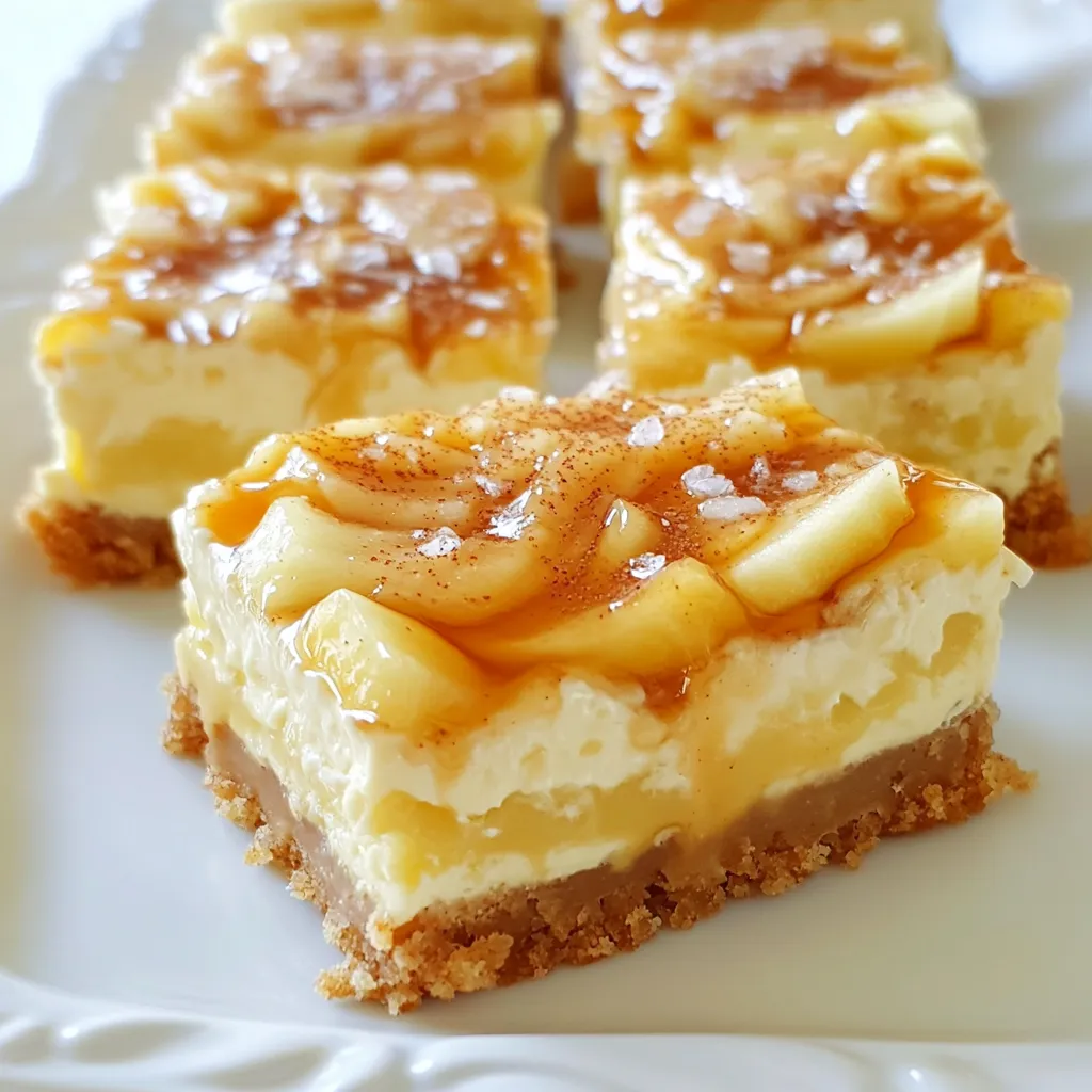 To make caramel apple cheesecake bars, gather these key ingredients: - 1 ¾ cups crushed graham crackers - ½ cup unsalted butter, melted - 2 tablespoons granulated sugar - 1 (8 oz) package cream cheese, softened - 1 cup granulated sugar - 2 large eggs - 1 teaspoon vanilla extract - 2 cups finely chopped apples (such as Granny Smith) - 1 teaspoon cinnamon - 1 cup caramel sauce (store-bought or homemade) - Sea salt for garnish These ingredients create a delicious blend of flavors. The creamy cheesecake pairs well with the tart apples and sweet caramel. You can add some optional ingredients for even more taste: - Chopped nuts, such as pecans or walnuts - A pinch of nutmeg for warmth - A drizzle of chocolate sauce for extra sweetness These additions can elevate your cheesecake bars and make them even more special. If you need to swap out some ingredients, here are a few ideas: - Use graham cracker crumbs or cookie crumbs for the crust. - Substitute coconut oil for butter in the crust for a dairy-free option. - Replace cream cheese with vegan cream cheese if you want a plant-based treat. - Try different apples, like Honeycrisp or Fuji, for varied sweetness. These substitutions keep your recipe flexible and fun! {{ingredient_image_1}} To start, preheat your oven to 350°F (175°C). Grab an 8x8 inch baking dish. Line it with parchment paper. Leave some paper hanging over the edges. This helps you lift the bars out later. In a medium bowl, mix 1 ¾ cups of crushed graham crackers, ½ cup of melted unsalted butter, and 2 tablespoons of sugar. Stir until it all blends well. Next, press this mixture firmly into the bottom of the dish. Make it even and compact. Bake this crust for 8-10 minutes until it turns lightly golden. Once done, take it out and let it cool slightly. Now, we’ll make the cheesecake filling. In a large bowl, beat 1 package of softened cream cheese with 1 cup of sugar. Make sure it’s creamy and smooth. Then, add 2 large eggs, one at a time. Mix well after each egg. Stir in 1 teaspoon of vanilla extract. Scrape the bowl’s sides to get everything mixed. Next, fold in 2 cups of finely chopped apples and 1 teaspoon of cinnamon. Make sure the apples are spread evenly throughout the mixture. Pour the cheesecake filling over the cooled crust. Smooth the top with a spatula. Drizzle half of the caramel sauce over it. Use a knife to swirl the caramel into the batter. This gives a nice marbled look. Bake in the oven for 30-35 minutes. The center should be set but still slightly jiggly. Once baked, let the cheesecake bars cool at room temperature. After they cool, place them in the fridge for at least 2 hours. This helps them set completely. When you are ready to serve, cut into squares. Drizzle with more caramel sauce and sprinkle a bit of sea salt on top. Enjoy! To get a smooth texture, use softened cream cheese. Cold cream cheese can make lumps. Beat it well until creamy before adding other ingredients. Make sure to beat in the eggs one at a time. This helps keep the mixture light. Gently fold in the apples and cinnamon. Over-mixing can lead to a dense cheesecake. One common mistake is skipping the cooling step. Letting the crust cool a bit is key. If you pour the filling on a hot crust, it can melt and mix too much. Another mistake is underbaking. The center should be slightly jiggly but not liquid. Finally, don’t rush the chilling time. These bars need at least 2 hours in the fridge to set properly. Serve these bars with extra caramel sauce on top. A sprinkle of sea salt adds a nice touch. You can also add whipped cream for extra creaminess. For a fun twist, pair them with vanilla ice cream. These bars are perfect for sharing at parties or family gatherings! Pro Tips Use Fresh Apples: For the best flavor and texture, opt for fresh, tart apples like Granny Smith to balance the sweetness of the cheesecake and caramel. Let It Chill: Allow the cheesecake bars to cool completely at room temperature before refrigerating. This helps to set the texture perfectly, making them easier to cut. Swirl the Caramel: When swirling the caramel into the cheesecake, use a knife to create beautiful marbling, but be careful not to overmix, which can blend the flavors too much. Finish with Sea Salt: A sprinkle of sea salt on top before serving adds a delightful contrast to the sweetness, enhancing the overall flavor of the bars. {{image_2}} You can choose different apples to change the taste. Granny Smith apples give a tart kick. Honeycrisp apples add sweetness and crunch. Fuji apples are juicy and sweet, perfect for a lighter flavor. Mix and match apples for a fun twist. Try adding some pears for a different fruit flavor. Explore what you like best! Nuts can add a great crunch to your bars. Walnuts or pecans work well in this recipe. Chop them finely and fold them into the cheesecake mix. You can also add chocolate chips for a sweet touch. Dried cranberries or raisins can bring a chewy texture. Always make sure to check for nut allergies when sharing! Toppings can enhance the look and taste of your bars. Besides caramel sauce, try chocolate sauce for extra sweetness. Whipped cream can lighten up the dessert. A sprinkle of cinnamon or nutmeg adds warmth. Top with fresh apples for a pretty finish. You can even use a drizzle of honey for a floral note. Let your creativity shine with your toppings! Store your caramel apple cheesecake bars in an airtight container. Make sure they cool completely before sealing. This helps keep them fresh and prevents sogginess. Place a piece of parchment paper between layers if you stack them. This avoids sticky messes. Keep the container in the fridge. These bars taste best chilled. You can freeze these cheesecake bars for later. First, cut them into squares. Wrap each square in plastic wrap tightly. Then, place them in a freezer-safe bag or container. This keeps air out and prevents freezer burn. Label the bag with the date. You can store them for up to three months. When you're ready to eat, let them thaw in the fridge overnight. These cheesecake bars last about five days in the fridge. If you want to reheat them, do it gently. You can use a microwave or a warm oven. Heat them in short bursts. This way, they won't get too warm or melt. Enjoy them cold or slightly warm, depending on your taste! Yes, you can make these bars ahead of time. They taste even better after chilling. You can bake them a day or two in advance. Just store them in the fridge. Cut them into squares right before serving. This way, they stay fresh and tasty. If you want a change, try using chocolate sauce or butterscotch sauce. Both add a sweet touch. You can also make a quick homemade caramel. Just melt some sugar until it turns golden. Add butter and cream for a rich flavor. Check the center for doneness. It should be set but still slightly jiggly. A toothpick inserted should come out mostly clean. If it still looks wet, give it a few more minutes. Remember, they will firm up as they cool. You now have everything to make delicious cheesecake bars. We covered must-have ingredients, step-by-step baking, and helpful tips. Remember to avoid common mistakes for a perfect texture. Feel free to try different apple types or mix-ins for unique flavors. Store wisely to keep your bars fresh and tasty. Making these bars ahead is easy, and you can switch sauces too. Enjoy sharing these treats, as they are sure to impress everyone. Happy baking!