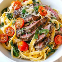 To make creamy steak pasta, you will need the following: - 8 ounces fettuccine pasta - 1 pound flank steak, sliced thin against the grain - 2 tablespoons olive oil - 3 cloves garlic, minced - 1 cup heavy cream - 1 cup beef broth - 1 cup cherry tomatoes, halved - 1 cup fresh spinach - ½ cup grated Parmesan cheese - Salt and pepper to taste - Fresh basil for garnish You can enhance the dish with some optional ingredients: - Red pepper flakes for heat - Mushrooms for an earthy taste - Sun-dried tomatoes for sweetness - A splash of white wine for depth - Fresh herbs like thyme or oregano These extras can bring new flavors to your creamy steak pasta. Feel free to mix and match based on what you like. Choosing fresh ingredients makes a big difference. Here are some tips: - Pasta: Look for high-quality, dried pasta. Avoid brands with too many additives. - Steak: Choose flank steak with a nice red color and some marbling. This gives great flavor. - Garlic: Pick firm cloves with no brown spots. Fresh garlic packs a punch! - Tomatoes: Pick bright, firm cherry tomatoes. They should smell sweet and fresh. - Spinach: Choose vibrant green leaves. Avoid any that look wilted or yellow. - Parmesan: Go for block cheese if you can. It tastes better than pre-grated. Using fresh ingredients not only boosts flavor but also makes your meal more enjoyable. {{ingredient_image_1}} Start by boiling water in a large pot. Add salt to the water for flavor. Once the water is boiling, add 8 ounces of fettuccine pasta. Cook the pasta until it is al dente, which takes about 8-10 minutes. Stir occasionally to prevent sticking. When the pasta is ready, drain it in a colander. Don't forget to save 1/2 cup of the pasta water for later. Next, heat a large skillet over medium-high heat. Add 2 tablespoons of olive oil and let it warm up. Once hot, place 1 pound of thinly sliced flank steak in the skillet. Season it with salt and pepper. Sear the steak for about 3-4 minutes until it gets a nice brown color. Then, remove the steak from the skillet and set it aside. In the same skillet, add 3 cloves of minced garlic. Sauté the garlic for about 30 seconds until it smells good. Then, pour in 1 cup of beef broth and 1 cup of heavy cream. Stir the mixture well to combine. Bring it to a simmer over medium heat. This will help the flavors blend together. Now, add 1 cup of halved cherry tomatoes and 1 cup of fresh spinach to the sauce. Stir them in and let them cook for about 2-3 minutes. The spinach will wilt, and the tomatoes will soften. Once that’s done, return the seared steak to the skillet along with the cooked fettuccine. Toss everything together, adding the reserved pasta water a little at a time. Mix until the sauce reaches your desired thickness. Finally, stir in ½ cup of grated Parmesan cheese. Mix it well until it melts into the sauce. Taste and add more salt and pepper if needed. Plate your creamy steak pasta right away. For an extra touch, garnish it with fresh basil. This adds color and a burst of flavor. Enjoy your meal! To get tender steak, slice it against the grain. This means cutting the meat in the way that the fibers run. Thin slices will cook quickly and stay soft. Use flank steak for a great balance of flavor and tenderness. Make sure your skillet is hot before adding the steak. This helps to sear it fast and keep the juices in. For a smooth sauce, start with heavy cream and beef broth. Combine them in the skillet after cooking the garlic. Stir well as you heat them. If the sauce is too thick, add some reserved pasta water. This water has starch that helps the sauce cling to the pasta. Keep stirring until you reach the right thickness, which should coat the back of a spoon. Always taste your sauce before serving. You can add salt and pepper to boost the flavor. If you like a bit of heat, try adding a pinch of red pepper flakes. Fresh basil at the end adds a nice flavor and color. Don’t be shy about experimenting with spices. Each change can make your creamy steak pasta unique! Pro Tips Beef Tenderness: For the most tender steak, always slice against the grain. This shortens the muscle fibers, making each bite easier to chew. Pasta Water Magic: The reserved pasta water is starchy and can help thicken and bind the sauce to the pasta, creating a creamier texture. Ingredient Temperature: Make sure all ingredients are at room temperature before cooking. This helps in achieving an even cook and better flavor integration. Fresh Herbs Finish: Adding fresh basil at the end brightens the dish and adds a burst of flavor. Don't skip this step for a fresh taste! {{image_2}} You can swap the flank steak for many other proteins. Chicken breast works well. Cook it the same way as steak. Shrimp is also a great choice. Just sauté it until it turns pink. For a hearty option, try ground beef. Brown it in the pan before adding the sauce. If you want a vegetarian version, skip the meat. Use mushrooms instead of steak. Sauté them until they are soft and golden. Tofu is another great option. Press and cube it, then pan-fry for a nice texture. You can also use lentils for protein. They add a hearty feel to the dish. You can make this dish even better by adding more veggies. Bell peppers, zucchini, or broccoli all work. Just cook them with garlic for extra flavor. For some heat, add red pepper flakes or a dash of hot sauce. Fresh herbs like thyme or oregano can also boost the taste. To store leftover creamy steak pasta, let it cool first. Place it in an airtight container. Make sure to seal it well to keep out air. Label the container with the date. Store it in the fridge for up to three days. When it's time to reheat, I suggest using the stove. Place the pasta in a skillet over low heat. Add a splash of beef broth or water to help restore creaminess. Stir it often to warm evenly. You can also use the microwave. Heat it in a microwave-safe dish. Cover it loosely to avoid splatters. Heat for one minute, then stir and check. Heat again until warm, if needed. If you want to freeze creamy steak pasta, use a freezer-safe container. Make sure to leave some space at the top for expansion. It’s best to freeze it without fresh basil. The herbs may lose their flavor and texture. You can freeze it for up to three months. When ready to eat, thaw it in the fridge overnight. Reheat it on the stove, adding a bit of liquid to keep it creamy. Yes, you can use other types of pasta. Spaghetti, penne, or even gluten-free pasta work well. Just cook it according to the package instructions. The key is to keep the sauce creamy and flavorful. You can use half-and-half or whole milk as a lighter option. For a dairy-free choice, try coconut milk or cashew cream. These substitutes give a nice creaminess without using heavy cream. Creamy steak pasta lasts about three to four days in the fridge. Store it in an airtight container for best results. Reheat it gently to keep the sauce smooth. Yes, you can prepare the components in advance. Cook the pasta and sear the steak ahead of time. Just combine them with the sauce when you are ready to serve. This saves time on busy nights. In this post, we explored delicious recipes for creamy steak pasta. We discussed key ingredients and tips for selecting the freshest items. I shared step-by-step instructions for cooking and serving. You learned tips to cook the perfect steak and create a creamy sauce. Variations and storage tips offer flexibility for your meals. Try these ideas to impress your family and friends. Enjoy your cooking adventures!