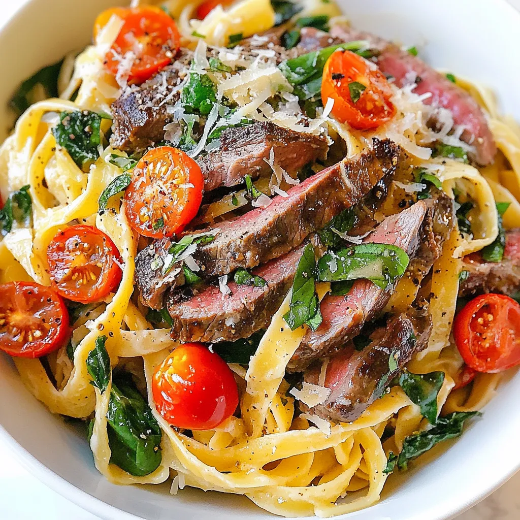 To make creamy steak pasta, you will need the following: - 8 ounces fettuccine pasta - 1 pound flank steak, sliced thin against the grain - 2 tablespoons olive oil - 3 cloves garlic, minced - 1 cup heavy cream - 1 cup beef broth - 1 cup cherry tomatoes, halved - 1 cup fresh spinach - ½ cup grated Parmesan cheese - Salt and pepper to taste - Fresh basil for garnish You can enhance the dish with some optional ingredients: - Red pepper flakes for heat - Mushrooms for an earthy taste - Sun-dried tomatoes for sweetness - A splash of white wine for depth - Fresh herbs like thyme or oregano These extras can bring new flavors to your creamy steak pasta. Feel free to mix and match based on what you like. Choosing fresh ingredients makes a big difference. Here are some tips: - Pasta: Look for high-quality, dried pasta. Avoid brands with too many additives. - Steak: Choose flank steak with a nice red color and some marbling. This gives great flavor. - Garlic: Pick firm cloves with no brown spots. Fresh garlic packs a punch! - Tomatoes: Pick bright, firm cherry tomatoes. They should smell sweet and fresh. - Spinach: Choose vibrant green leaves. Avoid any that look wilted or yellow. - Parmesan: Go for block cheese if you can. It tastes better than pre-grated. Using fresh ingredients not only boosts flavor but also makes your meal more enjoyable. {{ingredient_image_1}} Start by boiling water in a large pot. Add salt to the water for flavor. Once the water is boiling, add 8 ounces of fettuccine pasta. Cook the pasta until it is al dente, which takes about 8-10 minutes. Stir occasionally to prevent sticking. When the pasta is ready, drain it in a colander. Don't forget to save 1/2 cup of the pasta water for later. Next, heat a large skillet over medium-high heat. Add 2 tablespoons of olive oil and let it warm up. Once hot, place 1 pound of thinly sliced flank steak in the skillet. Season it with salt and pepper. Sear the steak for about 3-4 minutes until it gets a nice brown color. Then, remove the steak from the skillet and set it aside. In the same skillet, add 3 cloves of minced garlic. Sauté the garlic for about 30 seconds until it smells good. Then, pour in 1 cup of beef broth and 1 cup of heavy cream. Stir the mixture well to combine. Bring it to a simmer over medium heat. This will help the flavors blend together. Now, add 1 cup of halved cherry tomatoes and 1 cup of fresh spinach to the sauce. Stir them in and let them cook for about 2-3 minutes. The spinach will wilt, and the tomatoes will soften. Once that’s done, return the seared steak to the skillet along with the cooked fettuccine. Toss everything together, adding the reserved pasta water a little at a time. Mix until the sauce reaches your desired thickness. Finally, stir in ½ cup of grated Parmesan cheese. Mix it well until it melts into the sauce. Taste and add more salt and pepper if needed. Plate your creamy steak pasta right away. For an extra touch, garnish it with fresh basil. This adds color and a burst of flavor. Enjoy your meal! To get tender steak, slice it against the grain. This means cutting the meat in the way that the fibers run. Thin slices will cook quickly and stay soft. Use flank steak for a great balance of flavor and tenderness. Make sure your skillet is hot before adding the steak. This helps to sear it fast and keep the juices in. For a smooth sauce, start with heavy cream and beef broth. Combine them in the skillet after cooking the garlic. Stir well as you heat them. If the sauce is too thick, add some reserved pasta water. This water has starch that helps the sauce cling to the pasta. Keep stirring until you reach the right thickness, which should coat the back of a spoon. Always taste your sauce before serving. You can add salt and pepper to boost the flavor. If you like a bit of heat, try adding a pinch of red pepper flakes. Fresh basil at the end adds a nice flavor and color. Don’t be shy about experimenting with spices. Each change can make your creamy steak pasta unique! Pro Tips Beef Tenderness: For the most tender steak, always slice against the grain. This shortens the muscle fibers, making each bite easier to chew. Pasta Water Magic: The reserved pasta water is starchy and can help thicken and bind the sauce to the pasta, creating a creamier texture. Ingredient Temperature: Make sure all ingredients are at room temperature before cooking. This helps in achieving an even cook and better flavor integration. Fresh Herbs Finish: Adding fresh basil at the end brightens the dish and adds a burst of flavor. Don't skip this step for a fresh taste! {{image_2}} You can swap the flank steak for many other proteins. Chicken breast works well. Cook it the same way as steak. Shrimp is also a great choice. Just sauté it until it turns pink. For a hearty option, try ground beef. Brown it in the pan before adding the sauce. If you want a vegetarian version, skip the meat. Use mushrooms instead of steak. Sauté them until they are soft and golden. Tofu is another great option. Press and cube it, then pan-fry for a nice texture. You can also use lentils for protein. They add a hearty feel to the dish. You can make this dish even better by adding more veggies. Bell peppers, zucchini, or broccoli all work. Just cook them with garlic for extra flavor. For some heat, add red pepper flakes or a dash of hot sauce. Fresh herbs like thyme or oregano can also boost the taste. To store leftover creamy steak pasta, let it cool first. Place it in an airtight container. Make sure to seal it well to keep out air. Label the container with the date. Store it in the fridge for up to three days. When it's time to reheat, I suggest using the stove. Place the pasta in a skillet over low heat. Add a splash of beef broth or water to help restore creaminess. Stir it often to warm evenly. You can also use the microwave. Heat it in a microwave-safe dish. Cover it loosely to avoid splatters. Heat for one minute, then stir and check. Heat again until warm, if needed. If you want to freeze creamy steak pasta, use a freezer-safe container. Make sure to leave some space at the top for expansion. It’s best to freeze it without fresh basil. The herbs may lose their flavor and texture. You can freeze it for up to three months. When ready to eat, thaw it in the fridge overnight. Reheat it on the stove, adding a bit of liquid to keep it creamy. Yes, you can use other types of pasta. Spaghetti, penne, or even gluten-free pasta work well. Just cook it according to the package instructions. The key is to keep the sauce creamy and flavorful. You can use half-and-half or whole milk as a lighter option. For a dairy-free choice, try coconut milk or cashew cream. These substitutes give a nice creaminess without using heavy cream. Creamy steak pasta lasts about three to four days in the fridge. Store it in an airtight container for best results. Reheat it gently to keep the sauce smooth. Yes, you can prepare the components in advance. Cook the pasta and sear the steak ahead of time. Just combine them with the sauce when you are ready to serve. This saves time on busy nights. In this post, we explored delicious recipes for creamy steak pasta. We discussed key ingredients and tips for selecting the freshest items. I shared step-by-step instructions for cooking and serving. You learned tips to cook the perfect steak and create a creamy sauce. Variations and storage tips offer flexibility for your meals. Try these ideas to impress your family and friends. Enjoy your cooking adventures!