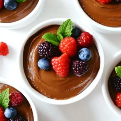 To make the best Cottage Cheese Chocolate Mousse, you need: - 1 cup cottage cheese - 1/4 cup unsweetened cocoa powder - 1/4 cup honey (or maple syrup for vegan option) - 1 teaspoon vanilla extract - 1/4 cup milk (dairy or non-dairy) - 1/8 teaspoon salt - 1/4 cup dark chocolate chips (optional, for added richness) - Fresh berries and mint leaves for garnish These ingredients work together to create a rich, creamy dessert. The cottage cheese gives a smooth base. Cocoa powder adds that deep chocolate flavor. Honey or maple syrup sweetens it just right. If you want to switch up the sweeteners, there are great options. Use agave syrup or date syrup for a different taste. You can also try stevia or erythritol for a low-calorie option. Each sweetener has a unique flavor, so adjust the amount to your taste. Start with the same amount as honey, then tweak as needed. Toppings make your mousse even better. Fresh berries like strawberries, raspberries, or blueberries add a bright touch. Mint leaves give a pop of green and fresh flavor. You might also sprinkle some crushed nuts for crunch. Consider adding a dollop of whipped cream for extra creaminess. These toppings make your dessert pretty and tasty! To make your cottage cheese chocolate mousse creamy, blend well. Start with one cup of cottage cheese. Place it in a blender or food processor. Blend it until it is smooth. This step is key. No lumps should remain. A smooth base gives you a light and airy mousse. Temperature matters in this recipe. Use room temperature ingredients for the best results. This includes cocoa powder, honey, and milk. When ingredients are at room temperature, they blend better. Cold ingredients can make the mousse dense and heavy. For a light texture, ensure everything is warm enough. If you choose to add dark chocolate, melt it carefully. Use a double boiler or microwave for this. If using a microwave, heat in short bursts. Stir in between to avoid burning. Once melted, let it cool slightly before adding it to the mix. This keeps the mousse smooth and rich. To make the best cottage cheese chocolate mousse, focus on blending. Start with smooth cottage cheese. Use a high-speed blender or food processor. Blend until creamy with no lumps. This step is key. Next, blend in the cocoa powder, honey, vanilla, milk, and salt. Blend until fluffy. If you choose to add melted chocolate, let it cool first. Then blend again to mix well. This ensures a uniform texture. Sweetness can vary based on personal taste. I suggest starting with the given amount of honey or maple syrup. After blending, taste the mousse. If it needs more sweetness, add a little more honey or syrup. Blend again to mix. This step lets you customize the dessert. Remember, the chocolate flavor should shine through. Balance is key, so don’t overdo it. There are a few common mistakes to watch out for. First, don’t skip blending the cottage cheese until smooth. Lumps will ruin the mousse’s texture. Second, avoid adding hot melted chocolate directly. Let it cool slightly to maintain the mousse's fluffiness. Lastly, don’t rush the chilling time. Refrigerate for at least 30 minutes. This helps the mousse set. Patience rewards you with a better dessert. {{image_2}} You can make this mousse vegan by swapping out a few ingredients. Instead of cottage cheese, use silken tofu. It gives a creamy texture and blends well. For sweetening, use maple syrup instead of honey. Use a non-dairy milk like almond milk or oat milk, too. Follow the same steps in the recipe, and you’ll have a delicious vegan treat. To make your mousse even more exciting, try adding flavors. A splash of peppermint extract brings a refreshing twist. Just use about half a teaspoon. You can also mix in a little espresso powder for a rich taste. This adds depth to the chocolate flavor. Feel free to experiment with other extracts, like almond or coconut. Adding fruit purees can give your mousse a fruity kick. Consider blending in some raspberry or strawberry puree. You could also mix in chopped nuts for crunch. Almonds or hazelnuts add texture and flavor. Just fold in these extras gently after blending. This way, you keep the mousse light and airy. Enjoy your creative spin on this healthy dessert! After you enjoy your Cottage Cheese Chocolate Mousse, store any leftovers in the fridge. Use an airtight container to keep the mousse fresh. This helps prevent it from absorbing other smells or flavors in the fridge. If you don't have a container, cover the bowl tightly with plastic wrap. You can keep your mousse in the fridge for up to three days. After that, it may lose its creamy texture and taste. Check for any signs of spoilage, like changes in color or smell, before eating. If it looks or smells off, it’s best to throw it away. If you want to keep the mousse longer, freezing is a great option. Place the mousse in a freezer-safe container. Leave some space at the top because it will expand when frozen. You can also scoop it into ice cube trays for single servings. When ready to eat, thaw it overnight in the fridge. Enjoy your mousse within three months for the best flavor. Yes, you can use flavored cottage cheese. It will change the taste of the mousse. I recommend using plain cottage cheese for a rich chocolate flavor. If you want a twist, go for vanilla or chocolate-flavored. Just remember, it may add extra sweetness. Adjust your sweetener if needed. Cottage cheese is a healthy choice. It is high in protein, which helps build muscles. It is also low in fat, making it a great option for those watching their weight. Cottage cheese contains calcium, which is good for bones. It has probiotics, too, which aid digestion. These benefits make it a smart ingredient in desserts. You can make this mousse dairy-free easily. Replace cottage cheese with a dairy-free yogurt. Use almond or coconut milk instead of regular milk. Choose maple syrup as your sweetener. You can also skip the dark chocolate chips or use dairy-free ones. This way, you still enjoy a tasty mousse without dairy. Cottage cheese chocolate mousse is easy and fun to make. We covered ingredients, blending techniques, and clever tricks to avoid mistakes. Don’t forget to try different flavors and toppings to make it your own. Storing leftovers is simple, so you can enjoy this dessert later. Mousse can fit your taste, from vegan to fruity options. So go ahead, gather your ingredients, and create your delicious mousse masterpiece today!