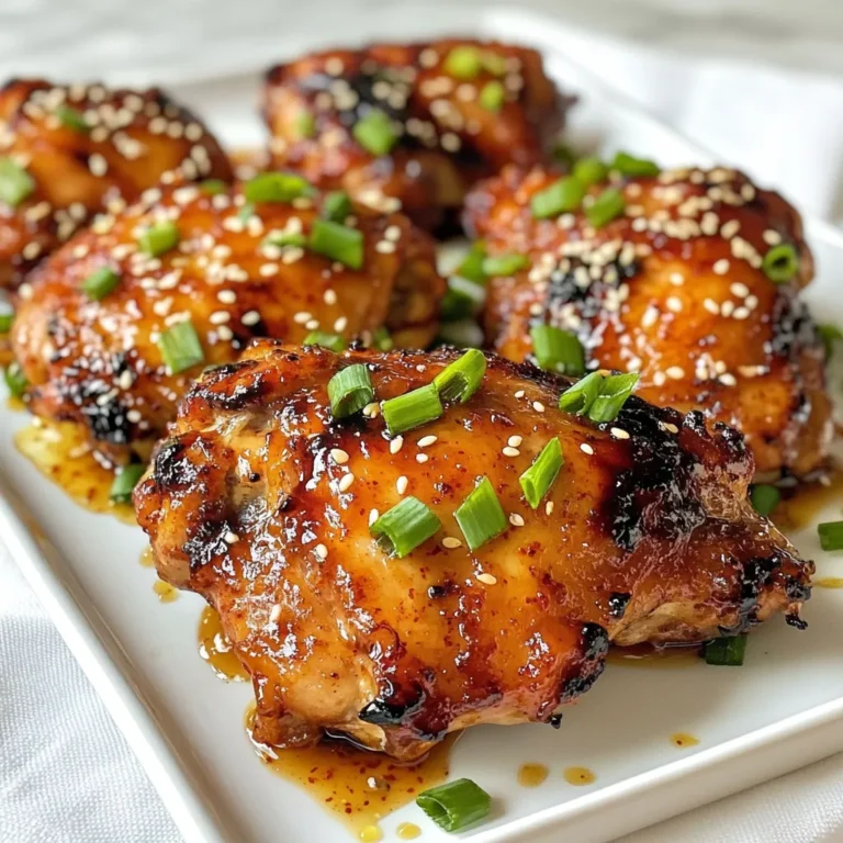 - 1 lb chicken thighs, boneless and skinless - 3 tablespoons gochujang (Korean chili paste) - 3 tablespoons honey - 2 tablespoons soy sauce - 1 tablespoon rice vinegar - 1 tablespoon sesame oil - 3 cloves garlic, minced - 1 tablespoon fresh ginger, grated - Sesame seeds and sliced green onions for garnish Sticky Honey Gochujang Chicken uses simple, fresh ingredients that pack a punch. First, the chicken thighs are the star of this dish. They provide juicy meat that absorbs flavor well. Gochujang brings heat and sweetness. It is a thick paste made from fermented soybeans, red chili, and glutinous rice. Honey adds a rich sweetness that balances the spice. Soy sauce gives depth and umami. Rice vinegar adds a bit of tang, while sesame oil brings a nutty flavor. For garnishing, minced garlic and grated ginger add zest. Sesame seeds and sliced green onions add a beautiful touch and crunch. These ingredients combine to create a sweet, spicy, and savory dish perfect for any dinner. {{ingredient_image_1}} In a bowl, mix these ingredients well: - 3 tablespoons gochujang - 3 tablespoons honey - 2 tablespoons soy sauce - 1 tablespoon rice vinegar - 1 tablespoon sesame oil - 3 cloves garlic, minced - 1 tablespoon fresh ginger, grated This blend of sweet and spicy creates a tasty base for your chicken. Next, take 1 lb of boneless, skinless chicken thighs. Coat each piece in the marinade. Make sure every part is covered well. For the best flavor, marinate for at least 30 minutes. You can also let it sit overnight for richer taste. Now, preheat your grill or skillet to medium-high heat. Remove the chicken from the marinade, but keep the marinade for later. Cook the chicken for about 5-7 minutes on each side. Check that it reaches an internal temperature of 165°F. The chicken should be browned and juicy. While the chicken cooks, pour the reserved marinade into a small saucepan. Bring it to a simmer over medium heat. To thicken the sauce, mix 1 teaspoon of cornstarch with 2 tablespoons of water. Add this mix to the saucepan. Stir continuously until the sauce becomes sticky. Once the chicken is cooked, take it off the heat. Brush the thickened sauce all over the chicken thighs. Let them rest for a few minutes. This helps keep the chicken juicy. Slice it up and serve with any leftover sauce. Garnish with sesame seeds and sliced green onions for extra flavor. Marinating chicken is key to great flavor. A 30-minute marinade gives good results. The chicken absorbs some flavors but not all. For deeper flavor, marinate overnight. The longer time helps the chicken soak up the gochujang and honey. This makes it taste amazing and juicy. Cooking chicken just right is important. Use a meat thermometer to check doneness. The chicken should reach 165°F inside. Look for a nice char on the outside. This adds flavor and texture. Cooking on medium-high heat helps achieve that perfect sear. Flip the chicken halfway through cooking for even charring. Want to make your dish even better? Try adding more spices. A pinch of smoked paprika can add a nice depth. You can also add a splash of lime juice for a zesty kick. If you like it spicy, consider mixing in some chili flakes. Fresh herbs like cilantro can brighten up the dish too. Pro Tips Marinate Longer for Flavor: For the best flavor, marinate the chicken thighs for at least 2 hours or even overnight. This allows the marinade to penetrate the meat more deeply, resulting in a more flavorful dish. Perfect Grill Marks: To achieve beautiful grill marks, make sure your grill is preheated properly. Once you place the chicken on the grill, avoid moving it for the first few minutes to let it sear well. Thickening the Sauce: If you prefer a thicker sauce, add a bit more cornstarch mixed with water. Just remember to bring it to a simmer to activate the thickening power! Serving Suggestions: Serve the chicken with steamed rice or quinoa to soak up the delicious sauce. Adding a side of sautéed vegetables can enhance the meal's nutrition and flavor. {{image_2}} If you want to switch up the chicken, you can use chicken breasts or wings. Chicken breasts are leaner and cook faster. Just be careful not to overcook them. Wings are great if you want a crispy skin. They will take a bit longer to cook, so keep an eye on them. To make this dish gluten-free, swap soy sauce with tamari. Tamari has a similar taste but contains no wheat. You can also check your gochujang for gluten-free labels. This way, you can enjoy the same bold flavors without worry. Gochujang has a nice kick, but you can adjust the heat. If you want it milder, use less gochujang. You can also add a bit of honey to balance the heat. For more spice, add extra gochujang or a pinch of red pepper flakes. Taste as you go to find your perfect heat level. To store leftover Sticky Honey Gochujang Chicken, place it in an airtight container. Make sure it cools down first. Store the chicken in the fridge for up to four days. This keeps the flavors fresh and tasty. If you want to freeze the chicken, first let it cool. Wrap it tightly in plastic wrap or foil. Then, place it in a freezer bag. This helps avoid freezer burn. You can freeze it for up to three months. When you're ready to eat, just thaw it in the fridge overnight. To reheat the chicken, I recommend using a skillet. Heat it over medium-low heat. Add a splash of water or sauce to keep it moist. Cover with a lid to trap steam. You can also use a microwave. Just place the chicken on a plate and cover it. Heat for one to two minutes, checking often. This way, you keep the flavor and texture nice! Gochujang is a Korean chili paste. It adds heat and sweetness to dishes. You can find gochujang in Asian markets or the international aisle of many grocery stores. Look for it in a red container. Yes! You can use chicken breasts or wings instead of thighs. You can also try pork or tofu for a different taste. Just adjust the cooking time. Thinner cuts will cook faster than thicker ones. Sticky Honey Gochujang Chicken goes well with rice or quinoa. Steamed vegetables like broccoli or bok choy add color and nutrients. A simple salad can also balance the meal. For something crunchy, try pickled veggies. To make it spicier, add more gochujang or fresh chili peppers. You can also mix in some red pepper flakes. If you want it milder, use less gochujang. Adding more honey can also help tone down the heat. Yes, you can bake the chicken. Preheat your oven to 400°F. Place marinated chicken on a baking sheet. Bake for about 25-30 minutes. Make sure the chicken reaches an internal temperature of 165°F for safety. Sticky Honey Gochujang Chicken is a tasty dish that mixes sweet and spicy flavors. We covered the key ingredients, how to make the marinade, and tips for cooking. Remember to marinate well for the best taste. You can switch chicken types or adjust spice levels for a personal twist. Proper storage keeps leftovers fresh. Enjoy making this dish that adds flavor to your meals. Your kitchen will smell amazing, and your taste buds will thank you!