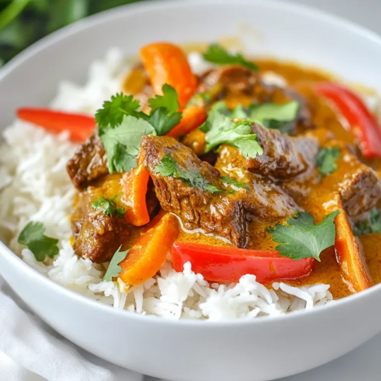 For a rich and tasty Crockpot Beef Coconut Curry, gather these key items: - 2 pounds beef chuck, cut into 1-inch pieces - 1 can (14 oz) coconut milk - 1 cup beef broth - 2 tablespoons red curry paste - 1 onion, diced - 4 cloves garlic, minced - 1 tablespoon ginger, minced - 2 carrots, sliced - 1 red bell pepper, chopped - 1 cup green peas (frozen or fresh) - Salt and pepper to taste - 2 tablespoons fish sauce - 1 tablespoon brown sugar Each ingredient adds flavor and depth. The beef chuck gives a hearty base. Coconut milk brings creaminess, while red curry paste adds spice. You will need some common items from your pantry: - Salt - Black pepper - Fish sauce - Brown sugar These staples enhance the dish. They balance flavors and add umami depth. To make your meal even better, consider these options: - Fresh cilantro, for garnish - Cooked jasmine rice, for serving Garnishing with cilantro adds freshness. Serving over jasmine rice helps soak up the curry. You can also serve it with naan for a fun twist! {{ingredient_image_1}} Start by taking 2 pounds of beef chuck. Cut it into 1-inch pieces. In a large bowl, mix the beef with salt, pepper, and 2 tablespoons of red curry paste. Make sure all the beef pieces get coated well. This step is key for great flavor. Now, grab your crockpot. Place the diced onion, minced garlic, and ginger at the bottom. This will create a tasty base. Next, add the coated beef on top of the onions. Pour in 1 can of coconut milk and 1 cup of beef broth. Add 2 tablespoons of fish sauce and 1 tablespoon of brown sugar. Stir gently to mix the liquid with the beef. Now it’s time to layer the veggies. Put 2 sliced carrots and 1 chopped red bell pepper on top of the beef. Do not stir this layer. Let the vegetables sit on top while cooking. Cover your crockpot with a lid. Cook on low heat for 6-8 hours or on high for 4-5 hours. The beef should be tender when done. In the last 30 minutes, add 1 cup of green peas. Stir them in gently. Once cooked, taste the curry and adjust the seasoning if needed. If you want more heat, add extra red curry paste. Enjoy this warm dish over jasmine rice, and don’t forget to garnish with fresh cilantro! To boost the flavor of your beef coconut curry, try these simple tips: - Use fresh herbs like cilantro and basil for garnish. - Add a squeeze of lime juice before serving for brightness. - Cook your beef with the red curry paste overnight for deeper taste. - Consider adding a splash of soy sauce for extra umami. If you like spice, here’s how to adjust the heat: - Add more red curry paste for a stronger kick. - Include sliced jalapeños during cooking for extra heat. - If it gets too spicy, balance it with more coconut milk. - Serve with a side of yogurt to cool down the dish. Avoid these common pitfalls for the best curry: - Don’t skip browning the beef; it adds great flavor. - Layer vegetables on top without stirring to keep their texture. - Don’t overcook the peas; add them in the last 30 minutes. - Taste before serving to adjust seasoning; it makes a big difference. Pro Tips Choose the Right Cut: Beef chuck is ideal for slow cooking as it becomes tender and flavorful over long periods. Avoid lean cuts that may dry out. Balance the Flavors: Adjust the fish sauce and brown sugar according to your taste preferences. A little more sugar can enhance the richness of the curry. Don't Skip the Garnish: Fresh cilantro adds a vibrant flavor and color. Add it just before serving to maintain its freshness. Make It Your Own: Feel free to add other vegetables like bell peppers or spinach. This recipe is versatile and can accommodate your favorites! {{image_2}} You can switch out the beef for chicken or pork. Chicken thighs work great because they stay juicy. If you like seafood, use shrimp or firm fish. Each protein adds its own flavor. Just adjust the cooking time. Chicken usually cooks faster, while seafood needs less time. Feel free to change the veggies in your curry. Broccoli, zucchini, or snap peas can add crunch. Sweet potatoes add a nice sweetness and creamy texture. You can also add spinach or kale for greens. Just remember to add quick-cooking veggies later in the process. Red curry paste is a classic choice, but you can try green or yellow curry paste. Green paste offers a fresh, herbaceous taste. Yellow curry is milder and slightly sweet. Each type gives a unique flavor to the dish. Don’t be afraid to experiment with these pastes! Once you finish your delicious beef coconut curry, let it cool down. Store leftovers in an airtight container. It helps keep the flavors fresh. Make sure to refrigerate within two hours. Use it within three to four days for the best taste. When you want to enjoy your leftovers, reheat them gently. You can use a microwave or a stove. If using a microwave, cover the bowl to trap steam. Heat in short bursts, stirring in between. On the stove, use low heat and stir often. This keeps the beef tender and the sauce smooth. If you want to save some for later, freezing works great! Let the curry cool completely before freezing. Use freezer-safe containers or bags. Leave a little space at the top to allow for expansion. It can last up to three months in the freezer. When ready to eat, thaw it overnight in the fridge before reheating. Yes, you can use other meats. Chicken works well and cooks faster. Pork also adds great flavor. Just adjust cooking times. For chicken, cook on low for 4-6 hours. For pork, 5-7 hours on low is ideal. If your sauce is too thin, there are easy ways to thicken it. You can mix 1 tablespoon of cornstarch with 2 tablespoons of water. Stir this mix into the curry during the last 30 minutes. For a richer sauce, add more coconut milk or let it cook longer with the lid off. Yes, this recipe is already dairy-free! Use coconut milk as your base. It gives a creamy texture without dairy. If you want more creaminess, add extra coconut milk. You can also use almond milk, but it may change the flavor slightly. This blog post explored how to make a tasty Crockpot Beef Coconut Curry. We started with the main ingredients and pantry staples needed for a great dish. Then, I shared simple steps to prepare, layer, and cook your meal. I also offered tips to enhance flavors and avoid common mistakes. Variations allow you to switch proteins and vegetables, keeping it fresh. Finally, I added storage tips to help with leftovers. Enjoy your cooking and make this recipe your own!