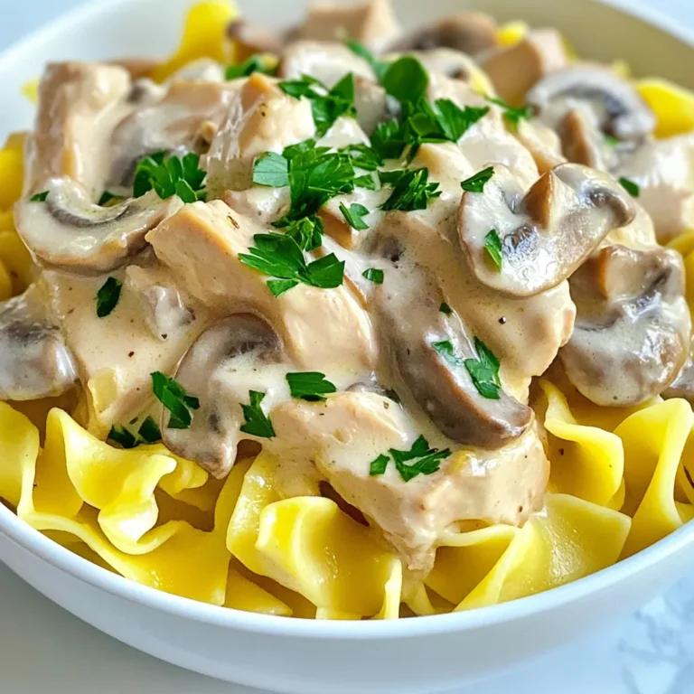 - 1 pound turkey breast, cut into thin strips - 2 tablespoons olive oil - 1 medium onion, finely chopped - 2 cloves garlic, minced - 8 ounces mushrooms, sliced (white or cremini) - 1 cup chicken broth - 1 cup sour cream - 2 tablespoons all-purpose flour - 1 teaspoon paprika - Salt and pepper to taste - Fresh parsley, chopped (for garnish) - 8 ounces egg noodles or your favorite pasta Gather these simple ingredients to make creamy turkey stroganoff. Start with the turkey breast. Cut it into thin strips for quick cooking. The olive oil adds flavor and helps brown the turkey. Next, chop one medium onion finely. This will add sweetness to the dish. Mince two cloves of garlic for a strong aroma. Slice eight ounces of mushrooms. They bring a nice earthiness to the meal. You'll need one cup of chicken broth. This gives the sauce depth. The sour cream is key for creaminess. Two tablespoons of flour help thicken the sauce. Add one teaspoon of paprika for a bit of warmth. Don’t forget to season with salt and pepper to suit your taste. Finish with fresh parsley for color and flavor. Lastly, choose eight ounces of egg noodles or any pasta you love. This dish is not just tasty; it is also easy to make with simple ingredients. {{ingredient_image_1}} - Boil a large pot of water. - Cook the egg noodles as the package says. - Drain the noodles and set them aside. - Heat olive oil in a large skillet over medium heat. - Add turkey strips and season with salt and pepper. - Cook until the turkey is browned, about 5-7 minutes. - Remove the turkey from the skillet and set it aside. - In the same skillet, add chopped onion and minced garlic. - Sauté for 2-3 minutes until the onion is soft and fragrant. - Stir in sliced mushrooms and cook for another 4-5 minutes. - Sprinkle flour over the mixture and stir well. - Pour in the chicken broth while mixing until thickened. - Add paprika and season with salt and pepper to taste. - Lower the heat, then mix in sour cream until creamy. - Add the turkey back into the skillet and heat for 2-3 minutes. - Toss in the cooked noodles until they are well-coated in sauce. To make your stroganoff super creamy, use full-fat sour cream. It adds richness that makes the dish taste great. When you add the sour cream, keep the heat low. This way, it won’t curdle and ruin your sauce. To boost the taste, use spices like garlic powder, onion powder, or even a dash of cayenne. You can also try adding a splash of white wine for depth. A spoonful of Dijon mustard gives a nice kick too! Serve your stroganoff in a deep bowl for a nice look. Garnish it with chopped fresh parsley for color. A sprinkle of paprika adds a warm touch and makes your dish pop! Enjoy with crispy bread for dipping. Pro Tips Choose the Right Turkey: Opt for lean turkey breast for a healthier option, or use turkey thighs for a richer flavor and juiciness. Don't Skip the Sauté: Sautéing the onions and garlic until fragrant enhances the overall flavor of the dish, making it more aromatic. Adjust the Thickness: If the sauce is too thick, add a splash more chicken broth to reach your desired consistency. Garnish Wisely: Fresh parsley not only adds color but also freshness that complements the creamy sauce beautifully. {{image_2}} You can switch out turkey for chicken or beef. Both work well in this recipe. If you want a lighter dish, use chicken. For a richer taste, beef is great. If you're looking for dairy-free options, try vegan sour cream. This keeps the dish creamy without dairy. You can also use cashew cream for a nutty flavor. There are many side dishes that go well with stroganoff. A fresh green salad adds a nice crunch. Garlic bread also pairs nicely, soaking up the sauce. You can use different pasta types too. Bowtie or penne pasta adds fun shapes. Rice is also a great option if you prefer something different. Add vegetables for extra nutrition. Spinach, bell peppers, or peas work well in this dish. They add color and vitamins. If you like spice, try adding jalapeños or hot sauce. This gives the dish a nice kick. You can adjust the heat to suit your taste. To keep your creamy turkey stroganoff fresh, cool it quickly. Divide it into smaller portions. Use airtight containers for best results. Glass or plastic containers work well. Make sure to label with the date. When you reheat stroganoff, you want to keep it creamy. The best way is to use the stovetop. Heat it gently over low heat, stirring often. This helps maintain the texture. If you use a microwave, do it in short bursts. Stir between each round to avoid hot spots. You can freeze creamy turkey stroganoff for later. First, let it cool completely. Place it in freezer-safe containers or bags. Squeeze out as much air as possible. It can stay in the freezer for up to three months. To thaw, move it to the fridge overnight before reheating. You can use Greek yogurt or cream cheese. These options create a creamy texture. Another choice is heavy cream. Each gives a different flavor but still works well. Yes, you can! Cook the turkey and sauce a day before. Store it in the fridge in a sealed container. When ready to eat, gently reheat on low heat. Add the noodles just before serving. Creamy turkey stroganoff pairs well with several sides. Try serving it with steamed broccoli or a fresh green salad. Garlic bread also makes a great choice. It adds crunch and complements the sauce perfectly. This creamy turkey stroganoff is simple and delicious. You learned about the key ingredients and their role in creating a rich sauce. The step-by-step guide made cooking easy, ensuring you can master this dish. Tips and tricks helped you enhance flavors and perfect texture. You also saw how to store leftovers and explore alternatives. I encourage you to try your own variations. With creativity, every dish can become uniquely yours. Enjoy cooking and share your tasty results!