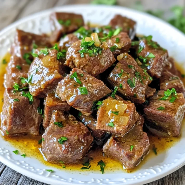 - 2 lbs beef chuck, cut into bite-sized cubes - 6 cloves garlic, minced - 1/2 cup unsalted butter, melted The main ingredients for this dish are simple yet powerful. Beef chuck gives a rich flavor and tenderness. I love using garlic for its strong aroma and taste. Butter adds a smooth, creamy touch that makes the dish special. - 2 tablespoons soy sauce - 1 tablespoon Worcestershire sauce - 1 teaspoon dried thyme - 1 teaspoon black pepper - 1 teaspoon onion powder - 1/2 teaspoon salt (adjust to taste) Seasoning is key for great taste. Soy sauce and Worcestershire sauce add depth. Dried thyme brings a hint of earthiness. Black pepper adds a slight kick. Onion powder gives a nice, savory note. Salt enhances all these flavors, so adjust to your liking. - Fresh parsley, chopped (for garnish) Fresh parsley is not just for looks. It brightens the dish and adds freshness. A sprinkle of parsley makes the beef bites pop on the plate. You’ll love the splash of color it brings! {{ingredient_image_1}} - Mince the Garlic Start by peeling six cloves of garlic. Use a sharp knife to chop each clove finely. This will release the strong, rich flavor of the garlic. Set the minced garlic aside for later use. - Cut the Beef Take two pounds of beef chuck. Cut it into bite-sized cubes. Make sure each piece is even in size. This helps the beef cook evenly and become tender. - Combine Ingredients in a Bowl In a large bowl, mix the minced garlic, melted butter, soy sauce, and Worcestershire sauce. Add dried thyme, black pepper, onion powder, and salt. Stir until everything is well combined. - Coat the Beef Cubes Add the beef cubes into the bowl with the garlic butter mixture. Toss the beef until each piece is coated. This step adds flavor to every bite. - Transfer to Crockpot Carefully transfer the coated beef cubes into the crockpot. Spread the pieces out so they cook evenly. - Set Cooking Time and Temperature Cover the crockpot with its lid. Set it to low heat and cook for 6-8 hours. This slow cooking makes the beef tender and juicy. - Garnishing and Presentation After cooking, gently stir the beef bites in the buttery juices. Serve hot on a plate. Garnish with fresh chopped parsley for a pop of color and flavor. Enjoy the meal with family or friends! Cooking Time Adjustments For the best beef bites, cook on low for 6 to 8 hours. This slow cooking makes the meat tender and juicy. If you're in a rush, you can cook on high for 3 to 4 hours, but it may not be as tender. Type of Beef Recommendations I recommend using beef chuck. It has a good mix of fat and meat. This cut becomes soft and flavorful when cooked slowly. Other cuts like brisket or round can also work, but they may not be as tender. Additional Seasoning Options You can add more spices to the mix. Consider red pepper flakes for heat or smoked paprika for depth. Fresh herbs like rosemary or thyme can also bring a new taste. Best Practices for Garlic Flavor Use fresh garlic for the best flavor. Mince it finely to release its oils. If you want a stronger garlic taste, add extra cloves. You can also roast the garlic before adding it for a sweeter, milder flavor. Accompaniments and Side Dishes Serve these beef bites with rice, mashed potatoes, or crusty bread. They soak up the garlic butter sauce nicely. For a fresh side, try a simple salad or steamed veggies. Pairing with Beverages A nice red wine pairs well with this dish. Try a Cabernet Sauvignon or a Merlot. If you prefer something lighter, a sparkling water with lemon can cleanse the palate. Pro Tips Choose the Right Cut: Using beef chuck is ideal for this recipe as it becomes tender and flavorful when slow-cooked. Avoid lean cuts to prevent dryness. Marinate for Extra Flavor: For enhanced flavor, consider marinating the beef cubes in the garlic butter mixture for a few hours or overnight before cooking. Thicken the Sauce: If you prefer a thicker sauce, you can add a cornstarch slurry (1 tablespoon of cornstarch mixed with 1 tablespoon of water) in the last 30 minutes of cooking. Garnish Wisely: Fresh parsley not only adds a pop of color but also a fresh flavor that complements the richness of the beef. Consider other herbs like chives or thyme for variation. {{image_2}} You can use many cuts of beef for this dish. Beef chuck works great, but you can also try sirloin or brisket. These cuts have good flavor and tenderness when cooked low and slow. Each choice gives a unique taste and texture to your meal. Adding vegetables can boost flavor and nutrition. Try adding carrots, onions, or bell peppers. Chop them into small pieces and mix them with the beef. They will cook down nicely in the crockpot. Incorporating spices can also change the dish. Consider adding paprika for a smoky flavor or cumin for warmth. A pinch of red pepper flakes can add heat if you like spice. This simple change can make your beef bites stand out. For a low-sodium version, use low-sodium soy sauce. This keeps the beef tasty while cutting back on salt. You can also skip the added salt in the recipe to suit your taste. If you need a gluten-free option, choose gluten-free soy sauce. This swap ensures everyone can enjoy the dish without worry. It’s easy to make the recipe fit your needs. After enjoying your delicious beef bites, store leftovers in an airtight container. Make sure the beef is cool before sealing. This helps keep all the flavors intact. You can store it in the fridge for up to three days. When ready to eat, you can enjoy them cold or warm them up. If you want to save some for later, freezing is a great choice. First, let the beef bites cool completely. Then, place them in a freezer-safe bag or container. Remove as much air as possible to prevent freezer burn. These beef bites can last in the freezer for up to three months. When you’re ready to enjoy them again, just thaw overnight in the fridge before reheating. To bring back the tasty flavors of your beef bites, you have a few good options. The microwave is quick and easy. Just heat in short bursts, stirring in between to warm evenly. For a better texture, try reheating them on the stove. Place them in a pan over low heat with a splash of broth or water. This keeps them juicy and tasty. Enjoy your savory bites again, just like they were fresh! You can serve these beef bites with many tasty sides. Some great options are: - Mashed potatoes - Rice - Steamed vegetables - Fresh salad These sides soak up the rich garlic butter sauce. They make for a well-rounded meal. Cooking beef in a crockpot takes about 6 to 8 hours on low heat. For best results, check the beef after 6 hours. It should be tender and easy to pull apart. Yes, you can use frozen beef. Just remember to thaw it first. Cooking from frozen may not let the beef cook evenly. Thawing ensures the best flavor and texture. The best way to reheat leftovers is in the crockpot. Set it on low heat for about 1 hour. You can also use the microwave. Just heat in short bursts to avoid overcooking. This blog post covered how to make Crockpot Garlic Butter Beef Bites. We explored essential ingredients like beef chuck and garlic. I shared step-by-step instructions for preparation, cooking, and serving. Tips and tricks helped you ensure tender meat and boost flavor. We also discussed variations and storage options. Now you can enjoy this tasty dish, adapt it to your needs, and keep leftovers fresh. Cooking can be fun and simple. Dive in and make this meal your own!