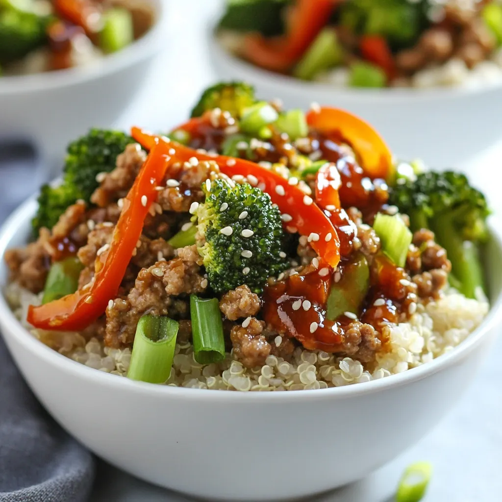 To make sweet spicy turkey broccoli bowls, you need these fresh and tasty ingredients: - 1 lb ground turkey - 2 cups broccoli florets - 1 red bell pepper, diced - 1 medium onion, sliced - 3 cloves garlic, minced - 2 tablespoons soy sauce - 1 tablespoon honey - 1 tablespoon sriracha (adjust to taste) - 1 tablespoon sesame oil - 1 teaspoon ginger, grated - 1 tablespoon olive oil - Cooked brown rice or quinoa (for serving) - Sesame seeds and sliced green onions (for garnish) These ingredients come together to create a dish that is both hearty and flavorful. Ground turkey is lean, making it a great protein choice. Broccoli adds crunch and nutrients. The red bell pepper and onion bring sweetness and texture. Garlic and ginger offer depth. The sauce, made from soy sauce, honey, and sriracha, gives a sweet and spicy kick. Sesame oil adds richness, while brown rice or quinoa serves as a satisfying base. Don't forget the garnishes! They make the dish pop with flavor and presentation. {{ingredient_image_1}} To start, heat a large skillet over medium heat. Add one tablespoon of olive oil. Once hot, add one pound of ground turkey. Use a spatula to break it apart. Cook for about five to seven minutes. The turkey should be browned and cooked through. Next, push the turkey to one side of the skillet. Add two cups of broccoli florets, one diced red bell pepper, and one medium sliced onion. Cook these for five to six minutes. Stir occasionally until the broccoli turns bright green and becomes tender. Now, stir in three cloves of minced garlic and one teaspoon of grated ginger. Cook this mixture for one to two minutes until you can smell the aroma. In a small bowl, whisk together two tablespoons of soy sauce, one tablespoon of honey, and one tablespoon of sriracha. Pour this sauce into the skillet with the turkey and veggies. Stir everything well. Let it simmer for about two minutes to heat through. Drizzle in one tablespoon of sesame oil. Mix it thoroughly into the turkey and vegetable blend. Taste and adjust the seasoning if needed. To serve, take bowls and divide cooked brown rice or quinoa among them. Top each bowl with the turkey and broccoli mixture. For added flavor and style, sprinkle sesame seeds and sliced green onions on top. Enjoy your Sweet Spicy Turkey Broccoli Bowls! To make the best Sweet Spicy Turkey Broccoli Bowls, focus on balance. The sweet taste from honey pairs nicely with the heat of sriracha. Adjust the sriracha to match your spice level. Adding more can make it spicier, while less will tone it down. Use fresh ginger for a bright flavor. Fresh garlic also adds depth. Cook the turkey in a hot skillet. Start with olive oil to help it brown. Break the turkey apart with a spatula as it cooks. This helps it cook evenly. Aim for a golden brown color for better flavor. Make sure it is fully cooked, reaching 165°F. This ensures it is safe to eat and tasty. For the veggies, keep them bright and crisp. Add broccoli florets and bell peppers after the turkey. Sauté for just a few minutes. You want them tender but still vibrant. Stir in garlic and ginger last, cooking for just a minute. This helps keep their flavors strong. Don't overcook your veggies; they should still have a little crunch. Pro Tips Use Lean Turkey: Opt for lean ground turkey to keep the dish healthier and reduce excess fat. This will provide a lighter flavor while still being filling. Customize Heat Level: Adjust the amount of sriracha based on your heat preference. Start with less and add more if you like it spicier! Fresh Ingredients: Use fresh broccoli and bell peppers for the best flavor and texture. Fresh ingredients can significantly elevate the dish! Make it a Meal Prep: This recipe is perfect for meal prep! Store individual portions in airtight containers for quick lunches or dinners throughout the week. {{image_2}} You can easily swap turkey for other proteins. Ground chicken or beef works well too. For a vegetarian option, use crumbled tofu or tempeh. Just make sure to cook them until they are nice and brown. Each protein brings its own flavor and texture. Try different meats or plant-based options to find your favorite! Feel free to mix up the veggies in your bowls. Carrots, snap peas, or bell peppers add a tasty twist. You can also use zucchini or mushrooms for a different texture. Just chop them into bite-sized pieces and cook them until tender. This way, you can use what you have on hand or what’s in season! If you like it hotter, add more sriracha. For mild flavors, reduce the sriracha or skip it altogether. You can also add crushed red pepper flakes for extra heat. If you prefer sweetness, increase the honey a bit. Adjusting the spice lets you tailor the dish to your taste. After enjoying your Sweet Spicy Turkey Broccoli Bowls, let them cool. Place leftovers in an airtight container. This keeps the flavors fresh. Store them in the fridge for up to 3 days. Make sure to separate the rice or quinoa from the turkey and veggies. This keeps everything from getting soggy. When you're ready to eat leftovers, reheat them gently. Use a microwave or a skillet. If using a microwave, heat in short bursts. Stir in between to ensure even heating. If using a skillet, add a splash of water or broth to prevent sticking. Heat until warm, about 5 minutes. You can freeze these bowls if you have extra. Portion them into freezer-safe containers. Make sure to cool them completely first. They can last up to 2 months in the freezer. When ready to eat, thaw them in the fridge overnight. Reheat as mentioned above. This way, you'll always have a quick meal ready! Yes, you can use chicken, beef, or tofu. Each choice brings a different taste. If you use chicken, choose ground chicken for a similar texture. For beef, lean ground beef works well. Tofu is a great option for a vegetarian dish. Just press it to remove extra water before cooking. To make it gluten-free, choose gluten-free soy sauce. You can find tamari as a good option. Make sure any other sauces, like sriracha, are also gluten-free. Use brown rice or quinoa, which are both naturally gluten-free. You can serve this dish with cooked brown rice or quinoa. Both add fiber and nutrients. For a refreshing touch, add a side salad. You might also enjoy it with steamed dumplings or spring rolls for extra flavor. This dish lasts about 3 to 4 days in the fridge. Store it in an airtight container for best results. When you’re ready to eat, just reheat it in the microwave or on the stove. Make sure it’s heated all the way through before serving. This blog post shared a tasty recipe for Sweet Spicy Turkey Broccoli Bowls. We covered key ingredients like ground turkey, broccoli, and flavorful sauces. I outlined step-by-step cooking instructions to help you prepare this dish with ease. We also explored tips to enhance flavor and suggested variations for different tastes. Remember, storing leftovers properly ensures you enjoy this meal longer. I hope you feel ready to try this recipe. It's simple, healthy, and delicious! Enjoy cooking!