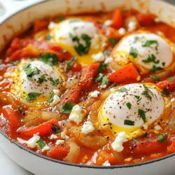 To make a great shakshuka, you need some key items. Here are the main ingredients: - 2 tablespoons olive oil - 1 medium onion, diced - 1 red bell pepper, diced - 3 cloves garlic, minced - 1 teaspoon ground cumin - 1 teaspoon smoked paprika - 1/2 teaspoon cayenne pepper (adjust to taste) - 1 can (14 oz) diced tomatoes, with juices - 4 large eggs - Salt and pepper to taste - Fresh parsley or cilantro for garnish These ingredients come together to create a tasty base. The onion and bell pepper add sweetness. Garlic gives a strong flavor, while tomatoes create a rich sauce. You can add some extra ingredients to make your shakshuka even better. Consider using: - Crumbled feta cheese - Chopped olives - Spinach or kale - Cooked sausage or chorizo These options let you customize your dish. Feta cheese adds a salty bite. Greens can bring freshness, while meats add heartiness. Spices are important for flavor in shakshuka. Here are the common spices: - Ground cumin - Smoked paprika - Cayenne pepper Cumin gives an earthy taste. Smoked paprika adds a hint of smoke and sweetness. Cayenne pepper offers heat. Adjust the cayenne to match your spice level. You can mix and match spices for your own twist. {{ingredient_image_1}} Start by heating olive oil in a large skillet over medium heat. Add the diced onion and red bell pepper. Cook them for about 5-7 minutes until they soften. Stir in the minced garlic, ground cumin, smoked paprika, and cayenne pepper. You can adjust the cayenne to fit your taste. Cook this mix for 1-2 minutes until it smells great. Then, pour in the canned diced tomatoes with their juices. Stir everything well and season with salt and pepper. Let the mix simmer for about 10 minutes. This will help it thicken a bit. Now, it’s time to add the eggs. Make four small wells in the thick tomato mixture. Crack one egg into each well. Cover the skillet and cook on low heat for about 5-7 minutes. You want the egg whites to be set, while the yolks stay runny. If you like your yolks firmer, cook them a bit longer. Keep an eye on them to get your perfect egg. Once the eggs are cooked to your liking, take the skillet off the heat. Sprinkle fresh parsley or cilantro on top for a pop of color. If you want extra flavor, add crumbled feta cheese. Serve warm with crusty bread or pita for a complete meal. Enjoy your shakshuka! To get the best eggs in shakshuka, start with low heat. This helps cook the eggs gently. For runny yolks, cook them for about 5 to 7 minutes. If you want firmer yolks, let them cook longer. Covering the skillet keeps the heat in and helps the eggs cook evenly. Remember to check the whites; they should be set while the yolks stay soft. To boost flavor, use fresh herbs like parsley or cilantro. They add brightness to the dish. Crumbled feta cheese brings creaminess and a salty kick. Spice lovers can adjust the cayenne pepper to their taste. You can also experiment with adding olives or capers for a briny flavor. Don’t skip the salt and pepper; they really bring everything together. A large skillet is key for making shakshuka. It gives you enough space to cook the veggies and eggs. A lid is also important to cover the skillet while the eggs cook. A good spatula helps you serve the shakshuka without making a mess. If you want to prep ahead, a sharp knife and a cutting board make chopping easy. Pro Tips Use Fresh Herbs: Fresh parsley or cilantro not only adds color but also enhances the flavor profile of your shakshuka. Adjust the Heat: If you prefer a milder dish, reduce the cayenne pepper or omit it entirely. For extra heat, consider adding sliced jalapeños. Perfectly Cooked Eggs: Keep an eye on the eggs while they cook; for runny yolks, about 5-7 minutes is ideal, but you can cook longer for firmer yolks. Serve with Bread: Shakshuka pairs wonderfully with crusty bread or pita for dipping into the flavorful sauce and eggs. {{image_2}} Shakshuka changes from place to place. In Tunisia, chefs add spicy sausage. This gives the dish a hearty kick. In Israel, you might find it topped with feta cheese. This creamy cheese adds a rich flavor. Each region has its own twist, making this dish fun to explore. Shakshuka is easy to make vegetarian. You can skip the eggs and add chickpeas instead. This keeps the meal filling. For a vegan version, use firm tofu. Crumble it into the sauce for protein. You can also add extra veggies like spinach or zucchini. These choices keep the dish healthy and colorful. Want to add meat or seafood? Ground lamb or beef works great. Cook it before adding the vegetables for the best flavor. For seafood, consider shrimp or fish. Cook them gently in the sauce until done. These proteins add depth and make your shakshuka even more satisfying. To store leftover shakshuka, let it cool first. Place it in an airtight container. Keep it in the fridge for up to three days. If you want to save it longer, consider freezing it. When reheating, do it gently. Use a skillet on low heat to warm the shakshuka. Stir occasionally to heat evenly. You can also use a microwave. Heat it in short bursts, checking often. This keeps the eggs from becoming rubbery. To freeze shakshuka, let it cool completely. Portion it into freezer-safe bags. Remove as much air as you can. Label the bags with the date. Shakshuka can last in the freezer for up to three months. When ready to eat, thaw it in the fridge overnight before reheating. Shakshuka comes from North Africa. It spread to Israel and became popular there. This dish blends eggs with tomatoes and spices. It is easy to make and very tasty. Many cultures have their own versions. Some use different spices or add toppings. Yes, you can use fresh tomatoes. Fresh tomatoes add a bright flavor. To use them, chop about 4 medium tomatoes. Cook them until soft before adding spices. Canned tomatoes are easier and save time. Both options taste great, so choose what you like. Shakshuka goes well with many foods. Try serving it with crusty bread. Pita or challah also works well. You can add a side salad for freshness. Hummus or tzatziki adds creaminess. These pairings make your meal more fun and tasty. Shakshuka is a tasty and versatile dish you can enjoy any time. We explored its key ingredients, step-by-step cooking methods, and helpful tips for great eggs. Variations let you customize to your taste, while storage advice ensures freshness for later meals. Embrace this dish’s rich history and adapt it to your kitchen needs. With these insights, you can make your shakshuka a standout meal. Enjoy cooking and experimenting with flavors!