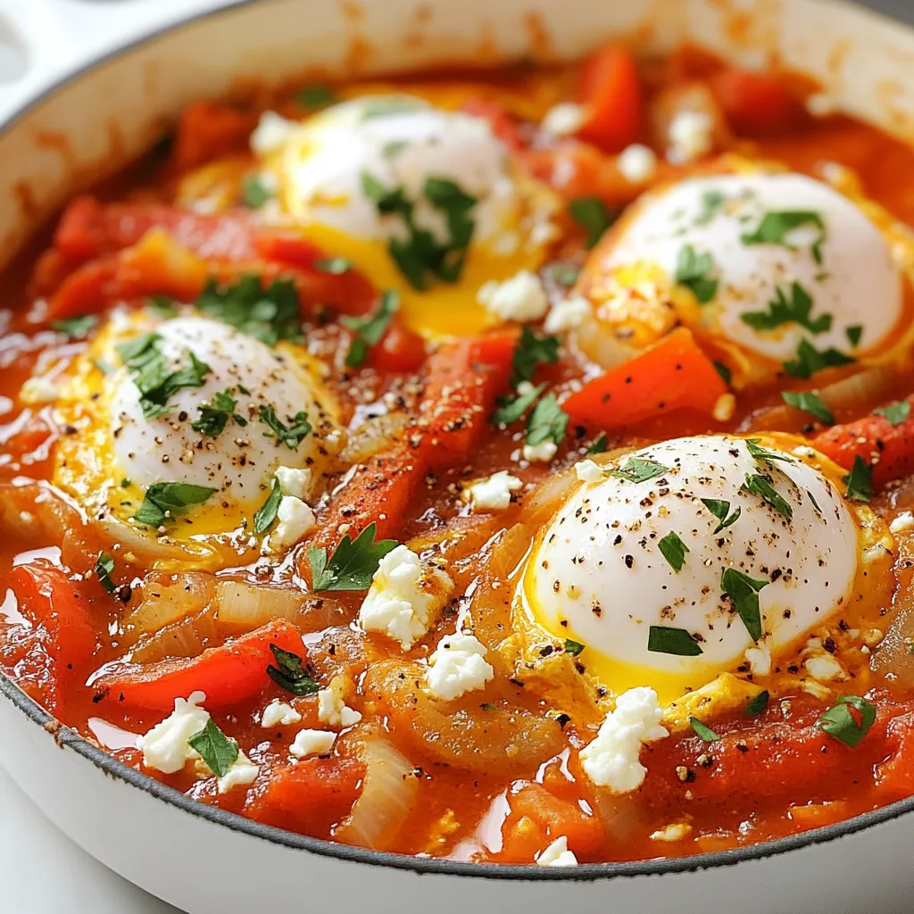 To make a great shakshuka, you need some key items. Here are the main ingredients: - 2 tablespoons olive oil - 1 medium onion, diced - 1 red bell pepper, diced - 3 cloves garlic, minced - 1 teaspoon ground cumin - 1 teaspoon smoked paprika - 1/2 teaspoon cayenne pepper (adjust to taste) - 1 can (14 oz) diced tomatoes, with juices - 4 large eggs - Salt and pepper to taste - Fresh parsley or cilantro for garnish These ingredients come together to create a tasty base. The onion and bell pepper add sweetness. Garlic gives a strong flavor, while tomatoes create a rich sauce. You can add some extra ingredients to make your shakshuka even better. Consider using: - Crumbled feta cheese - Chopped olives - Spinach or kale - Cooked sausage or chorizo These options let you customize your dish. Feta cheese adds a salty bite. Greens can bring freshness, while meats add heartiness. Spices are important for flavor in shakshuka. Here are the common spices: - Ground cumin - Smoked paprika - Cayenne pepper Cumin gives an earthy taste. Smoked paprika adds a hint of smoke and sweetness. Cayenne pepper offers heat. Adjust the cayenne to match your spice level. You can mix and match spices for your own twist. {{ingredient_image_1}} Start by heating olive oil in a large skillet over medium heat. Add the diced onion and red bell pepper. Cook them for about 5-7 minutes until they soften. Stir in the minced garlic, ground cumin, smoked paprika, and cayenne pepper. You can adjust the cayenne to fit your taste. Cook this mix for 1-2 minutes until it smells great. Then, pour in the canned diced tomatoes with their juices. Stir everything well and season with salt and pepper. Let the mix simmer for about 10 minutes. This will help it thicken a bit. Now, it’s time to add the eggs. Make four small wells in the thick tomato mixture. Crack one egg into each well. Cover the skillet and cook on low heat for about 5-7 minutes. You want the egg whites to be set, while the yolks stay runny. If you like your yolks firmer, cook them a bit longer. Keep an eye on them to get your perfect egg. Once the eggs are cooked to your liking, take the skillet off the heat. Sprinkle fresh parsley or cilantro on top for a pop of color. If you want extra flavor, add crumbled feta cheese. Serve warm with crusty bread or pita for a complete meal. Enjoy your shakshuka! To get the best eggs in shakshuka, start with low heat. This helps cook the eggs gently. For runny yolks, cook them for about 5 to 7 minutes. If you want firmer yolks, let them cook longer. Covering the skillet keeps the heat in and helps the eggs cook evenly. Remember to check the whites; they should be set while the yolks stay soft. To boost flavor, use fresh herbs like parsley or cilantro. They add brightness to the dish. Crumbled feta cheese brings creaminess and a salty kick. Spice lovers can adjust the cayenne pepper to their taste. You can also experiment with adding olives or capers for a briny flavor. Don’t skip the salt and pepper; they really bring everything together. A large skillet is key for making shakshuka. It gives you enough space to cook the veggies and eggs. A lid is also important to cover the skillet while the eggs cook. A good spatula helps you serve the shakshuka without making a mess. If you want to prep ahead, a sharp knife and a cutting board make chopping easy. Pro Tips Use Fresh Herbs: Fresh parsley or cilantro not only adds color but also enhances the flavor profile of your shakshuka. Adjust the Heat: If you prefer a milder dish, reduce the cayenne pepper or omit it entirely. For extra heat, consider adding sliced jalapeños. Perfectly Cooked Eggs: Keep an eye on the eggs while they cook; for runny yolks, about 5-7 minutes is ideal, but you can cook longer for firmer yolks. Serve with Bread: Shakshuka pairs wonderfully with crusty bread or pita for dipping into the flavorful sauce and eggs. {{image_2}} Shakshuka changes from place to place. In Tunisia, chefs add spicy sausage. This gives the dish a hearty kick. In Israel, you might find it topped with feta cheese. This creamy cheese adds a rich flavor. Each region has its own twist, making this dish fun to explore. Shakshuka is easy to make vegetarian. You can skip the eggs and add chickpeas instead. This keeps the meal filling. For a vegan version, use firm tofu. Crumble it into the sauce for protein. You can also add extra veggies like spinach or zucchini. These choices keep the dish healthy and colorful. Want to add meat or seafood? Ground lamb or beef works great. Cook it before adding the vegetables for the best flavor. For seafood, consider shrimp or fish. Cook them gently in the sauce until done. These proteins add depth and make your shakshuka even more satisfying. To store leftover shakshuka, let it cool first. Place it in an airtight container. Keep it in the fridge for up to three days. If you want to save it longer, consider freezing it. When reheating, do it gently. Use a skillet on low heat to warm the shakshuka. Stir occasionally to heat evenly. You can also use a microwave. Heat it in short bursts, checking often. This keeps the eggs from becoming rubbery. To freeze shakshuka, let it cool completely. Portion it into freezer-safe bags. Remove as much air as you can. Label the bags with the date. Shakshuka can last in the freezer for up to three months. When ready to eat, thaw it in the fridge overnight before reheating. Shakshuka comes from North Africa. It spread to Israel and became popular there. This dish blends eggs with tomatoes and spices. It is easy to make and very tasty. Many cultures have their own versions. Some use different spices or add toppings. Yes, you can use fresh tomatoes. Fresh tomatoes add a bright flavor. To use them, chop about 4 medium tomatoes. Cook them until soft before adding spices. Canned tomatoes are easier and save time. Both options taste great, so choose what you like. Shakshuka goes well with many foods. Try serving it with crusty bread. Pita or challah also works well. You can add a side salad for freshness. Hummus or tzatziki adds creaminess. These pairings make your meal more fun and tasty. Shakshuka is a tasty and versatile dish you can enjoy any time. We explored its key ingredients, step-by-step cooking methods, and helpful tips for great eggs. Variations let you customize to your taste, while storage advice ensures freshness for later meals. Embrace this dish’s rich history and adapt it to your kitchen needs. With these insights, you can make your shakshuka a standout meal. Enjoy cooking and experimenting with flavors!