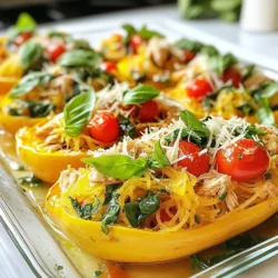 For this delicious Tuscan Chicken Spaghetti Squash, gather these key items: - 1 medium spaghetti squash - 2 boneless, skinless chicken breasts - 2 tablespoons olive oil - 3 cloves garlic, minced - 1 cup cherry tomatoes, halved - 1 cup spinach leaves - 1 teaspoon dried Italian herbs (basil, oregano, thyme) - ½ cup low-sodium chicken broth - ¼ cup grated Parmesan cheese - Salt and pepper to taste - Fresh basil leaves for garnish You can boost the taste with these extras: - Red pepper flakes for heat - A splash of white wine for depth - Lemon zest for brightness - Pine nuts for crunch Each serving of this meal is not just tasty but also healthy. Here’s what you get: - Calories: 320 - Protein: 30g - Carbohydrates: 20g - Dietary Fiber: 5g - Fat: 15g - Sodium: 400mg This dish balances protein and veggies, making it great for any meal! {{ingredient_image_1}} First, preheat the oven to 400°F (200°C). Take a medium spaghetti squash and cut it in half lengthwise. Scoop out the seeds with a spoon. Brush the insides lightly with olive oil. Sprinkle salt and pepper on the squash. Place it cut-side down on a baking sheet. Roast it in the oven for about 30-40 minutes. You want it to be tender when done. While the squash roasts, prepare the chicken. Take two boneless, skinless chicken breasts and season them with salt, pepper, and dried Italian herbs. Heat two tablespoons of olive oil in a skillet over medium heat. Add the chicken breasts to the skillet. Cook them for 6-7 minutes on each side. The chicken should reach an internal temperature of 165°F (75°C). Once cooked, remove the chicken and let it rest for a few minutes. In the same skillet, add three cloves of minced garlic. Sauté it for about one minute until it smells nice. Next, add one cup of halved cherry tomatoes and half a cup of low-sodium chicken broth. Cook until the tomatoes soften, which takes about 3-4 minutes. Stir in one cup of spinach leaves and let them wilt. Slice the cooked chicken and add it to the skillet. Mix everything well. When the spaghetti squash is ready, use a fork to shred the insides into strands. Add these strands to the skillet with the chicken and vegetables. Mix until everything is well integrated. Adjust the seasoning with salt and pepper if needed. Finally, stir in a quarter cup of grated Parmesan cheese until it melts. Serve hot, garnished with fresh basil leaves and an extra sprinkle of Parmesan if you like. Roasting spaghetti squash is simple. Start by preheating your oven to 400°F (200°C). Cut the squash in half lengthwise. Scoop out the seeds. Brush the insides with olive oil. Don’t forget to season with salt and pepper. Place the squash cut-side down on a baking sheet. Roast for 30-40 minutes. When done, the flesh should be tender and easy to shred. Use a fork to pull out strands that look like spaghetti. This adds a fun twist to your dish. Cooking chicken breasts can be tricky, but you can do it right. First, season the chicken with salt, pepper, and dried Italian herbs. Heat olive oil in a skillet over medium heat. Add the chicken and cook for 6-7 minutes on each side. Make sure to check the internal temperature, which should reach 165°F (75°C). Let the chicken rest for a few minutes after cooking. This keeps it juicy and tender. Avoid cutting the spaghetti squash before roasting. This can make it hard to cook evenly. Don’t rush the chicken; overcooking makes it dry. Also, skip the school of thought that says you need to add too many spices. Stick to the simple flavors of salt, pepper, and Italian herbs. Lastly, remember to let the chicken rest before slicing. This helps keep all the flavorful juices inside. Pro Tips Choose the Right Squash: Look for a spaghetti squash that feels heavy for its size and has a uniform color. This ensures better flavor and texture. Rest the Chicken: Allow the chicken breasts to rest for a few minutes after cooking. This helps retain their juices, making the meat more tender. Customize Your Veggies: Feel free to add other vegetables such as bell peppers or zucchini for additional flavor and nutrients in the dish. Storage Tips: Store any leftover spaghetti squash and chicken mixture in an airtight container in the fridge for up to 3 days. Reheat gently on the stove or in the microwave. {{image_2}} You can swap chicken with turkey or shrimp. Both options bring a nice taste. Turkey makes a lean choice, while shrimp adds a seafood flair. Cook them the same way as chicken. Just watch the cooking time. Shrimp cooks fast, so be mindful not to overdo it. To make this dish vegetarian, use chickpeas or tofu instead of chicken. Cook chickpeas until warm and mix them in. For tofu, press it to remove moisture, then sauté it for a golden crust. To make it vegan, skip the cheese or use a plant-based cheese. This keeps the flavors while making it suitable for all diets. You can enhance the dish with sun-dried tomatoes or olives. They add a burst of flavor. For a spicy kick, sprinkle in red pepper flakes. Fresh herbs like parsley or oregano can also brighten it up. If you love garlic, add more minced garlic to the sauce. Each of these tweaks can change the dish in fun ways! To store leftovers, let the dish cool down first. Place it in an airtight container. Make sure to separate the chicken and spaghetti squash if you can. This helps keep the squash from getting mushy. Store in the fridge for up to three days. To reheat, you can use a microwave or a skillet. If using a microwave, place the food in a bowl. Heat on medium for about two minutes. Stir halfway through for even heating. If using a skillet, add a splash of chicken broth. Heat over low heat until warm. For longer storage, freeze the leftovers. Use freezer-safe containers or bags. It's best to freeze the chicken and squash separately. This keeps their textures better. Label the containers with the date. You can freeze for up to three months. To thaw, place in the fridge overnight before reheating. Yes, you can use regular pasta instead of spaghetti squash. Just cook the pasta according to package instructions. Substitute the spaghetti squash with any pasta you like. This change will give you a classic pasta dish. However, you will miss out on the low-carb benefits of spaghetti squash. To make this recipe gluten-free, use gluten-free pasta or starch. You can also stick with the spaghetti squash. The squash is naturally gluten-free, so it works well. Always check labels on other ingredients, like chicken broth or cheese, to ensure they are gluten-free. If you need a substitute for Parmesan cheese, try nutritional yeast for a vegan option. You can also use Pecorino Romano or Grana Padano for a similar taste. Lastly, crumbled feta or goat cheese can give a different but tasty flavor. Cooked spaghetti squash lasts about 4 to 5 days in the fridge. Store it in an airtight container. Make sure it cools before sealing it up. If you want to keep it longer, consider freezing it. This blog post covered everything you need to make a tasty spaghetti squash dish. We went over the key ingredients, cooking steps, and ways to add your own flavor. I shared tips to avoid common mistakes and how to store leftovers properly. Remember, you can swap in different proteins or make it vegetarian. In the end, this dish is not just healthy; it’s fun to customize. Dive in, experiment, and enjoy your meal!