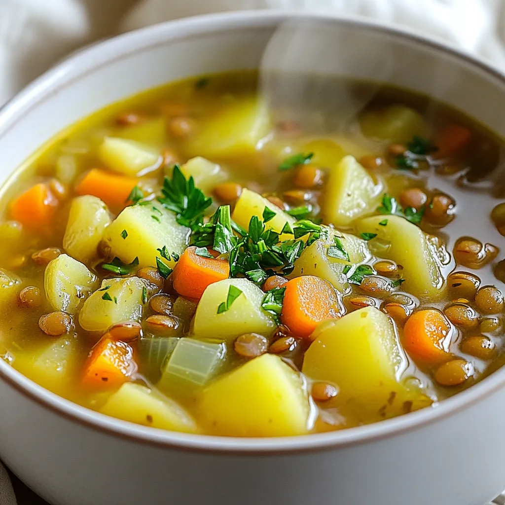 - 1 cup green or brown lentils, rinsed - 2 large potatoes, diced - 1 medium onion, chopped - 2 carrots, sliced - 2 celery stalks, diced - 3 cloves garlic, minced - 6 cups vegetable broth - 1 teaspoon cumin - 1 teaspoon smoked paprika - 1 bay leaf - Salt and pepper to taste - 2 tablespoons olive oil - Fresh parsley, chopped (for garnish) Each serving of this soup is filling and healthy. Here is what you get: - Calories: 250 - Protein: 12g - Carbohydrates: 40g - Fiber: 12g - Fat: 6g - Iron: 15% of your daily needs - Vitamin A: 20% of your daily needs You can swap out some ingredients if needed. Here are some ideas: - Use sweet potatoes instead of regular potatoes for a sweeter taste. - If you don’t have lentils, try using canned beans like chickpeas. - Replace vegetable broth with chicken broth for a non-vegetarian option. - Any onion type works; red or yellow can be used. - Add other veggies like spinach or kale for more nutrients. - Use ground coriander instead of cumin for a different flavor. This soup is flexible and easy to adapt to your tastes. Enjoy experimenting! {{ingredient_image_1}} Start by heating two tablespoons of olive oil in a large pot over medium heat. Add one medium onion, chopped, and sauté it until it turns clear, about five minutes. Next, add three minced garlic cloves, two sliced carrots, and two diced celery stalks. Cook these for another five minutes until they soften. Then, toss in two diced potatoes and stir well with the other veggies. Now it's time for spices. Sprinkle in one teaspoon of cumin, one teaspoon of smoked paprika, salt, and pepper to taste. Mix everything so the spices coat the vegetables evenly. Pour in one cup of rinsed green or brown lentils along with six cups of vegetable broth. Don’t forget to add one bay leaf! Bring this mixture to a boil. Once it boils, lower the heat and let it simmer uncovered for about thirty minutes. Your goal is to have the lentils and potatoes soft. If the soup gets too thick, add more broth or water. Before serving, take out the bay leaf. Taste your soup and adjust the seasoning if needed. Finally, ladle the soup into bowls and add fresh parsley on top for a nice touch. - When sautéing the onion, keep stirring to avoid burning. - If you want a deeper flavor, let the garlic cook for a minute before adding other veggies. - For even cooking, cut your potatoes into similar-sized pieces. - Adjust spice levels by adding more or less cumin and paprika based on your taste. - Always rinse lentils to remove any dirt or debris before cooking. - Prep Time: 15 minutes - Cooking Time: 30 minutes - Total Time: 45 minutes - Servings: 4 This method gives you a warm, hearty soup that's great for any day! To boost the taste of your soup, use fresh herbs like parsley. You can add thyme or rosemary for a fragrant touch. A dash of lemon juice can also brighten the flavor. If you like heat, try adding a pinch of red pepper flakes. These small additions make a big difference. Always rinse lentils before cooking. This helps remove dirt and debris. Check for small stones as you rinse. Use green or brown lentils for this soup. They cook well and hold their shape. Soak lentils for a few hours if you want them to cook faster. This step is not necessary, but it can save time. Avoid cooking lentils too long. They can turn mushy and lose texture. Don’t skip the bay leaf; it adds a nice depth of flavor. Be careful with salt. Add it slowly, as broth may already contain salt. Lastly, remember to remove the bay leaf before serving. It’s not tasty and can be a choking hazard. Pro Tips Soak Lentils: For a quicker cooking time, soak the lentils in water for a few hours before adding them to the soup. Add Extra Veggies: Feel free to add other vegetables like spinach or kale for added nutrition and flavor. Spice Level: If you prefer a spicier soup, consider adding a pinch of cayenne pepper or a diced jalapeño. Storage Tips: This soup can be stored in the fridge for up to 5 days or frozen for up to 3 months, making it great for meal prep. {{image_2}} You can boost the protein in your soup with meat. Try adding diced ham or cooked bacon. These options add a nice smoky flavor. If you prefer chicken, shredded rotisserie chicken works great too. Just add it in with the broth so it heats through. For beef lovers, ground beef or sausage can add a hearty touch. Just brown the meat first before adding the vegetables. This soup is already vegetarian, but you can make it even more colorful and nutritious. Add chopped spinach or kale for extra greens. Peas or corn can add sweetness and texture. You can also include zucchini or bell peppers for added flavor. Just remember to add these veggies later in the cooking process. This way, they stay bright and firm. To change the flavor of your soup, try different spices. Curry powder can give it a warm kick. If you like a bit of heat, add red pepper flakes. You can also experiment with fresh herbs like thyme or rosemary. These add a fresh taste that brightens the dish. For a creamy twist, stir in a splash of coconut milk just before serving. This gives the soup a rich, velvety texture. To store leftover soup, let it cool first. Pour the soup into an airtight container. Make sure the lid fits snugly. Place the container in the fridge. The soup will stay fresh for about 3 to 5 days. If you know you won't eat it soon, consider freezing it. For freezing, use a freezer-safe container. Leave some space at the top. The soup will expand as it freezes. You can also use freezer bags. Just remove as much air as possible before sealing. Your soup can last up to 3 months in the freezer. When you are ready to eat it, take it out and let it thaw in the fridge overnight. When reheating, pour the soup into a pot. Heat it over medium heat on the stove. Stir it often to help it heat evenly. If the soup is too thick, add a splash of broth or water. You can also microwave it in a bowl. Cover it to avoid spills. Heat it in short bursts, stirring in between. Enjoy your warm, hearty soup! Yes, you can use dried lentils in this soup. I recommend rinsing them well before use. Dried lentils add great flavor and nutrition. They will cook nicely in the broth. Just keep an eye on the cooking time since dried lentils take longer to cook compared to canned ones. If using dried lentils, expect to simmer the soup for about 10-15 minutes longer. To get the best texture, follow a few simple steps. First, ensure you chop the vegetables evenly. This helps them cook at the same rate. Second, add enough broth to keep the soup from being too thick. If it gets thick, just add a little more broth or water. Lastly, don’t overcook the lentils. They should be tender but not mushy. This way, your soup will have a nice, hearty feel. Hearty lentil potato soup pairs well with many sides. You can serve it with warm bread, like a crusty baguette or soft rolls. A simple salad with mixed greens adds freshness to your meal. For something heartier, try pairing it with a quinoa salad. These options will complement the soup’s rich flavors and make for a satisfying meal. In this article, we explored the key ingredients for making hearty lentil potato soup. We covered the cooking steps in detail and shared helpful tips. You learned about flavor enhancements and different variations to try. Plus, I shared storage and reheating advice to keep your soup fresh. Remember, small tweaks can make a big difference. Enjoy perfecting your soup along with your creativity!