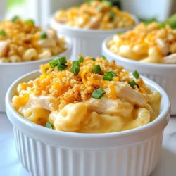 - 2 cups elbow macaroni - 1 cup cooked chicken breast, shredded - 1 cup shredded sharp cheddar cheese - 1 cup Greek yogurt - 1/2 cup low-sodium chicken broth - 1/2 cup cottage cheese - 1/2 cup honey BBQ sauce - 1/2 teaspoon garlic powder - 1/2 teaspoon onion powder - Salt and pepper to taste - Chopped green onions for garnish To make my High-Protein Honey BBQ Chicken Mac & Cheese, I gather all these ingredients first. The elbow macaroni forms the base of the dish. I always use cooked chicken breast. It adds protein and pairs well with the cheese. Shredded sharp cheddar cheese gives a rich flavor. Next, I prepare the creamy base. Greek yogurt adds protein and creaminess. I also add cottage cheese for a smooth texture. The low-sodium chicken broth helps blend everything together. I season with garlic and onion powder for taste. For the flavor boost, honey BBQ sauce brings a sweet and smoky flavor. I add salt and pepper to enhance all the tastes. Finally, I sprinkle chopped green onions on top for garnish. This adds a nice crunch and color. Gathering these ingredients sets me up for a delicious meal. It’s easy to make and full of flavor! {{ingredient_image_1}} - Boil water in a large pot and add a pinch of salt. - Cook the elbow macaroni according to package instructions until al dente. - Drain the macaroni and set it aside for later. - In the same pot, lower the heat to medium. - Add Greek yogurt, cheddar cheese, cottage cheese, chicken broth, garlic powder, onion powder, salt, and pepper. - Stir continuously until the cheese melts and the sauce turns creamy. - Mix shredded chicken and honey BBQ sauce into the cheese sauce. - Fold in the cooked macaroni until everything is evenly coated. - Preheat your oven to 350°F (175°C). - Transfer the mixture to a greased baking dish and add breadcrumbs on top. - Bake for 15-20 minutes until golden and bubbly. - Serve the mac and cheese in individual bowls. - Garnish with chopped green onions for a fresh pop of color and flavor. To cook perfect macaroni, you must aim for al dente pasta. This means the pasta should be firm but not hard when you bite it. Follow these tips: - Boil water in a large pot. - Add a good pinch of salt before putting in the macaroni. Salt adds flavor to the pasta. - Cook the macaroni based on the package instructions. Usually, this takes about 7-10 minutes. - Taste a piece to check if it is ready. If it is tender yet firm, drain it and set it aside. Getting a creamy texture is key for great mac and cheese. Here are some ways to adjust the sauce thickness: - If the sauce looks too thick after mixing, add a splash more chicken broth to thin it out. - You can also try using more Greek yogurt or cottage cheese if you want a richer texture. If you want alternatives to Greek yogurt or cottage cheese, consider using sour cream or cream cheese. These can also create a creamy base and add different flavors. Honey BBQ sauce gives this dish a sweet and tangy taste. To make it just right, you can adjust the sauce level. Here’s how: - Start with 1/2 cup of honey BBQ sauce and taste the mixture. If you want it sweeter, add more sauce. - You can also mix in a bit of hot sauce if you like some heat. Don't forget to think about other seasonings too. Adding a pinch of smoked paprika or cayenne can bring more depth to the flavor. Each little tweak can make your dish unique and tasty. Pro Tips Use Leftover Chicken: This recipe is perfect for using leftover rotisserie chicken or any cooked chicken, making it a quick and convenient option. Adjust the Creaminess: If you prefer a creamier mac and cheese, add more Greek yogurt or chicken broth gradually until you reach your desired consistency. Experiment with Cheese: Try using different types of cheese, like Monterey Jack or pepper jack, for a unique flavor twist in your mac and cheese. Perfect the Topping: For an extra crunch, consider mixing the breadcrumbs with a little melted butter and your favorite herbs before sprinkling on top. {{image_2}} You can switch up the protein in this dish. Try using turkey instead of chicken. Turkey gives a nice taste and is leaner. Lean beef is another option. It adds a rich flavor. For a vegetarian choice, use chickpeas. Chickpeas are high in protein and add great texture. Just mash them lightly before mixing in. You’ll still get the savory taste without meat. If you want a dairy-free version, use dairy-free cheese. There are many good brands that melt well. You can also swap Greek yogurt for a dairy-free yogurt. This keeps the creamy texture we love. For the creamy base, consider non-dairy milk. Almond, soy, or oat milk work wonders. Just use enough to make the sauce smooth. To make this dish even better, add veggies. Spinach or bell peppers are great choices. They add color and nutrients. Just chop them small and mix them in with the cheese. You can also play with BBQ sauce flavors. Try a spicy BBQ sauce for a kick. Or use a sweet sauce for a different taste. Mixing flavors keeps your meals exciting! To keep your High-Protein Honey BBQ Chicken Mac & Cheese fresh, store it in the fridge. Use an airtight container to prevent moisture loss. This way, it stays tasty and safe to eat. Make sure to cool the dish before sealing it up. Leftovers can last for about three to four days in the fridge. When it's time to enjoy leftovers, you have two great options: the microwave or the oven. The microwave is quick but can dry out the dish. To avoid this, add a splash of chicken broth before heating. Stir it well and heat in short intervals, checking often. The oven brings out the best flavor. Preheat it to 350°F (175°C), cover the dish with foil, and heat for about 15 to 20 minutes. This method helps keep the creaminess intact. Yes, you can freeze mac and cheese! To do this right, let it cool completely first. Then, place it in a freezer-safe container. Make sure to leave some space at the top, as it may expand when frozen. For best results, consume it within two to three months. When you’re ready to eat, thaw it in the fridge overnight. Reheat it slowly to keep that creamy texture. You can add more protein by using these ingredients: - Extra cooked chicken breast - Diced turkey or lean beef - Cooked chickpeas - Edamame or lentils - Additional cottage cheese or Greek yogurt Adding these will boost the protein and make your dish even heartier. Yes, you can prepare this dish in advance. Cook the macaroni and make the cheese sauce. Mix in the chicken and BBQ sauce. Store everything in the fridge. When ready to eat, just bake or heat it up. This saves time for busy days. To add heat, try these tips: - Use spicy BBQ sauce instead of regular - Add crushed red pepper flakes - Mix in diced jalapeños or hot sauce - Top with spicy cheese, like pepper jack These will bring a nice kick to your mac and cheese. Absolutely! Use gluten-free elbow macaroni. Many brands offer great options. Check labels to find one that fits your taste. You can also use gluten-free breadcrumbs for baking. You can switch up the cheese for fun flavors. Try: - Monterey Jack for a milder taste - Gouda for a smoky flavor - Mozzarella for a stretchy texture - Vegan cheese if you want a dairy-free option Each cheese will change the dish's taste and texture in a tasty way. This blog post shared a simple and tasty mac and cheese recipe. We explored main ingredients, creamy base items, and flavor boosters to enhance the dish. I also provided step-by-step instructions, tips for success, and ideas for variations. You can customize it easily to fit your tastes and dietary needs. Enjoy creating your version, and don’t forget to share it with family and friends!