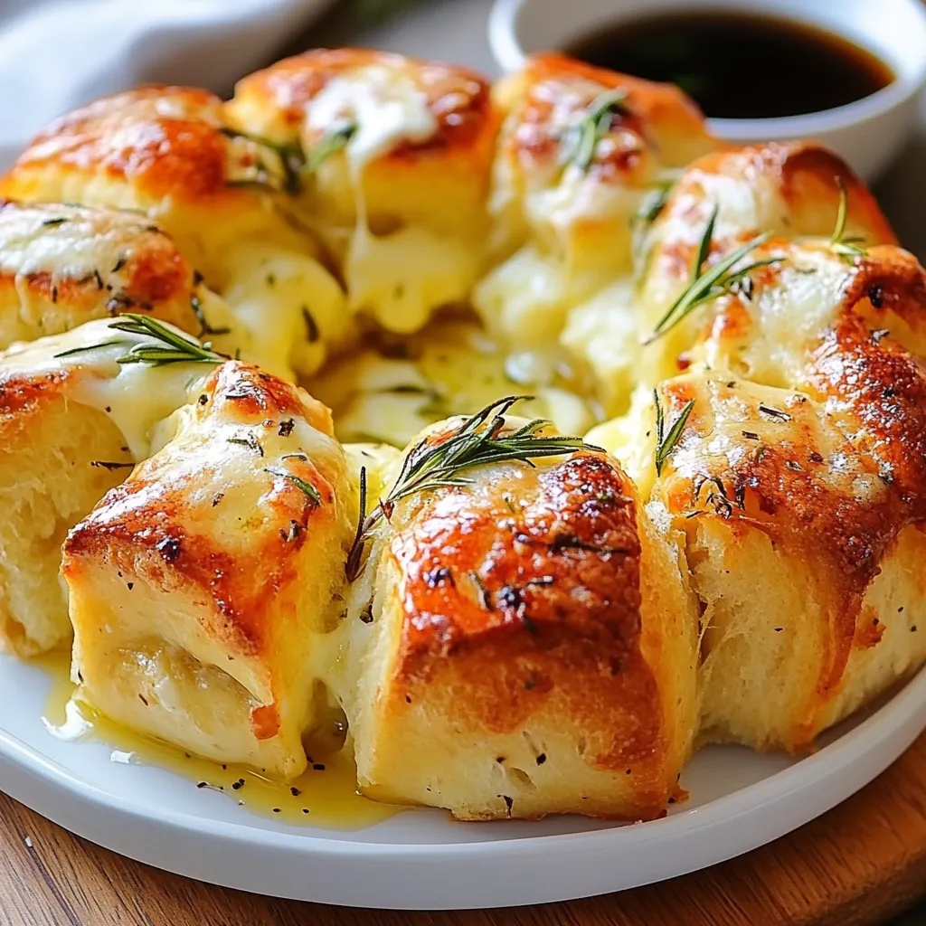 - 3 cups all-purpose flour - 1 packet (2 1/4 teaspoons) instant yeast - 1 tablespoon sugar - 1 teaspoon salt - 1 cup warm water (about 110°F/43°C) - 2 tablespoons olive oil - 1 tablespoon fresh rosemary, finely chopped (plus extra for topping) - 1 cup mozzarella cheese, cut into small cubes - 2 tablespoons melted butter - 1 teaspoon garlic powder - Freshly cracked black pepper to taste For this recipe, you need simple yet essential ingredients. Each one plays a key role in creating that delightful pull-apart bread. The flour forms the base. The instant yeast helps it rise. Sugar feeds the yeast, making it work better. Salt adds flavor and balances taste. Warm water kicks off the yeast action, while olive oil brings moisture and richness. Fresh rosemary gives a lovely aroma and flavor. The mozzarella is the star, melting beautifully inside each piece. Melted butter, garlic powder, and black pepper finish the bread with extra taste. The more fresh herbs you add, the better it will smell and taste. Trust me, these ingredients combine to create a bread that is hard to resist! {{ingredient_image_1}} - In a large mixing bowl, combine 3 cups of all-purpose flour, 1 packet of instant yeast, 1 tablespoon of sugar, and 1 teaspoon of salt. Mix these dry ingredients well. - Create a well in the center of the mixture. Pour in 1 cup of warm water and 2 tablespoons of olive oil. Stir this mixture until a dough starts to form. - Take the dough out and place it on a floured surface. Knead the dough for about 8-10 minutes until it feels smooth and elastic. - Once kneaded, place the dough in a greased bowl. Cover it with a kitchen towel. Let it rise in a warm spot for about 1 hour or until it doubles in size. - After the dough has risen, punch it down to release air. Divide the dough into 16 equal pieces. - Flatten each piece of dough. Place a cube of mozzarella cheese in the center. Pinch the edges of the dough around the cheese to seal it well. - Grease a loaf pan. Layer the filled dough balls in the pan, standing them up vertically. This step-by-step guide will help you create a delicious Mozzarella Stuffed Rosemary Pull Apart Bread that’s perfect for sharing! Kneading is key for great texture. I recommend kneading the dough for about 8 to 10 minutes. This helps develop the gluten. Use your palms and push the dough away, then fold it back. This motion works wonders. For rising, find a warm spot. Aim for about 75°F to 80°F. The dough needs warmth to rise well. Cover it with a kitchen towel to keep it cozy. If your kitchen is cold, place it near the oven while it preheats. This will help the dough double in size. Herbs and spices make all the difference. I love using fresh rosemary for its strong, fragrant taste. You can also add garlic powder for an extra kick. Mix these into the dough or brush them on top. For serving, consider tasty dips. A mix of olive oil and balsamic vinegar is a great choice. You can also offer marinara sauce for a fun twist. These dips will make each bite even better. Pro Tips Use Fresh Rosemary: Fresh herbs will give your bread a more vibrant flavor compared to dried herbs. Make sure to finely chop the rosemary for even distribution. Check Dough Temperature: Ensure your warm water is around 110°F (43°C) for optimal yeast activation. Too hot can kill the yeast, while too cold will slow down the rising process. Experiment with Cheese: While mozzarella is classic, feel free to mix in other cheeses like cheddar or provolone for a different flavor profile. Perfect Baking Time: Keep an eye on the bread towards the end of baking. If it starts browning too quickly, cover it with foil to prevent burning while ensuring it cooks through. {{image_2}} You can switch up the cheese in this recipe. While mozzarella is classic, try using provolone or fontina for a new taste. Both melt well and add depth to your bread. If you want more flavor, consider adding a bit of sharp cheddar or creamy goat cheese. Mixing cheeses can create a delightful surprise in each bite. You can also add fillings like sun-dried tomatoes or spinach for extra fun. These ingredients will complement the cheese and make your bread even tastier. While rosemary shines in this recipe, feel free to be creative with herbs. Basil, thyme, or parsley can give your bread a unique twist. Each herb brings its own flavor profile. You can also blend different herbs to create a complex taste. For example, combine rosemary with garlic for a bold flavor. Try adding some crushed red pepper for a spicy kick. Experimenting with herbs will make your pull-apart bread stand out. Serving pull-apart bread can be fun! You can present it warm on a wooden board for a rustic look. Pair it with olive oil and balsamic vinegar for dipping. This simple side brings out the bread's flavor. For a festive touch, add a few sprigs of fresh herbs on top. You can also serve it alongside soups or salads for a complete meal. This bread is perfect for gatherings or as a cozy snack. Enjoying it fresh from the oven is a must! To keep your mozzarella stuffed rosemary pull apart bread fresh, follow these steps: - Cool the Bread: Let the bread cool completely before storing. - Wrap It Up: Use plastic wrap or aluminum foil to wrap the bread tightly. - Refrigerate: Place the wrapped bread in the fridge. It will stay good for about 3-4 days. - Freezing: For longer storage, freeze the bread. Wrap it well, then place it in a freezer bag. It can last up to 3 months. When it's time to enjoy your leftovers, reheating is key: - Oven Method: Preheat your oven to 350°F (175°C). Unwrap the bread and place it on a baking sheet. Bake for about 10-15 minutes until warm. - Microwave Method: Place a slice on a microwave-safe plate. Heat for about 15-20 seconds. Be careful not to overheat, or the bread may become tough. - Maintain Texture: If using a microwave, cover the bread with a damp paper towel. This keeps it soft and moist. By storing and reheating correctly, you can savor this delightful bread days later! To make this bread, start by mixing flour, yeast, sugar, and salt in a bowl. Create a well in the center. Then, add warm water and olive oil. Stir until the dough forms. Knead the dough for about 8-10 minutes until smooth. Place it in a greased bowl and let it rise for an hour. Once it doubles in size, punch it down and divide it into 16 pieces. Flatten each piece, add a mozzarella cube, and seal it. Arrange the balls in a loaf pan. Brush with melted butter and garlic, then sprinkle with rosemary. Let it rise again for 30 minutes before baking at 375°F for about 25-30 minutes. Yes, you can use active dry yeast instead of instant yeast. Just remember to dissolve it in warm water first. Let it sit for about 5-10 minutes until it bubbles. This helps activate the yeast. The bread will still rise well and taste great. Once baked, pull apart bread lasts about 2-3 days at room temperature. Be sure to store it in an airtight container to keep it fresh. If you want it to last longer, refrigerate it. This can extend its shelf life to about a week. Yes, you can prepare the dough in advance. After kneading, place it in a greased bowl and cover it. You can let it rise in the fridge overnight. This slow rise adds flavor. Just remember to take it out an hour before baking to let it come to room temperature. This blog post covered how to make Mozzarella Stuffed Rosemary Pull Apart Bread. We discussed the ingredients needed, like flour, yeast, and cheese. Then, I shared step-by-step instructions for making the dough and shaping the rolls. You learned tips for perfect texture and flavor. We explored fun variations and how to store leftovers. Remember, you can easily swap ingredients and skills to make your bread unique. Enjoy your baking journey!